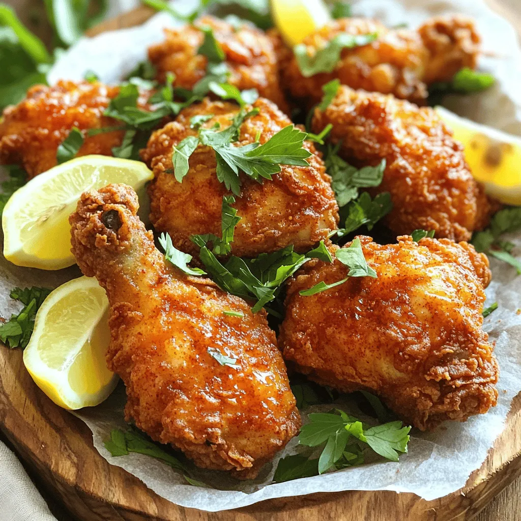 - Chicken pieces (legs or thighs) - Buttermilk - All-purpose flour - Garlic powder - Onion powder - Smoked paprika - Cayenne pepper - Vegetable oil (for frying) - Fresh herbs (for garnish) Gathering the right ingredients is key to a perfect crispy fried chicken. First, I like to choose chicken pieces, either legs or thighs. They stay juicy during frying. Buttermilk is my go-to for marinating. It adds flavor and keeps the chicken moist. All-purpose flour is essential for that crunchy coating. Next, I focus on seasonings. Garlic powder brings a bold taste. Onion powder adds depth. Smoked paprika gives a nice color and flavor. If you like spice, cayenne pepper is great. Adjust the amount to your taste. For frying, I use vegetable oil. It has a high smoke point, which is perfect for frying. Fresh herbs like thyme or parsley work well as a garnish. They add a pop of color and a fresh taste. For the complete recipe, check out the Full Recipe link. Enjoy your crispy fried chicken dinner that delights everyone! Marinating the chicken is key for flavor. I recommend at least 2 hours, but overnight is best. The buttermilk tenderizes the meat. It adds moisture and flavor. The acidity in buttermilk helps break down proteins, making the chicken juicy and soft. In a medium bowl, mix the all-purpose flour with spices. Combine garlic powder, onion powder, smoked paprika, cayenne pepper, salt, and pepper. Whisk well until the mixture is uniform. This mixture is what makes the chicken crispy. The right consistency should not be too thick or too thin. Once the chicken has marinated, remove it from the buttermilk. Let any excess drip off. Dredge each piece in the flour mixture. Make sure to coat them evenly. Shake off any extra flour. Place the coated chicken on a rack. This helps the coating stick better before frying. In a deep skillet, heat about 1 inch of vegetable oil over medium-high heat. To test if the oil is ready, drop a pinch of the flour mixture in. If it sizzles, the oil is hot enough. Place the chicken pieces skin side down in the hot oil. Fry in batches to avoid crowding. Cook for about 10-12 minutes until golden. Flip each piece and fry for another 8-10 minutes. After frying, use tongs to lift the chicken from the oil. Place it on a plate lined with paper towels. This drains excess oil and keeps it crispy. Let the chicken rest for a few minutes. Resting helps retain the juices and flavor. Before serving, sprinkle chopped fresh herbs on the chicken. This adds color and extra flavor. Serve the crispy fried chicken hot. Pair it with your favorite dipping sauces or crispy potato wedges. A fresh salad also complements this dish well. For the full recipe, check out Crispy Fried Chicken Delight. Enjoy your meal! To get that perfect crisp on your fried chicken, the oil temperature is key. Aim for 350°F (175°C) when frying. This heat ensures the chicken cooks evenly while forming a golden crust. A good rule of thumb is to use a thermometer to check the oil. When dredging, make sure to coat each chicken piece well. First, let the excess buttermilk drip off. Then, roll it in the flour mix. Shake off any extra flour. This helps the crust cling better. One common mistake is overcrowding the pan. If you add too many chicken pieces at once, the oil temperature drops. This makes the chicken greasy instead of crispy. Fry in small batches for best results. Another mistake is skipping the marination process. Marinating in buttermilk adds flavor and moisture. It also tenderizes the chicken. Do not rush this step for the best outcome. For frying, a cast-iron skillet works wonders. It holds heat well and gives a nice even cook. You can use a heavy-duty frying pan, too, as long as it’s deep enough. A digital thermometer is a must-have. It helps you monitor the oil temperature accurately. This way, you can avoid undercooking or burning your chicken. For more details, check out the Full Recipe for Crispy Fried Chicken Delight. {{image_4}} You can spice up your crispy fried chicken in many ways. Try adding different spices to the dredging mix. For a kick, use cayenne pepper, chili powder, or even hot sauce in your buttermilk. You can also go for a milder taste with herbs. Mixing in dried thyme, oregano, or rosemary in your flour gives the chicken a fresh flavor. If you want a healthier option, you can air-fry your chicken. This method uses hot air to cook the chicken, keeping it crispy without all the oil. Just coat the chicken as you would for frying and place it in the air fryer. Cook it at 375°F for about 25 minutes. Another great choice is oven-baking. Preheat your oven to 425°F. After coating the chicken, place it on a baking rack set over a sheet pan. Bake for about 30-35 minutes until golden brown. This method allows the chicken to cook evenly while keeping it crispy. Crispy fried chicken goes great with many sides. Classic choices include mashed potatoes, coleslaw, or cornbread. You can also serve it with a fresh green salad or mac and cheese. Dipping sauces can truly enhance your meal. Consider making homemade ranch, honey mustard, or spicy aioli. These sauces bring extra flavor and fun to your chicken dinner. For the full recipe, check out the Crispy Fried Chicken Delight. To keep your crispy fried chicken fresh, follow these tips: - Allow the chicken to cool to room temperature. - Place it in an airtight container. - Store it in the fridge. For safe storage, eat it within 3 to 4 days. After this time, the quality may drop, and it may not be safe to eat. When it’s time to enjoy leftover chicken, reheating properly is key. Here are some methods: - Oven Reheating for Crispiness: Preheat your oven to 400°F. Place the chicken on a wire rack over a baking sheet. Heat for about 15-20 minutes. This method keeps the chicken crispy. - Microwave vs. Air Fryer Reheating: Microwaving will warm the chicken but can make it soggy. For better results, use an air fryer. Set it to 375°F and heat for 5-7 minutes. This keeps the crunch intact. For the complete Crispy Fried Chicken Delight recipe, check out the Full Recipe. To get crispy chicken, follow a few simple tips. First, use cold buttermilk for marinating. It helps the coating stick. Second, ensure your oil is hot enough. The right temperature is key. A good test is to drop a bit of flour in; if it sizzles, you’re ready. Finally, avoid overcrowding the pan. Frying in batches keeps the oil hot and the chicken crispy. Yes, you can use different cuts of chicken. While legs and thighs are great, wings and breasts work well too. Just adjust cooking times for smaller pieces. For wings, fry them for about 8-10 minutes. For breasts, make sure they reach 165°F to be safe to eat. If you don’t have buttermilk, there are easy swaps. You can mix one cup of milk with a tablespoon of vinegar or lemon juice. Let it sit for a few minutes to thicken. Plain yogurt or sour cream can also work in a pinch. You can store crispy fried chicken in the fridge for up to four days. Make sure to place it in an airtight container. For longer storage, freeze it for up to three months. Just remember to reheat it properly to keep it crispy. Crispy fried chicken pairs well with many sides. Classic choices include mashed potatoes, coleslaw, or cornbread. You can also serve it with crispy potato wedges or a fresh salad. For a fun twist, try serving it with homemade dipping sauces like ranch or honey mustard. For the complete recipe, check out Crispy Fried Chicken Delight . Making Crispy Fried Chicken involves key ingredients, methods, and tips. You learned about marinating with buttermilk and the essential spices for flavor. I've shared step-by-step instructions that guide you through cooking crisp, golden chicken. Avoid common mistakes for the best results. Explore variations to keep this dish exciting every time you cook it. Enjoy your crispy fried chicken with delicious sides and sauces. With the right tools and techniques, you can impress anyone at your table!