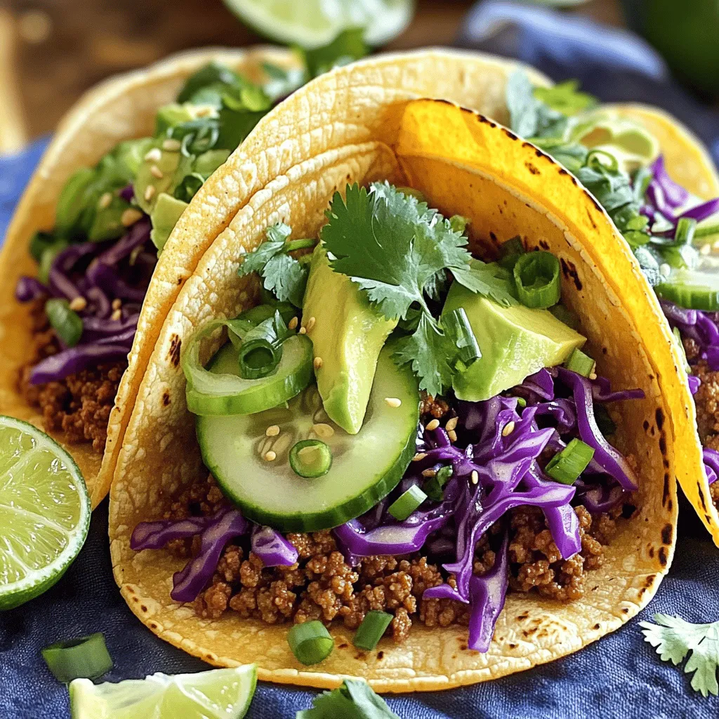 To make these tasty Korean beef tacos, gather the following ingredients: - 1 lb ground beef - 2 tablespoons soy sauce - 1 tablespoon sesame oil - 2 tablespoons brown sugar - 3 cloves garlic, minced - 1-inch piece of fresh ginger, grated - 1 teaspoon red pepper flakes - 8 small corn tortillas - 1 cup shredded purple cabbage - 1 cucumber, thinly sliced - 1 ripe avocado, sliced - 2 green onions, finely chopped - Fresh cilantro leaves for garnish - Lime wedges for serving The core of these tacos is the beef and marinade. The ground beef, soy sauce, and sesame oil are a must. They give the dish its rich, savory flavor. Brown sugar adds a touch of sweetness. Garlic and ginger boost the taste with depth. Red pepper flakes add warmth, but you can skip them if you prefer less heat. The tortillas are also essential. They hold all the delicious fillings. For toppings, you have options. Purple cabbage adds crunch, while cucumber and avocado bring freshness and creaminess. Green onions and cilantro add bright flavors, but you can leave them out if you wish. Adding toppings can make your tacos even better. Shredded purple cabbage not only adds color but also a nice crunch. Cucumber slices refresh each bite. Avocado slices give a creamy contrast to the spicy beef. Don't forget lime wedges! Squeezing fresh lime juice over the tacos adds a zesty kick. You can switch up the flavors by using different herbs like mint or basil. If you want a stronger taste, try kimchi as a topping. For a sweet twist, add mango salsa. Each addition creates a unique flavor experience. For the full recipe, check out the complete cooking instructions. Start by gathering your ingredients. In a medium bowl, mix the ground beef with soy sauce, sesame oil, brown sugar, minced garlic, grated ginger, and red pepper flakes. Make sure the beef is well-coated. This mix adds flavor and depth. Allow the beef to marinate for at least 10 minutes. If you have more time, let it sit longer for better taste. Heat a large skillet over medium-high heat. Once hot, add the marinated beef. Cook for about 5-7 minutes. Use a spatula to break the meat as it cooks. This step helps create a nice texture. You want the beef to be fully browned and no longer pink. Keep stirring to avoid burning. While the beef cooks, warm your corn tortillas. You can heat them in a dry skillet or wrap them in a damp towel and microwave for about 15 seconds. Now, take a warm tortilla and place a scoop of the beef mixture in the center. Next, add shredded purple cabbage, cucumber slices, and avocado. These toppings add crunch and creaminess. Finally, sprinkle green onions and fresh cilantro on top. Serve with lime wedges to squeeze over the tacos for a zesty finish. Enjoy your Korean beef tacos! For a full recipe, check the earlier section. To get the best flavor, use a hot skillet. Start with medium-high heat. This helps the beef brown nicely. Break the meat apart as it cooks. Keep stirring to avoid burning. Browned beef has a rich taste. Use a mix of soy sauce and sesame oil for great flavor. It adds depth and a little sweetness. Warm tortillas are key for tasty tacos. You can heat them in a dry skillet. Cook each side for about 30 seconds. This brings out their flavor. If you're short on time, try the microwave. Wrap them in a damp paper towel. Heat for 15-20 seconds. This keeps them soft and pliable. Make your tacos look as good as they taste! Use a colorful platter for serving. Arrange the tacos neatly. Garnish with fresh cilantro on top. Add lime wedges around the tacos. This not only looks nice but adds flavor. Guests will love the bright colors and fresh toppings. For a fun touch, let everyone build their own taco! You can find the Full Recipe for more detailed steps. {{image_4}} You can easily switch the beef for plant-based options. Try using lentils or mushrooms. They give a great texture and flavor. You can also use tofu, tempeh, or jackfruit. For a vegan sauce, mix soy sauce with maple syrup and garlic. This adds a sweet and savory taste. The toppings can change how your tacos taste. You can add kimchi for a spicy kick. Sliced radishes add crunch and color. Try adding pickled carrots for a tangy flavor. Fresh herbs like mint or basil can also work well. You can make a simple slaw with cabbage, carrots, and a splash of vinegar for freshness. You control the spice level in your tacos. If you love heat, add more red pepper flakes or sriracha. For milder flavors, skip the red pepper flakes. You can also serve the tacos with hot sauce on the side. This way, everyone can choose their spice level. Enjoy experimenting to find what you love! To keep your leftover Korean beef fresh, place it in an airtight container. Make sure to cool it first. You can store it in the fridge for up to three days. This way, it stays safe to eat. If you want to enjoy it later, consider freezing it. When you're ready to reheat your beef, avoid using the microwave if you can. Instead, warm it in a skillet over medium heat. Add a splash of water or broth to keep it moist. Stir it often until it's heated through. This method helps maintain its great flavor and texture. For longer storage, freezing is a smart choice. Place the beef in a freezer-safe bag or container. Remove as much air as possible before sealing. Label the bag with the date. You can freeze it for up to three months. When you’re ready to eat, thaw it in the fridge overnight. Then, reheat it as mentioned above. You can find the full recipe for Korean Beef Tacos earlier in this article. Enjoy your delicious meal! Korean beef tacos mix Korean flavors with classic tacos. They use tasty ground beef marinated in soy sauce, sesame oil, and spices. You cook the beef until brown and juicy. Then, you pile it into warm corn tortillas. Add crunchy cabbage, fresh cucumber, and creamy avocado for a great meal. Yes, you can use other meats. Ground turkey or chicken works well too. If you want a richer flavor, try ground pork. For a healthier choice, lean beef is perfect. Just adjust cooking time to ensure all meats cook through properly. To make these tacos gluten-free, use tamari instead of soy sauce. Tamari tastes similar but has no wheat. Ensure your tortillas are gluten-free as well. Many brands offer corn tortillas that are safe for gluten-free diets. Many side dishes go great with these tacos. Try a fresh cucumber salad for a light touch. Kimchi adds a spicy crunch. You can also serve rice or quinoa for a filling meal. For a fun twist, make some sweet potato fries! In this article, we explored the key ingredients for Korean beef tacos and their variations. You learned how to prepare and cook the beef perfectly and assemble tasty tacos. I shared tips for cooking, keeping tortillas fresh, and creative serving ideas. I also discussed storage tips for leftovers and answered common questions. Remember, you can customize this dish to fit your tastes and dietary needs. Enjoy making your own Korean beef tacos and impressing your friends and family!
