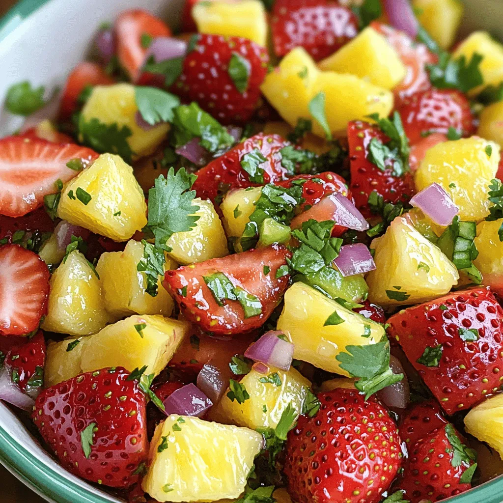 To make strawberry pineapple fruit salsa, gather these fresh ingredients: - 1 cup fresh strawberries, hulled and finely diced - 1 cup fresh pineapple, peeled and diced - 1/4 cup red onion, finely minced - 1 jalapeño, seeded and finely minced - 1/4 cup fresh cilantro leaves, roughly chopped - Juice of 1 ripe lime - 1 tablespoon honey (optional, for a touch of sweetness) - Sea salt and freshly cracked black pepper to taste Fresh ingredients really make this salsa shine. They bring vibrant colors and bold flavors. Using ripe fruit adds natural sweetness and juiciness. Fresh herbs like cilantro boost the taste and aroma. This salsa is all about freshness. It is key to a delicious outcome. Choosing ripe fruit is simple with a few tips. For strawberries, look for bright red color and a sweet scent. The berries should be firm but not too hard. For pineapple, check for a sweet smell at the base and a slight give when pressed. The skin should be golden and free of blemishes. Ripe fruit adds the best taste and texture to your salsa. Start by washing your strawberries well. Hull them and chop them finely. You want small pieces for a good mix. Next, take your fresh pineapple, peel it, and cut it into bite-sized cubes. Fresh fruit makes this salsa pop with flavor. In a medium bowl, combine the diced strawberries and pineapple. This mix creates a colorful base for your salsa. Add finely minced red onion and jalapeño for a nice crunch and a bit of heat. Then, toss in chopped cilantro for a fresh taste. Now, squeeze the juice of one lime over your fruit mix. If you like it sweeter, add honey. Mix everything gently with a spatula. Be careful not to mash the strawberries! Finally, season with sea salt and cracked black pepper. Let your salsa rest at room temperature for about 15 minutes. This helps the flavors combine. For the full recipe, check out the section above. You can serve your strawberry pineapple fruit salsa in many fun ways. Try it with crispy tortilla chips for a tasty snack. You can also use it as a topping on grilled chicken or fish. The sweet and spicy mix adds a fresh twist to any meal. If you want, serve it in small cups for a party. This makes it easy for guests to enjoy! To change the flavor of your salsa, play with the ingredients. If you want it sweeter, add a bit more honey. If you prefer spice, toss in more jalapeño. You can also try adding diced mango for an extra fruity taste. A pinch of cumin can add warmth, while a splash of orange juice gives a nice twist. Taste as you mix to find your perfect balance. A colorful dish is always more inviting. Serve your salsa in a pretty bowl to make it stand out. Add a few extra cilantro leaves on top for color. You can even arrange some lime wedges around the bowl. This adds a pop of green and is a nice touch. The vibrant colors of the strawberries and pineapple will catch everyone’s eye. For a fun twist, try using a clear glass dish to show off the layers. You can find more ideas in the Full Recipe section. {{image_4}} You can change your salsa with fun tropical fruits. Try adding mango or kiwi. Both fruits bring sweetness and color. You can also mix in diced papaya for a unique twist. Each fruit adds its own taste and texture. You can even add shredded coconut for a fun crunch. This makes your salsa even more exciting! If you want less sugar, you have options. Use agave syrup instead of honey. It has a lower glycemic index. Maple syrup is another great choice. It adds a warm, rich flavor. You can also skip sweeteners and let the fruit shine. The natural sweetness of ripe fruit is often enough! Spice is all about balance. If you want a mild salsa, leave out the jalapeño. You can also remove the seeds for less heat. For a spicier kick, add more jalapeño or even a serrano pepper. Fresh diced chili will also work well. Adjust the spice to suit your taste! For the full recipe, check out the details above. Store your leftover strawberry pineapple fruit salsa in an airtight container. This keeps the flavors fresh. Place it in the fridge right after serving. The salsa will stay good for about 2-3 days. If you notice any liquid at the bottom, just stir it back in. To keep your salsa fresh, avoid adding salt until you're ready to serve. Salt draws out moisture and can make the salsa soggy. Also, store it away from strong-smelling foods in the fridge. This way, your salsa retains its bright flavor. You can freeze this salsa if you have too much. Use a freezer-safe bag or container. Leave some space for the salsa to expand as it freezes. It will last for about 2-3 months in the freezer. When you’re ready to eat it, thaw it in the fridge overnight. The texture may change a bit, but the taste will still be great. For the full recipe, check out the earlier section. Enjoy your salsa! Strawberry Pineapple Fruit Salsa lasts about three days in the fridge. Store it in an airtight container. The flavors will get better as it sits, but avoid leaving it too long. After three days, the fruit may start to break down. Yes, you can use frozen fruit! However, fresh fruit gives the best texture. If using frozen fruit, let it thaw and drain any excess juice. This prevents your salsa from being too watery. Frozen fruit works well in a pinch but may lose some crunch. This salsa is super versatile! It goes great with grilled chicken or fish. You can also serve it with tortilla chips for a fun snack. Try it on tacos for a sweet twist. It also adds a fresh touch to salads. Don't be afraid to experiment! In this post, we explored key ingredients for delicious Strawberry Pineapple Fruit Salsa. Fresh, ripe fruits make a difference in taste. We outlined how to prepare and mix them for the best flavor. I shared tips on serving and presentation, along with fun variations to try. Storing leftovers properly keeps your salsa fresh. Remember, you can customize the flavors to suit your taste. Creating fruit salsa can be simple and fun! Enjoy getting creative with your fruit combinations.