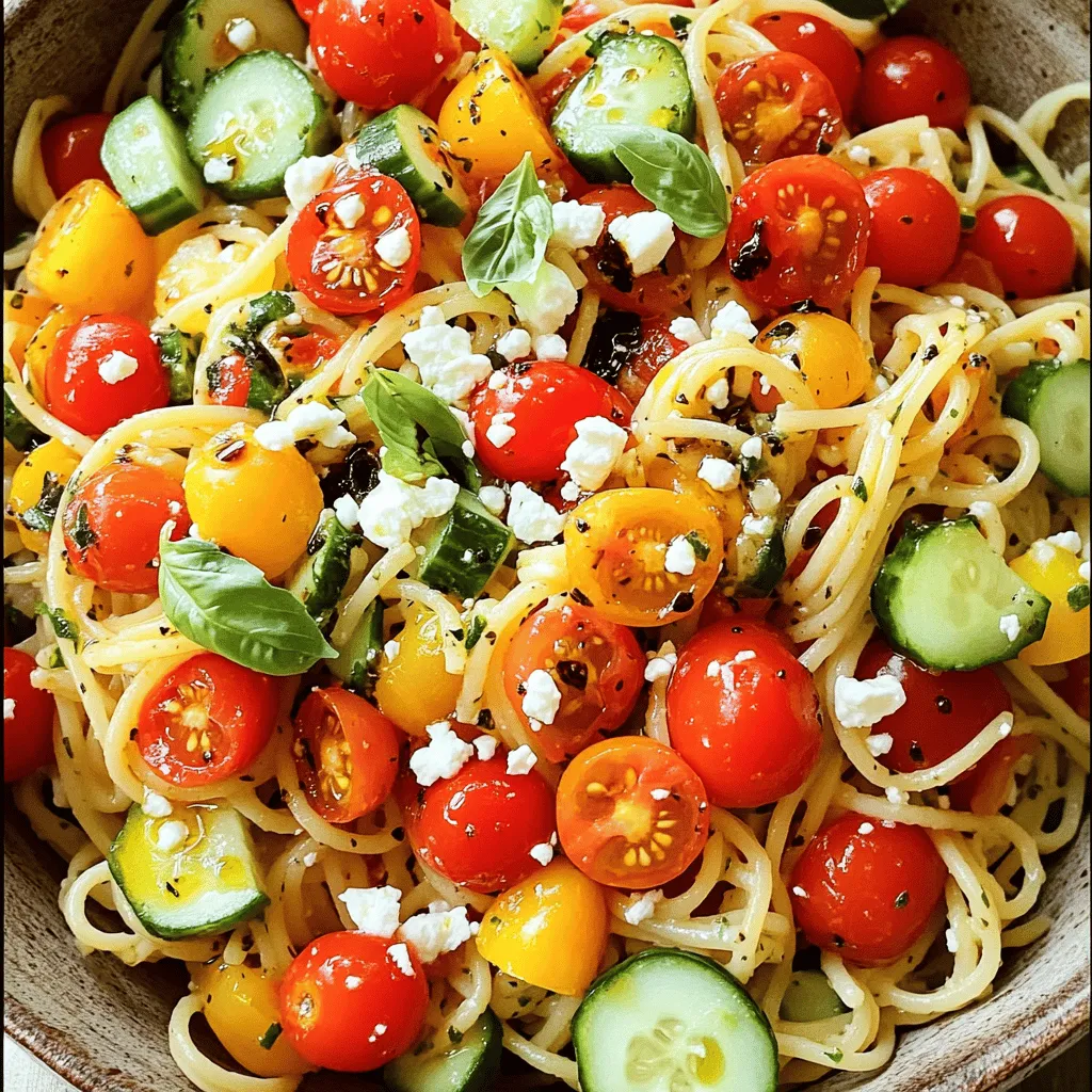 Gather these simple ingredients to create your vibrant spaghetti salad. Each one adds flavor and color. - 8 oz spaghetti - 1 cup cherry tomatoes, halved - 1 cucumber, diced into bites - 1 bell pepper (red or yellow), diced - 1/2 red onion, finely minced - 1/4 cup black olives, pitted and sliced - 1/4 cup feta cheese, crumbled - 1/4 cup fresh basil leaves, roughly chopped - 3 tablespoons extra virgin olive oil - 2 tablespoons balsamic vinegar - 1 teaspoon garlic powder - Salt and pepper to taste Using fresh ingredients makes this dish pop. The cherry tomatoes bring sweetness, while the cucumber adds crunch. The bell pepper and red onion bring a nice zing. Feta cheese gives a creamy touch. Fresh basil gives it a lovely aroma. You can find the full recipe above, which shows you how to mix these ingredients into a delightful salad. Remember, the balance of flavors is key. Don't shy away from tasting as you go! To start, we need to cook the spaghetti. First, boil a pot of salted water. This step helps the pasta absorb flavor while it cooks. Once the water is bubbling, add the spaghetti. Cook it for about 8 to 10 minutes. You want it to be al dente, or firm to the bite. After the pasta is done, drain it in a colander. Rinse the spaghetti under cold water. This cools it down and stops the cooking process. Set the spaghetti aside while you prepare the veggies. Now, let's get colorful with our salad. Take a large mixing bowl. Chop the salad vegetables into bite-sized pieces. Add 1 cup of halved cherry tomatoes, 1 diced cucumber, and 1 diced bell pepper. You can choose red or yellow, depending on what you like. Next, finely mince half a red onion. Add this to the bowl along with a quarter cup of sliced black olives. Give everything a good stir to mix the flavors. Once the spaghetti is cool, it's time to mix it. Add the spaghetti to the large bowl with your fresh vegetables. Gently fold the spaghetti into the mix. In a separate small bowl, whisk together 3 tablespoons of extra virgin olive oil, 2 tablespoons of balsamic vinegar, and 1 teaspoon of garlic powder. Add a pinch of salt and pepper. This is your dressing! Drizzle it over the spaghetti and vegetables. Toss everything gently to coat. Now, sprinkle a quarter cup of crumbled feta cheese and a quarter cup of roughly chopped basil leaves on top. Lightly toss again to spread the cheese and basil evenly. Taste your salad and adjust the seasoning if needed. Enjoy this vibrant spaghetti salad with friends or family. You can find the full recipe above. To achieve al dente pasta, boil water with salt. Once it’s boiling, add the spaghetti. Cook it for 8 to 10 minutes until tender yet firm. This gives your salad the right texture. Rinsing pasta is key. After draining, run it under cold water. This stops the cooking process and cools the pasta. Rinsing also removes extra starch. This keeps the noodles from sticking together. Adjusting seasoning can change your dish. If you like more spice, add red pepper flakes. For a zesty kick, try lemon juice. Taste as you go and find your perfect balance. Pair fresh herbs to boost flavor. Basil is great, but you can also use parsley or dill. Each herb adds a unique taste. Experiment to find what you love most. Serve your salad in a large bowl for family-style meals. For individual servings, use small plates. This makes each dish look special and inviting. Garnish your salad with extra basil leaves and a sprinkle of feta. This adds color and a fresh touch. A beautiful presentation makes your meal more enjoyable, so take the time to make it shine. For the full recipe, please refer to the earlier section. {{image_4}} You can easily make this salad vegetarian. Swap out vegetables based on the season. Use fresh corn in the summer or roasted squash in the fall. This keeps the salad lively and tasty. For a vegan option, try plant-based cheeses. They add creaminess without dairy. Look for options like almond-based feta or cashew cheese. Want to make your salad more filling? Add protein! Grilled chicken or shrimp works great. Just chop them into bite-sized pieces and mix them in. If you prefer plants, beans are perfect. Black beans or chickpeas add protein and texture. They also make the dish heartier. Don’t be afraid to play with dressings! Try different vinegars, like apple cider or red wine. Each brings a new flavor twist. You can also add spicy elements for a kick. A dash of hot sauce or red pepper flakes can wake up your salad. Mix and match to find your favorite dressing! For more ideas, check the Full Recipe. To store leftover spaghetti salad, place it in an airtight container. This keeps it fresh and tasty. Make sure the salad is cool before sealing it up. You can store it in the fridge for up to three days. When you want to eat it again, give it a little stir. The flavors will mix again and taste great. Yes, you can freeze spaghetti salad! Just make sure to use a freezer-safe container. It can last for about a month in the freezer. To thaw, move it to the fridge for a few hours or overnight. When ready to serve, let it sit at room temperature for about 30 minutes. This makes it easier to eat. If it seems dry, drizzle a little olive oil before you dig in. Enjoy your quick and delicious spaghetti salad from the Full Recipe! You can prepare spaghetti salad in advance with ease. First, cook the spaghetti and let it cool completely. This helps it not stick together. Chop your veggies and store them separately. Combine the spaghetti and veggies just before serving. This keeps everything fresh and crunchy. You can also make the dressing ahead. Just store it in a jar in the fridge. This way, it’s ready when you are. Aside from the recipe’s dressing, you can try Italian dressing for a zesty twist. A simple lemon vinaigrette adds a bright flavor. Ranch dressing also works if you prefer a creamier taste. If you want a kick, a spicy vinaigrette could be fun. Don’t be afraid to mix and match to find your favorite. Yes, you can use gluten-free pasta for this recipe. It cooks just like regular pasta. Just follow the package instructions for the best results. The flavors in the salad will still shine through. It’s a great option for those with gluten sensitivities. Enjoy your meal without worry. This post shared a quick and tasty recipe for spaghetti salad. You learned how to cook the pasta, prepare fresh veggies, and mix them with a flavorful dressing. Remember, you can vary ingredients to suit your taste and season. Storage tips will help keep your leftovers fresh. Overall, this dish is simple, customizable, and perfect for any meal. Enjoy your cooking and sharing this delightful salad!
