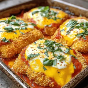 - 2 large boneless, skinless chicken breasts - Marinara sauce and mozzarella cheese - Panko breadcrumbs and Parmesan cheese - Garlic powder, Italian seasoning, salt, and pepper - Flour and eggs for the breading process - Olive oil for frying To make a great Crispy Chicken Parmesan, gather these fresh ingredients. The chicken is the star, so choose large, high-quality breasts. Marinara sauce brings flavor, and mozzarella adds creaminess. The panko breadcrumbs provide that perfect crunch, while Parmesan gives a rich taste. You will need seasonings to enhance the dish. Garlic powder and Italian seasoning add depth. Salt and pepper ensure the chicken is tasty. For the breading process, flour will help the egg stick, and eggs act as glue for the breadcrumbs. Olive oil is key for frying, making the chicken golden and crispy. Now that you have the ingredients, let’s move to the next steps in preparing this delicious meal. You can find the Full Recipe for more detailed instructions. To get a great crispy coating on your chicken, follow a few key steps. First, make sure to pound the chicken breasts to an even thickness. This helps them cook evenly. Next, set up your breading station with three shallow dishes. Use one for flour, one for beaten eggs, and one for the panko and Parmesan blend. For the breading, use panko breadcrumbs. They are light and airy, which gives your chicken that perfect crunch. The blend of panko and grated Parmesan cheese not only adds flavor but also enhances the texture. This combination makes your chicken golden brown and crispy. To boost the flavor of your chicken Parmesan, think about adding herbs and spices. Fresh basil, oregano, or thyme can elevate the dish. Garlic powder and Italian seasoning are great staples to include, but don't be afraid to get creative. When it comes to marinara sauce, homemade is often the best choice. It can add a fresh taste that store-bought options might lack. However, if you're short on time, a good quality store-bought sauce can still work well. Just look for one with simple ingredients for the best flavor. Pair your Chicken Parmesan with ideal side dishes. A simple green salad with a tangy vinaigrette complements the richness of the chicken. Garlic bread is another classic choice. It helps soak up any extra marinara sauce on your plate. For presentation, serve your Chicken Parmesan on a large platter. Drizzle some marinara sauce around the edges. Add a sprinkle of extra Parmesan cheese and a few fresh basil leaves for a pop of color. This not only looks beautiful but also makes your meal more inviting. For a lighter meal, you can bake the chicken instead of frying it. This change cuts down the oil and fat. You can also swap regular breadcrumbs for whole wheat breadcrumbs. They add fiber and a nutty flavor. Low-fat cheese is another great option. It will still melt well and taste good. If you want to skip the meat, try eggplant or zucchini instead. Slice them thick, coat them the same way as chicken, and bake. This makes a tasty eggplant or zucchini Parmesan. You can also use plant-based cheese to keep it vegan. This way, everyone can enjoy the dish. Want to mix things up? Try adding different cheeses like provolone or goat cheese. They bring unique flavors to the dish. You can also experiment with flavored marinara sauces. Look for garlic, basil, or spicy versions. These small changes can make your Crispy Chicken Parmesan fun and exciting. {{image_4}} To keep your leftover Chicken Parmesan fresh, place it in the fridge right away. Make sure it cools to room temperature first. Then, wrap it tightly in plastic wrap or foil. You can also use an airtight container. This helps keep moisture in and air out. Store it in the fridge for up to three days. The best way to reheat Chicken Parmesan is in the oven. Preheat your oven to 350°F (175°C). Place the chicken on a baking sheet. Cover it loosely with foil to keep it from drying out. Heat for about 15-20 minutes, or until it's warm throughout. If you want to keep it crispy, remove the foil for the last 5 minutes. You can also serve it with extra marinara sauce on the side for added flavor. If you have more leftovers, you can freeze Chicken Parmesan. It’s best to freeze it without the sauce for better texture. Wrap each piece tightly in plastic wrap, then place them in a freezer bag. This method keeps them fresh for up to three months. When you’re ready to eat, thaw the chicken in the fridge overnight. Reheat it in the oven as mentioned before. Enjoy your delicious meal again! To make your chicken extra crispy, you must focus on the breading. Use panko breadcrumbs instead of regular breadcrumbs. Panko gives a lighter, crunchier texture. Here are some key techniques: - Double Breading: Dip the chicken in flour, then egg, and coat it again with breadcrumbs. - Resting Time: Let the breaded chicken sit for a few minutes before frying. This helps the coating stick. - Hot Oil: Make sure the oil is hot before adding chicken. This creates a crispy crust quickly. Yes, you can prepare this dish ahead of time. Here are some tips for meal prepping Chicken Parmesan: - Bread the Chicken: Bread the chicken and store it in the fridge for up to a few hours. This keeps it fresh. - Cook and Store: You can cook the chicken and store it in the fridge. Just reheat it later with the sauce and cheese. - Freezing: You can also freeze the breaded chicken. Just make sure to separate layers with parchment paper. Pairing sides with your Crispy Chicken Parmesan can enhance the meal. Here are some great options: - Pasta: Spaghetti or fettuccine with marinara sauce works well. - Salad: A fresh green salad provides a nice contrast. - Garlic Bread: Crunchy garlic bread offers great flavor and texture. The Crispy Chicken Parmesan Delight involves several simple steps. You start with preparing the chicken and then breading it. Frying gives it a golden crust. Baking with marinara and cheese makes it so tasty. For a beautiful presentation, consider these tips: - Plating: Serve on a large platter with marinara sauce on the side. - Garnish: Add fresh basil leaves and a sprinkle of Parmesan on top for a pop of color. These steps will ensure your meal not only tastes good but looks great, too! Crispy Chicken Parmesan combines simple ingredients with easy steps for a delicious meal. We discussed the right chicken, tasty coatings, and helpful tips for that perfect crunch. You can also explore variations, healthy options, and storage methods to enjoy your dish longer. Remember to experiment with flavors and pairings to make it uniquely yours. Enjoy making this tasty recipe, and share it with those you care about!