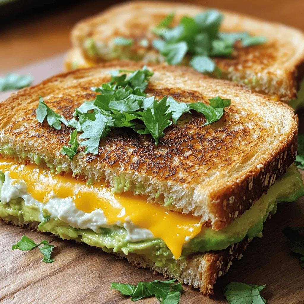 - 2 slices of whole-grain bread - 1 ripe avocado - 1 cup shredded sharp cheddar cheese - 1/4 cup cream cheese - 1 tablespoon fresh lemon juice - 1 tablespoon extra virgin olive oil - 1/2 teaspoon garlic powder - Salt and freshly cracked pepper - Fresh herbs for garnish (optional) When I make my creamy avocado grilled cheese, I start with the main ingredients. Whole-grain bread gives a nice, hearty base. I use one ripe avocado, perfectly mashed, which adds a creamy texture. Shredded sharp cheddar cheese melts beautifully and gives great flavor. Next, I mix in some additional ingredients. A quarter cup of cream cheese adds richness. Fresh lemon juice brightens the dish. I also use extra virgin olive oil for cooking, which enhances the taste and helps achieve that golden crust. Seasoning is key! I use garlic powder for a savory kick. A pinch of salt and freshly cracked pepper brings everything together. Optionally, I add fresh herbs on top for color and flavor. These simple ingredients create a delightful sandwich that is hard to resist! For the full recipe, check out the complete guide. To make the avocado spread, start with a ripe avocado. Mash it well in a medium bowl. Then, add 1/4 cup of softened cream cheese. This gives the spread a rich texture. Next, pour in 1 tablespoon of fresh lemon juice. This adds brightness and helps keep the avocado green. Add 1/2 teaspoon of garlic powder, salt, and pepper to taste. Stir until smooth. You want a creamy, flavorful mixture. Now, take two slices of whole-grain bread. Spread the avocado mixture on one side of each slice. Make sure to cover it well for full flavor. On one uncoated side, layer 1 cup of shredded sharp cheddar cheese. It should be an even layer. This cheese is key to the gooey goodness you want! Heat 1 tablespoon of extra virgin olive oil in a skillet over medium heat. Once it shimmers, carefully place the sandwich in the skillet. Cook each side for about 3-4 minutes. You want a lovely golden brown color. After the first side is done, flip the sandwich with care. Keep cooking for another 3-4 minutes until the cheese is melted. Once cooked, take the sandwich out and let it rest for a minute. This helps the cheese set. Then, slice it in half diagonally. It makes for a nice look when serving. For an extra touch, consider adding some fresh herbs on top. Enjoy this creamy avocado grilled cheese delight! Don’t forget to check the Full Recipe for more details. To make the best creamy avocado grilled cheese, use a heavy skillet. A heavy skillet helps cook the sandwich evenly. It gives that nice, golden crust we all love. Here are some tips to keep your sandwich crispy: - Use fresh bread for the best texture. - Spread a thin layer of olive oil on the bread. - Avoid pressing down too hard with the spatula. You can boost the flavor of your sandwich with spices. Try adding: - A sprinkle of paprika for a smoky touch. - A dash of red pepper flakes for heat. - Fresh herbs like cilantro or basil for brightness. For side dishes, consider serving: - A simple salad for freshness. - Tomato soup for a classic combo. - Crunchy pickles to add texture. To make your sandwich look gourmet, follow these tips: - Cut the sandwich in half diagonally for a nice look. - Serve it on a rustic wooden board or a colorful plate. - Garnish with fresh herbs for color. For dipping sauces, try: - A tangy balsamic glaze for sweetness. - A zesty aioli for creaminess. - A simple marinara for a fun twist. Check out the Full Recipe for more details on crafting your perfect creamy avocado grilled cheese! {{image_4}} If you want to switch up the cheese, try different options. Mozzarella gives a nice stretch. Gouda adds a smoky flavor. Or, use pepper jack for a spicy kick. Mixing cheeses can enhance taste. Combine sharp cheddar with creamy havarti for depth. You can add more flavor to the avocado spread. Fresh herbs like basil or cilantro brighten the dish. A pinch of chili powder can introduce a kick. You might even mix in some diced tomatoes. For protein, consider adding cooked bacon or chicken. These add texture and make the sandwich heartier. Choosing the right bread is key. Sourdough offers a tangy flavor and crisp crust. Whole-grain is hearty and nutritious. For gluten-free options, try gluten-free bread or rice cakes. Each choice creates a unique grilled cheese experience. To keep your grilled cheese fresh, store it in an airtight container. This helps prevent moisture loss and keeps the bread from getting soggy. Place a paper towel in the container to absorb any extra moisture. It’s best to eat your sandwich within two days for optimal taste. For reheating, the skillet works best. Heat it on low and add a little oil. Place the sandwich in the skillet and cover it with a lid. This helps the cheese melt without burning the bread. If you use a microwave, your sandwich may get soggy. The microwave is quick but loses the crispy texture. Yes, you can freeze grilled cheese sandwiches. Wrap them tightly in plastic wrap, then place in a freezer bag. This prevents freezer burn. When ready to eat, thaw in the fridge overnight. To reheat, use a skillet for the best results. Enjoy your creamy avocado grilled cheese even after saving it! For the full recipe, check out the details above. You can enjoy this tasty sandwich with many sides. Here are some ideas: - A simple salad with mixed greens. - Tomato soup for a classic combo. - Crunchy pickles for a tangy bite. - Sweet potato fries for a fun twist. - Fresh fruit like apple slices or berries. To make a vegan version, swap out dairy items. Use these substitutes: - Replace cream cheese with vegan cream cheese. - Use plant-based cheese instead of sharp cheddar. - Choose a vegan butter or oil for grilling. Yes, you can make the avocado spread ahead of time. Here are some tips: - Store it in an airtight container. - Add lemon juice to keep it fresh longer. - Use within one day to avoid browning. The creaminess comes from key ingredients: - Ripe avocado provides a smooth texture. - Cream cheese adds richness and tang. - Sharp cheddar melts beautifully, enhancing the creaminess. Making this sandwich is quick and easy: - Prep time is about 10 minutes. - Cooking time takes around 5-8 minutes. - Total, it takes just 15 minutes to enjoy. You can customize this recipe easily. Here are some fun ideas: - Add spicy pepper jack cheese for heat. - Mix in chopped herbs like basil or cilantro. - Layer in sliced tomatoes or spinach for freshness. - Try different breads, like sourdough or rye, for a twist. For the full recipe, check out the earlier sections! The creamy avocado grilled cheese is a delightful mix of flavors. We covered the main ingredients, like whole-grain bread and sharp cheddar. The cooking process and tips help you make it perfectly golden. You can create unique versions with different cheeses or add veggies. Proper storage and reheating ensure you enjoy leftovers. This recipe is easy, tasty, and great for all ages. Try it today and impress everyone with this simple comfort food. Enjoy your new favorite sandwich experience!