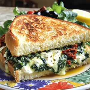 - 2 slices of hearty whole-grain bread - 1 cup fresh spinach, finely chopped - 1/4 cup crumbled feta cheese - 1/4 cup sun-dried tomatoes, roughly chopped - 1 tablespoon black olives, pitted and chopped - 1 tablespoon extra virgin olive oil - 1 tablespoon unsalted butter - Salt and freshly cracked pepper, to taste - Optional: 1/2 teaspoon dried oregano or basil Gathering the right ingredients is vital for making a great Mediterranean spinach grilled cheese. I love using hearty whole-grain bread. It gives a nice texture and flavor. Fresh spinach adds a bright and healthy touch. I always choose crumbled feta cheese for its creamy and tangy taste. The sun-dried tomatoes bring a sweet, rich flavor that balances well with the spinach. Black olives add a lovely briny note. Make sure to have olive oil on hand. It helps to sauté the spinach just right. Unsalted butter is perfect for achieving that crisp crust. A pinch of salt and freshly cracked pepper brings everything together. If you want to boost the flavor, try adding dried oregano or basil. These optional herbs can elevate the taste even more. When you have these ingredients, you are ready to create a delightful treat. Check out the [Full Recipe] for step-by-step guidance. 1. Heat a small skillet on medium. Add one tablespoon of olive oil and wait for it to warm. 2. Toss in one cup of finely chopped spinach. Sauté for 2-3 minutes. Look for vibrant green color. 3. In a bowl, mix the sautéed spinach with 1/4 cup crumbled feta, 1/4 cup chopped sun-dried tomatoes, and 1 tablespoon chopped black olives. 4. If desired, sprinkle in 1/2 teaspoon dried oregano or basil. Season with salt and freshly cracked pepper to taste. Set this filling aside. 1. Preheat a non-stick frying pan over medium heat. 2. Generously spread unsalted butter on one side of each slice of hearty whole-grain bread. 3. Place one slice in the skillet, buttered side down. 4. Evenly spread the spinach and cheese mixture over this slice. Ensure the filling covers the bread completely. 5. Top with the second slice of bread, buttered side facing up. 1. Cook the sandwich, keeping an eye on it. Aim for about 3-4 minutes. The bottom should turn golden brown. 2. Using a spatula, gently flip the sandwich over. Grill the other side until it is golden and the cheese melts. This should take another 3-4 minutes. 3. Once both sides are perfectly toasted, remove the sandwich from the pan. Let it rest for a minute. 4. Slice it in half for easy handling. Enjoy your Mediterranean Spinach Grilled Cheese! For the complete process, check the [Full Recipe]. To make your Mediterranean Spinach Grilled Cheese truly shine, focus on two key points: gooey cheese and crisp bread. - Ensuring gooey cheese: Use high-quality cheeses like feta and a melting cheese. Combine them well. Mix the feta with your spinach for creamy bites. This keeps the cheese from becoming rubbery. - Avoiding soggy bread: Butter both sides of the bread. This helps create a nice barrier against moisture. Use a non-stick pan over medium heat. This way, the bread toasts nicely without burning. Serving your grilled cheese is just as important as making it. Here are some ideas to elevate your dish: - Ideal accompaniments: Pair your sandwich with a light salad. A simple mix of greens dressed in olive oil and lemon juice works well. You can also serve it with a bowl of tomato soup for a classic touch. - Presentation ideas: Use a colorful plate to showcase your sandwich. Cut it in half for a more inviting look. Add a few olives or cherry tomatoes on the side for extra color. This makes the dish pop and looks appetizing. Don’t forget to check out the [Full Recipe] for more details on preparing this delightful treat! {{image_4}} You can swap the feta cheese for other tasty options. Try mozzarella for a stretchy feel. Goat cheese adds a tangy kick. Cheddar gives a sharp flavor, while provolone offers a mild touch. Each cheese brings its own fun twist to the sandwich. You can mix and match to find your favorite. The Mediterranean has a bounty of veggies to explore. Add roasted red peppers for a sweet touch. Artichoke hearts bring a unique flavor and texture. Zucchini slices can add freshness and crunch. You could also include mushrooms for an earthy taste. Experimenting with different veggies makes each grilled cheese special. Adding spices or herbs can elevate your dish. Sprinkle in some garlic powder for a savory punch. A pinch of red pepper flakes can add heat. Fresh herbs like parsley or dill brighten the flavors. Every little bit of spice or herb can make your sandwich sing. Don't be afraid to get creative! To keep your Mediterranean Spinach Grilled Cheese fresh, wrap it tightly in foil or plastic wrap. This keeps moisture in and prevents it from drying out. Place the wrapped sandwich in an airtight container. Store it in the fridge for up to three days. If you want to keep it longer, consider freezing it. Just make sure to wrap it well to avoid freezer burn. For the best results, reheat the sandwich in a skillet. Heat the skillet over medium heat and add a little butter. Place the sandwich in the pan, cooking it for about 3-4 minutes on each side. This method keeps the bread crispy while warming the cheesy filling. You can also use an oven. Preheat it to 350°F (180°C). Wrap the sandwich in foil and heat it for 10-15 minutes. This way, it stays crunchy on the outside and gooey on the inside. Yes, you can use various breads. Here are some great options: - Sourdough - Ciabatta - Rye - Gluten-free bread Each type gives a unique flavor and texture. Experiment and find your favorite! Yes, this recipe works well for meal prep. Here are some tips: - Prepare the spinach filling in advance. - Store it in the fridge for up to three days. - Assemble the sandwich just before grilling for the best taste. This way, you'll enjoy a quick and tasty meal anytime. To make this recipe vegan, swap out dairy ingredients with these options: - Use vegan cheese instead of feta. - Replace butter with vegan butter or olive oil. - Ensure your bread is dairy-free. These changes keep the delicious flavor while making it plant-based. You can check out the [Full Recipe] for Mediterranean Spinach Grilled Cheese Delight. This blog post covers how to craft a Mediterranean Spinach Grilled Cheese. We explored key ingredients, focusing on whole-grain bread, fresh spinach, and flavorful cheeses. I shared step-by-step instructions for cooking, along with tips for the perfect crunch and gooeyness. You can also make delightful variations and store your leftovers effectively. In closing, these tips and ideas will elevate your grilled cheese experience. Enjoy experimenting with flavors and textures in your kitchen!