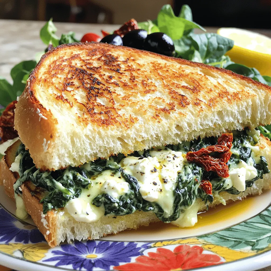 - 2 slices of hearty whole-grain bread - 1 cup fresh spinach, finely chopped - 1/4 cup crumbled feta cheese - 1/4 cup sun-dried tomatoes, roughly chopped - 1 tablespoon black olives, pitted and chopped - 1 tablespoon extra virgin olive oil - 1 tablespoon unsalted butter - Salt and freshly cracked pepper, to taste - Optional: 1/2 teaspoon dried oregano or basil Gathering the right ingredients is vital for making a great Mediterranean spinach grilled cheese. I love using hearty whole-grain bread. It gives a nice texture and flavor. Fresh spinach adds a bright and healthy touch. I always choose crumbled feta cheese for its creamy and tangy taste. The sun-dried tomatoes bring a sweet, rich flavor that balances well with the spinach. Black olives add a lovely briny note. Make sure to have olive oil on hand. It helps to sauté the spinach just right. Unsalted butter is perfect for achieving that crisp crust. A pinch of salt and freshly cracked pepper brings everything together. If you want to boost the flavor, try adding dried oregano or basil. These optional herbs can elevate the taste even more. When you have these ingredients, you are ready to create a delightful treat. Check out the [Full Recipe] for step-by-step guidance. 1. Heat a small skillet on medium. Add one tablespoon of olive oil and wait for it to warm. 2. Toss in one cup of finely chopped spinach. Sauté for 2-3 minutes. Look for vibrant green color. 3. In a bowl, mix the sautéed spinach with 1/4 cup crumbled feta, 1/4 cup chopped sun-dried tomatoes, and 1 tablespoon chopped black olives. 4. If desired, sprinkle in 1/2 teaspoon dried oregano or basil. Season with salt and freshly cracked pepper to taste. Set this filling aside. 1. Preheat a non-stick frying pan over medium heat. 2. Generously spread unsalted butter on one side of each slice of hearty whole-grain bread. 3. Place one slice in the skillet, buttered side down. 4. Evenly spread the spinach and cheese mixture over this slice. Ensure the filling covers the bread completely. 5. Top with the second slice of bread, buttered side facing up. 1. Cook the sandwich, keeping an eye on it. Aim for about 3-4 minutes. The bottom should turn golden brown. 2. Using a spatula, gently flip the sandwich over. Grill the other side until it is golden and the cheese melts. This should take another 3-4 minutes. 3. Once both sides are perfectly toasted, remove the sandwich from the pan. Let it rest for a minute. 4. Slice it in half for easy handling. Enjoy your Mediterranean Spinach Grilled Cheese! For the complete process, check the [Full Recipe]. To make your Mediterranean Spinach Grilled Cheese truly shine, focus on two key points: gooey cheese and crisp bread. - Ensuring gooey cheese: Use high-quality cheeses like feta and a melting cheese. Combine them well. Mix the feta with your spinach for creamy bites. This keeps the cheese from becoming rubbery. - Avoiding soggy bread: Butter both sides of the bread. This helps create a nice barrier against moisture. Use a non-stick pan over medium heat. This way, the bread toasts nicely without burning. Serving your grilled cheese is just as important as making it. Here are some ideas to elevate your dish: - Ideal accompaniments: Pair your sandwich with a light salad. A simple mix of greens dressed in olive oil and lemon juice works well. You can also serve it with a bowl of tomato soup for a classic touch. - Presentation ideas: Use a colorful plate to showcase your sandwich. Cut it in half for a more inviting look. Add a few olives or cherry tomatoes on the side for extra color. This makes the dish pop and looks appetizing. Don’t forget to check out the [Full Recipe] for more details on preparing this delightful treat! {{image_4}} You can swap the feta cheese for other tasty options. Try mozzarella for a stretchy feel. Goat cheese adds a tangy kick. Cheddar gives a sharp flavor, while provolone offers a mild touch. Each cheese brings its own fun twist to the sandwich. You can mix and match to find your favorite. The Mediterranean has a bounty of veggies to explore. Add roasted red peppers for a sweet touch. Artichoke hearts bring a unique flavor and texture. Zucchini slices can add freshness and crunch. You could also include mushrooms for an earthy taste. Experimenting with different veggies makes each grilled cheese special. Adding spices or herbs can elevate your dish. Sprinkle in some garlic powder for a savory punch. A pinch of red pepper flakes can add heat. Fresh herbs like parsley or dill brighten the flavors. Every little bit of spice or herb can make your sandwich sing. Don't be afraid to get creative! To keep your Mediterranean Spinach Grilled Cheese fresh, wrap it tightly in foil or plastic wrap. This keeps moisture in and prevents it from drying out. Place the wrapped sandwich in an airtight container. Store it in the fridge for up to three days. If you want to keep it longer, consider freezing it. Just make sure to wrap it well to avoid freezer burn. For the best results, reheat the sandwich in a skillet. Heat the skillet over medium heat and add a little butter. Place the sandwich in the pan, cooking it for about 3-4 minutes on each side. This method keeps the bread crispy while warming the cheesy filling. You can also use an oven. Preheat it to 350°F (180°C). Wrap the sandwich in foil and heat it for 10-15 minutes. This way, it stays crunchy on the outside and gooey on the inside. Yes, you can use various breads. Here are some great options: - Sourdough - Ciabatta - Rye - Gluten-free bread Each type gives a unique flavor and texture. Experiment and find your favorite! Yes, this recipe works well for meal prep. Here are some tips: - Prepare the spinach filling in advance. - Store it in the fridge for up to three days. - Assemble the sandwich just before grilling for the best taste. This way, you'll enjoy a quick and tasty meal anytime. To make this recipe vegan, swap out dairy ingredients with these options: - Use vegan cheese instead of feta. - Replace butter with vegan butter or olive oil. - Ensure your bread is dairy-free. These changes keep the delicious flavor while making it plant-based. You can check out the [Full Recipe] for Mediterranean Spinach Grilled Cheese Delight. This blog post covers how to craft a Mediterranean Spinach Grilled Cheese. We explored key ingredients, focusing on whole-grain bread, fresh spinach, and flavorful cheeses. I shared step-by-step instructions for cooking, along with tips for the perfect crunch and gooeyness. You can also make delightful variations and store your leftovers effectively. In closing, these tips and ideas will elevate your grilled cheese experience. Enjoy experimenting with flavors and textures in your kitchen!