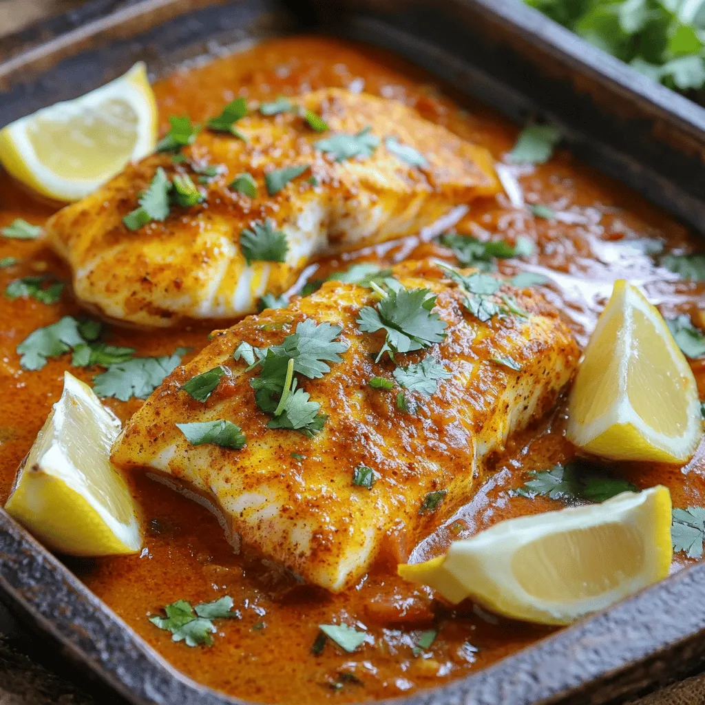 - Fish and pantry staples: - 4 white fish fillets (cod or halibut recommended) - 2 tablespoons extra virgin olive oil - 1 can (14 oz) diced tomatoes, well-drained - 1 cup vegetable broth - 1 tablespoon freshly squeezed lemon juice - Salt and freshly cracked black pepper to taste - Spices and seasoning details: - 1 teaspoon ground cumin - 1 teaspoon ground coriander - 1 teaspoon sweet paprika - ½ teaspoon cayenne pepper (adjust based on spice preference) - 1 teaspoon ground turmeric - 2 garlic cloves, finely minced - Fresh herbs and garnish: - Fresh cilantro, roughly chopped (for garnish) - Lemon wedges (for serving) Gather all these ingredients before you start cooking. Each one plays a key role in building the rich, spicy flavor of this dish. The fish fillets will absorb the spices, making them flavorful and tender. The tomatoes and broth create a delicious sauce that ties everything together. Fresh cilantro and lemon add brightness. Don't skip these last touches; they make a big difference! You can find the full recipe to guide you through each step. To start, we need to prepare the spice mixture. In a large bowl, mix the olive oil, ground cumin, ground coriander, sweet paprika, cayenne pepper, ground turmeric, minced garlic, and a good pinch of salt and pepper. Whisk them together until smooth. Next, take your fish fillets and gently place them in the bowl. Make sure to coat them well with the spice mix. Cover the bowl with plastic wrap and refrigerate it for at least 30 minutes. This helps the flavors really sink in. Now, let’s make the tomato sauce. Heat a large skillet over medium heat. Add the drained diced tomatoes and vegetable broth to the skillet. Stir everything well. Bring the mixture to a gentle simmer. Let it cook for about 5 minutes. Stir it occasionally to blend the flavors. Once the sauce is ready, carefully add the marinated fish fillets into the skillet. Ensure they sit well in the sauce. Cover the skillet with a lid. Let the fish cook for 8 to 10 minutes. The fish should turn opaque and flake easily with a fork. This shows it is done. After the fish is cooked, take the skillet off the heat. Stir in the freshly squeezed lemon juice. This adds a nice tang to the sauce. Taste the sauce and adjust the seasoning. You can add more salt, pepper, or cayenne if you like it spicier. To serve, place the fish fillets on a dish. Spoon the spicy tomato sauce over them. For a beautiful look, garnish with chopped cilantro. Serve with lemon wedges on the side for an extra burst of flavor. Check out the Full Recipe for more details! When cooking Classic Spicy Moroccan Fish, you can choose different methods. You can cook it in the oven or on the stovetop. - Oven Preparation: Preheat your oven to 375°F (190°C). Place the marinated fish in a baking dish. Pour the sauce over the fish. Cover with foil and bake for about 20 minutes. This method keeps the fish moist and tender. - Stovetop Preparation: Heat a large skillet over medium heat. Add the sauce and carefully place the fish in it. Cover and cook for about 8-10 minutes. This method lets you monitor the fish closely. - Grilling Tips: If you want extra flavor, try grilling the fish. Preheat your grill and oil the grates. Grill the fish for about 3-4 minutes on each side. This creates a nice char and smoky taste. Adding the right herbs and spices makes a big difference. - Fresh Herbs vs. Dried Spices: Fresh herbs like cilantro bring brightness. Add them at the end of cooking for the best flavor. Dried spices blend well into the sauce. They build depth over time. - Adjusting Spice Levels: If you like it spicy, increase the cayenne pepper. For less heat, reduce it. Always taste your dish as you go. You can control the spice to suit your taste. Planning ahead can make cooking easier. - Marination Tips: Marinate the fish for at least 30 minutes. This allows the spices to soak in. You can marinate it overnight for even more flavor. - Making the Sauce in Advance: You can prepare the sauce ahead of time. Cook it, then store it in the fridge for up to 3 days. Reheat it when you’re ready to cook the fish. This saves time and lets the flavors meld. Using these tips will help you create a fantastic dish. For the full recipe, check the details above! {{image_4}} You can switch up the fish in this recipe. White fish like cod or halibut works best. But you can also use salmon or shrimp for a different taste. Salmon brings a rich flavor, while shrimp cooks quickly and adds a nice texture. Both options work well with the spicy sauce. For a plant-based version, use sturdy vegetables or tofu. Zucchini, eggplant, or chickpeas can replace the fish. For flavor, coat them in the same spice mix. Cook them in the sauce just like you would with fish. This way, you still get that Moroccan taste without any meat. Try local spices to give your dish a twist. If you like it milder, reduce the cayenne pepper or omit it. You can also add spices like coriander or fennel for a unique flavor. This lets you enjoy Classic Spicy Moroccan Fish in a way that suits your taste. To store leftovers safely, let the fish cool first. Place it in an airtight container. This helps keep the fish fresh and tasty. You can store it in the fridge for up to three days. If you want to enjoy it longer, freezing is a great option. To freeze the fish and sauce, let them cool completely. Use freezer-safe containers or bags. Remove as much air as you can to prevent freezer burn. The fish can stay fresh for up to two months in the freezer. When you want to eat it, thaw it in the fridge overnight. For the best results when reheating, warm it slowly on the stove over low heat. This will help keep the fish moist. You can also add a splash of vegetable broth or water to keep the sauce from getting too thick. Enjoy your meal! You can pair this dish with many tasty sides. Here are some ideas: - Couscous: Fluffy couscous soaks up the sauce well. - Quinoa: A healthy, nutty alternative that adds protein. - Rice: Any type of rice works great to balance flavors. - Steamed Vegetables: Broccoli or green beans add color and crunch. - Crusty Bread: Perfect for dipping into the spicy sauce. For special occasions, serve this fish with a fresh salad. A simple cucumber and tomato salad brightens the plate. Or, try a Moroccan carrot salad for a sweet kick. Yes, you can make this recipe in advance. Here are some tips: 1. Marinate the Fish: You can marinate the fish fillets the day before. This helps the spices soak in. 2. Prepare the Sauce: You can cook the sauce ahead of time. Store it in the fridge for up to three days. 3. Reheating: When ready to serve, gently heat the sauce on the stove. Add the marinated fish and cook until done. This method saves time and makes for a stress-free meal. Absolutely! You can easily adjust the spice level to fit your taste. Here are some ideas: - Mild Options: Use less cayenne pepper or skip it entirely. - Add Sweetness: A bit of honey can balance the heat. - Fresh Herbs: Adding more cilantro or parsley can cool down the dish. If you're cooking for kids or guests sensitive to spice, make mild versions first. You can always serve hot sauce on the side for those who want more heat. This article covered how to make delicious Classic Spicy Moroccan Fish. We discussed the best ingredients, including fish and spices. You learned how to marinate fish, prepare the sauce, and cook everything just right. I also shared cooking tips and ideas for variations, like vegetarian options. Finally, we went over safe storage practices. Remember, cooking is about having fun and trying new things. Enjoy experimenting with flavors and make this dish your own!