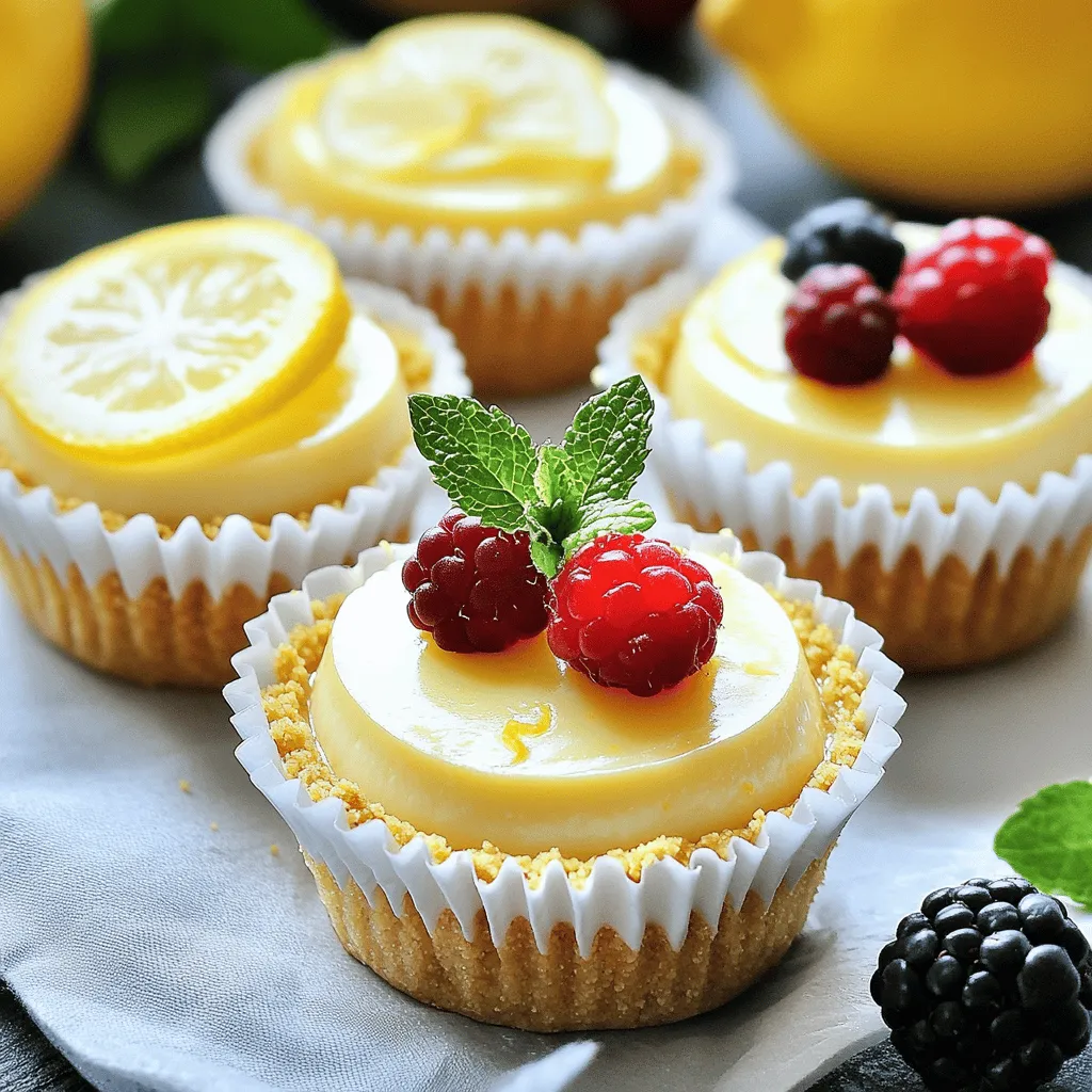 To make these creamy mini lemon cheesecakes, you need a few key items. Here’s the list: - 1 cup graham cracker crumbs - 1/4 cup unsalted butter, melted - 2 tablespoons granulated sugar - 16 oz cream cheese, softened at room temperature - 1/2 cup granulated sugar - 1/4 cup sour cream - 2 large eggs - 1 teaspoon vanilla extract - Zest of 1 large lemon - 1/4 cup freshly squeezed lemon juice These ingredients work together to create the perfect balance of flavor and texture. The graham cracker crumbs give a nice crunch, while the cream cheese provides a rich, creamy filling. You can make your mini cheesecakes even more special with some fun extras. Here are a few ideas: - Fresh berries (strawberries, blueberries, or raspberries) - Fresh mint leaves for garnish - Whipped cream for a light touch - Lemon slices for a zesty pop These options add color and flavor. Fresh berries bring sweetness, while mint gives a refreshing note. If you need to modify the recipe, there are easy swaps you can make. Here are some ideas: - *Gluten-free*: Use gluten-free graham cracker crumbs or almond flour. - *Vegan*: Replace cream cheese with a plant-based cream cheese. Use flax eggs or applesauce instead of eggs. - *Dairy-free*: Substitute sour cream with coconut cream or dairy-free yogurt. These substitutions keep the essence of the mini cheesecakes while catering to dietary needs. You can still enjoy the delicious flavors without the worry! For the complete recipe, check the [Full Recipe]. First, set your oven to 325°F (160°C). This low heat cooks the cheesecakes evenly. Next, line a muffin tin with mini cupcake liners. This makes it easier to serve and remove them later. In a medium bowl, mix together: - 1 cup graham cracker crumbs - 1/4 cup unsalted butter, melted - 2 tablespoons granulated sugar Stir well with a fork until it looks like damp sand. This will be the base of your mini cheesecakes. In a large bowl, use an electric mixer to beat: - 16 oz cream cheese, softened - 1/2 cup granulated sugar - 1/4 cup sour cream - 1 teaspoon vanilla extract - Zest of 1 large lemon - 1/4 cup freshly squeezed lemon juice Beat until it’s smooth and creamy with no lumps. Then, gently add in: - 2 large eggs Mix in the eggs one at a time, just until blended. This keeps your filling light and fluffy. Now, carefully pour the cheesecake filling over the crust in each muffin cup. Fill them about 3/4 full. This lets them rise slightly while baking. Place the muffin tin in the oven and bake for 18-20 minutes. Look for set edges with a slightly jiggly center. After baking, turn off the oven. Crack the door open and let the cheesecakes cool for about 30 minutes. This slow cooling helps to avoid cracks. Once they cool to room temperature, cover them and refrigerate for at least 3 hours or overnight. This helps them firm up for the perfect bite. For the full recipe, you can refer to the earlier section. Enjoy making these delicious treats! To get that smooth and creamy texture in your mini lemon cheesecakes, start with room temperature cream cheese. Cold cream cheese can create lumps. Use an electric mixer on medium speed to beat the cream cheese first. Mix until it is very smooth before adding other ingredients. Gradually mix in sugar and sour cream. This step helps keep the filling light and airy. Make sure you scrape the bowl sides to mix everything well. Cracks can ruin the look of your cheesecakes. To avoid this, cool the cheesecakes gradually. After baking, turn off the oven and crack the door open. Let them sit in the warm oven for about 30 minutes. This slow cooling helps the cheesecakes set without sudden temperature changes. Also, avoid overmixing your batter once you add the eggs. Mix just until combined to keep air from building up. When it’s time to serve your mini lemon cheesecakes, add a pop of color. Top each cheesecake with fresh berries like strawberries or blueberries. A sprig of mint also looks nice. This not only makes them pretty but adds fresh flavors too. Serve them chilled for the best taste. If you want, place them on a nice platter for a beautiful presentation. For the full recipe, check the earlier sections. {{image_4}} You can switch up the flavors of your mini cheesecakes. Try adding chocolate for a rich twist. Just mix in melted chocolate with the cream cheese. You can also use fruit purees. For berry flavors, blend strawberries or blueberries into the filling. This gives a nice color and taste. Experiment with spices too, like cinnamon or nutmeg. Each flavor brings a new joy. For those with dietary needs, you can make these cheesecakes vegan. Use cashew cream instead of cream cheese. Substitute eggs with flax eggs or applesauce. For a sugar-free option, use a sugar substitute like erythritol. This keeps the sweetness without the sugar. These changes help everyone enjoy the treat! You can present your mini cheesecakes in fun ways. Use mini jars for a cute look. This makes each one a little dessert cup. You can also create a cupcake-style look. Simply pipe the filling into cupcake liners. Both styles impress your guests and add variety to your table. Check out the Full Recipe for more ideas! Store leftover mini lemon cheesecakes in an airtight container. This keeps them fresh and moist. Place the container in the fridge. They will stay good for up to five days. If you want, you can cover each cheesecake with plastic wrap for extra protection. You can freeze mini cheesecakes for later. First, let them cool completely in the fridge. Then, remove them from the muffin tin. Wrap each cheesecake tightly in plastic wrap. After that, place them in a freezer-safe bag or container. They will last for about three months in the freezer. When ready to eat, just thaw them in the fridge overnight. Reheat mini cheesecakes gently. Place them in the fridge to bring them back to the right temperature. Do not use a microwave, as this can make them soggy. Serve them cold for the best taste. Garnish with fresh berries or mint right before serving for a touch of color. This makes them look and taste even better! For the full recipe, refer to the main article. Mini cheesecakes last about five days in the fridge. Store them in an airtight container. This keeps them fresh and tasty. If you plan to keep them longer, consider freezing. Yes, you can use a different crust. Options include Oreo cookies, almond flour, or even a gluten-free crust. Each will give a unique flavor and texture to your cheesecakes. If your cheesecake cracks, don’t worry. It can happen to anyone. To fix it, you can cover the cracks with berries or whipped cream. This adds beauty and taste to your dessert. To make a cheesecake without eggs, use a mix of silken tofu or yogurt. Blend these until smooth and creamy. This will help set the cheesecake while keeping it rich and delicious. For the full recipe, check out the Creamy Mini Lemon Cheesecakes. You learned about making mini lemon cheesecakes, from the basic ingredients to clever tips. Each step helps create a creamy treat that's easy to customize. Remember to explore flavor variations and dietary needs. Store leftovers properly to enjoy them later. With these insights, you can bake with confidence and share delicious desserts. Happy baking!