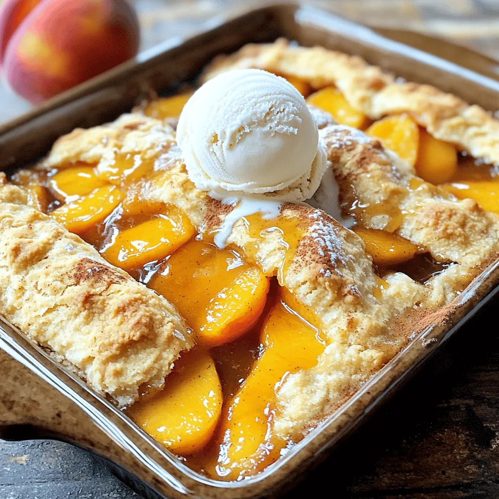 To make a tasty cake mix peach cobbler, you need a few key ingredients: - 2 cans (15 oz each) sliced peaches in syrup (or 4 cups fresh peaches, sliced) - 1 cup granulated sugar (adjust if your peaches are sweet) - 1 teaspoon ground cinnamon - 1 box (15.25 oz) yellow cake mix - 1/2 cup unsalted butter, melted - 1/2 cup water - 1 teaspoon vanilla extract - Ice cream or whipped cream (optional for serving) Each ingredient plays a vital role. The peaches provide sweetness and juice. Sugar adds more sweetness and balances the flavors. Cinnamon gives a warm spice that enhances the peach taste. The cake mix forms the topping, while butter and water create a moist texture. Vanilla adds depth to the flavor. When choosing your ingredients, quality matters. Use ripe, fresh peaches if you can. They bring a vibrant taste. If using canned peaches, pick those in light syrup. This choice keeps the flavor bright without being overly sweet. Check the cake mix for freshness; an expired mix may not rise well. Always choose unsalted butter for a balanced taste. For the best experience, serve your warm peach cobbler with a scoop of vanilla ice cream. The cold ice cream melts into the warm cobbler, creating a delightful contrast. Alternatively, a dollop of whipped cream adds a light and fluffy texture. You can also sprinkle some extra cinnamon on top for a touch of spice. Enjoy the mix of flavors and textures! First, you need to get your oven ready. Set it to 350°F (175°C). This heat makes the cobbler bake perfectly. While the oven warms up, grab a 9x13-inch baking dish. It needs to be greased. I like to use butter or cooking spray. This step keeps the cobbler from sticking. Now, let’s focus on the peaches. If you’re using canned peaches, open two cans (15 oz each). Pour the peaches and syrup into a large bowl. For fresh peaches, you’ll need four cups, sliced. Add 1 cup of granulated sugar to the bowl. You can adjust the sugar based on how sweet your peaches are. Next, sprinkle in 1 teaspoon of ground cinnamon. Mix everything well. This blend adds great flavor. Once mixed, pour it into your greased baking dish. Spread it out evenly across the bottom. In a separate bowl, grab a box of yellow cake mix (15.25 oz). Add 1/2 cup of melted unsalted butter, 1/2 cup of water, and 1 teaspoon of vanilla extract. Use a whisk to mix it all together. Make sure not to overmix. You want it just combined for the best texture. When ready, slowly pour the cake batter over the peach layer. Use a spatula to spread it evenly. This will help the peaches stay covered during baking. For the full recipe, make sure to follow the detailed steps and enjoy your delicious creation! Set your oven to 350°F (175°C). This is the perfect temperature for baking your cobbler. It helps the peaches soften and the cake mix bake evenly. Bake the cobbler for 35 to 40 minutes. You want the top to turn golden brown and look delicious. Check the cobbler for a golden crust. Insert a toothpick into the center. If it comes out clean, your cobbler is ready. If not, give it a few more minutes in the oven. The smell will fill your kitchen, making it hard to wait! When your cobbler is baked, take it out of the oven. Let it cool for about 10 minutes. This helps the juices settle. Serve it warm for the best taste. You can add a scoop of ice cream or whipped cream on top. This makes every bite even better. Enjoy your cake mix peach cobbler! For the full recipe, check the earlier section. {{image_4}} To get a great texture in your cake mix peach cobbler, do not overmix. When you blend the cake mix, butter, and water, stop once everything is combined. This keeps the batter light and fluffy. Also, use room temperature ingredients. They mix better and help create a tender crumb. One common mistake is using cold butter. Melted butter is key for a smooth batter. Another mistake is pouring the cake batter too quickly over the peaches. Take your time and spread it evenly. This helps the cake bake nicely and prevents sogginess. Adding spices can take your cobbler to the next level. Besides cinnamon, consider a pinch of nutmeg or allspice. They add warmth and depth. You can also mix in a bit of lemon zest for a fresh twist. Don't forget to keep tasting your peach mixture. Adjust the sugar or spices to suit your taste. For more tips, check out the Full Recipe. You can swap peaches for other fruits. Try using blueberries, cherries, or even apples. Each fruit brings a different flavor and sweetness. Apples can add a nice crunch. Berries offer a tart kick. Choose what you love or what you have on hand. While yellow cake mix is classic, feel free to experiment. Chocolate cake mix adds a rich twist. Spice cake mix gives a warm flavor. Lemon cake mix adds a bright zing. Mix and match to find your favorite combo. You might just create a new family favorite! Want to make your cobbler a bit lighter? You can use sugar substitutes like honey or maple syrup. Whole wheat cake mix can give more fiber. You can also replace butter with coconut oil for a healthier fat. Adjust these items to fit your diet while keeping the taste yummy. For the full recipe, check out the delightful cake mix peach cobbler. Yes, you can use fresh peaches. If you have fresh peaches, slice about 4 cups. Peel them if you want a smoother texture. Mix them with sugar and cinnamon just like canned peaches. Fresh peaches add a bright taste and lovely texture. Store leftover peach cobbler in an airtight container. Keep it in the fridge for up to 3 days. If you want to freeze it, wrap it well in plastic wrap. It can last for a month in the freezer. Just remember to let it cool before storing. Yes, you can prepare this recipe ahead of time. You can mix the peach filling and cake batter and store them separately in the fridge. Just bake it the day you want to serve it. This way, you save time and enjoy a fresh dessert. For the complete recipe, check [Full Recipe]. In this blog post, we covered how to make a delicious cake mix peach cobbler. We talked about the key ingredients, baking steps, and tips for a perfect texture. Remember to choose fresh, quality ingredients for the best flavor. You can also try different fruits and cake mixes to switch things up. Don’t forget to watch for signs that your cobbler is done. Enjoy serving this sweet treat warm or with ice cream. Have fun baking and sharing this cozy dessert!