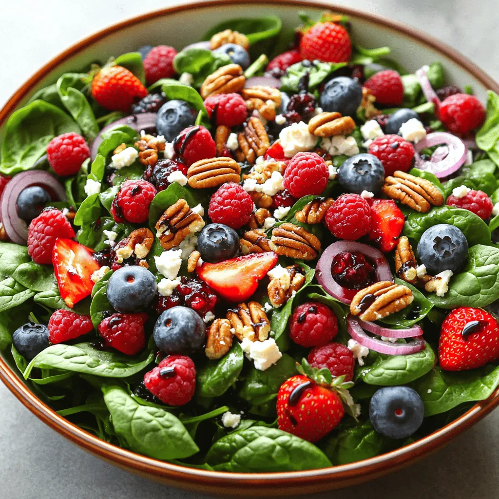 - Fresh baby spinach - Mixed berries - Pecans - Red onion - Feta cheese - Balsamic vinaigrette - Salt and pepper - If you can't find fresh spinach, try arugula or kale. - Use any berries you like, such as blackberries or cherries. - Swap pecans for walnuts or almonds for a different crunch. - Look for berries that are bright and firm. Avoid any with mushy spots. - Choose spinach that is vibrant and crisp. Wilting is a sign of age. - Select pecans that smell fresh and nutty. Avoid any that smell off or stale. - Washing and drying the spinach: Start with five cups of fresh baby spinach. Rinse it under cool water to remove dirt. Use a salad spinner or paper towels to dry the spinach well. Wet spinach can make your salad soggy. - Slicing and preparing the berries: Take one cup of mixed berries. Rinse them gently under cold water. Pat them dry with a paper towel. For strawberries, cut them in half or quarters. Keep the blueberries and raspberries whole. Add all the berries to the bowl with spinach. - Layering ingredients in the bowl: Next, sprinkle half a cup of lightly toasted pecans over the salad. Then, add a quarter of a medium red onion, thinly sliced. This adds a nice crunch and flavor. Crumble a quarter cup of feta cheese on top for creaminess. - How to distribute dressing evenly: Drizzle a quarter cup of balsamic vinaigrette over the salad. Pour it slowly to ensure even coverage. This will make each bite flavorful. - Techniques for tossing without damaging berries: Use two large serving spoons to toss the salad. Gently lift the ingredients and turn them over. Avoid squishing the berries as you mix everything together. - Serving suggestions with presentation tips: Serve the salad in individual bowls. For a beautiful touch, add a few extra berries and a sprinkle of feta on top. This makes your dish look inviting and delicious. For the full recipe, refer to the instructions above to create this nutritious delight! To enjoy this salad later, prep the ingredients ahead of time. You can wash and dry the spinach a day before. Store it in an airtight container with a paper towel. This helps absorb moisture and keeps the leaves crisp. For the berries, wash and slice them just before serving. If you prep them too early, they can become mushy. Keep the pecans in a dry place. Toast them right before adding to the salad for that fresh crunch. Making your own balsamic vinaigrette is easy. Combine: - 1/4 cup balsamic vinegar - 1/2 cup olive oil - 1 teaspoon honey - Salt and pepper to taste Shake it in a jar until mixed well. This dressing adds a sweet touch to your salad. You can also try honey mustard or a yogurt-based dressing for a creamy option. To boost the flavor, add fresh herbs. Chopped basil or mint gives a bright taste. You can also sprinkle a bit of fresh lemon juice for zest. If you like a sweeter dressing, add maple syrup or agave nectar. Just a little will elevate the taste of your salad. These small changes can make a big difference. Enjoy your Berry Spinach Salad with Pecans as a nutritious delight! {{image_4}} You can easily add protein by including grilled or rotisserie chicken. Just slice the chicken into bite-sized pieces and toss it right into the salad. This addition not only makes the salad heartier but also adds a savory flavor that pairs well with the sweet berries. Plus, it transforms this salad into a full meal that can satisfy your hunger. If you prefer a vegan option, simply omit the cheese. Replace the feta with avocado or extra nuts for creaminess. You can also use a vegan dressing, like a lemon-tahini mix or a balsamic vinaigrette made with only plant-based ingredients. This way, you keep the salad fresh and tasty while meeting your dietary needs. Feel free to switch up the fruits based on what’s in season. In spring, you might add fresh peaches or nectarines. In winter, try pomegranate seeds for a crunchy pop. Seasonal fruits not only enhance taste but also keep the salad exciting all year round. Mixing in different fruits makes each bite a new experience, keeping your taste buds happy. For the complete recipe, check out the [Full Recipe]. To keep your Berry Spinach Salad fresh, store it in the fridge. Place any leftover salad in a sealed container. This helps to prevent it from wilting or getting soggy. For best results, eat the salad within two days. If you wait too long, the berries may lose their flavor. You might wonder, can you freeze spinach-based salads? I do not recommend freezing this salad. Freezing can change the texture of spinach and berries. Instead, enjoy the salad fresh. If you have leftover dressing, you can freeze that for later use. Just remember to thaw it in the fridge before using it again. Choose airtight containers to store your salad. Glass or BPA-free plastic works well. If you want to keep the ingredients separate, use containers with compartments. This keeps your salad looking fresh and tasty. For the dressing, a small jar is perfect. This makes it easy to shake and pour when you're ready to serve. To make this salad, start with fresh baby spinach. Place it in a large bowl. Next, rinse your mixed berries and slice the strawberries. Add them to the bowl. Then, sprinkle in the toasted pecans and thinly sliced red onion. Crumble feta cheese over everything. Drizzle balsamic vinaigrette on top. Toss the salad gently to mix. Season with salt and pepper to taste. For the full recipe, check the section above. Spinach is very healthy. It is low in calories and high in nutrients. One cup of spinach has about 7 calories and is rich in vitamins A, C, and K. It also contains iron and calcium. Eating spinach can support eye health and help with blood pressure. Plus, it has antioxidants that protect your body. Adding spinach to your meals boosts your nutrition. Yes, you can use frozen berries. They work well in this salad. Just remember to thaw them first. Rinse and pat them dry to remove excess moisture. Frozen berries may be softer than fresh ones. They still add great flavor and nutrition. So feel free to use frozen if fresh ones are not available. You can store leftovers in the fridge for up to 2 days. Keep the salad in an airtight container. To keep it fresh, don’t add dressing until you’re ready to eat. If the salad sits too long, the spinach may wilt. Enjoy it within a couple of days for the best taste and texture. This salad pairs well with many dishes. You can serve it with grilled chicken or fish for protein. It also goes nicely with soups or sandwiches. For a vegetarian option, try it with quinoa or lentils. Serve it as a light lunch or a side dish at dinner. The flavors complement many meals beautifully. This post covered a delightful berry spinach salad recipe. You learned about fresh ingredients, how to prep them, and tasty variations. I shared tips for keeping your salad fresh and dressed perfectly. Remember, you can switch ingredients based on your taste or what’s in season. Enjoy exploring flavors and making this salad your own. Whether you eat it as a side or a meal, the possibilities are endless. Get creative and savor each bite!