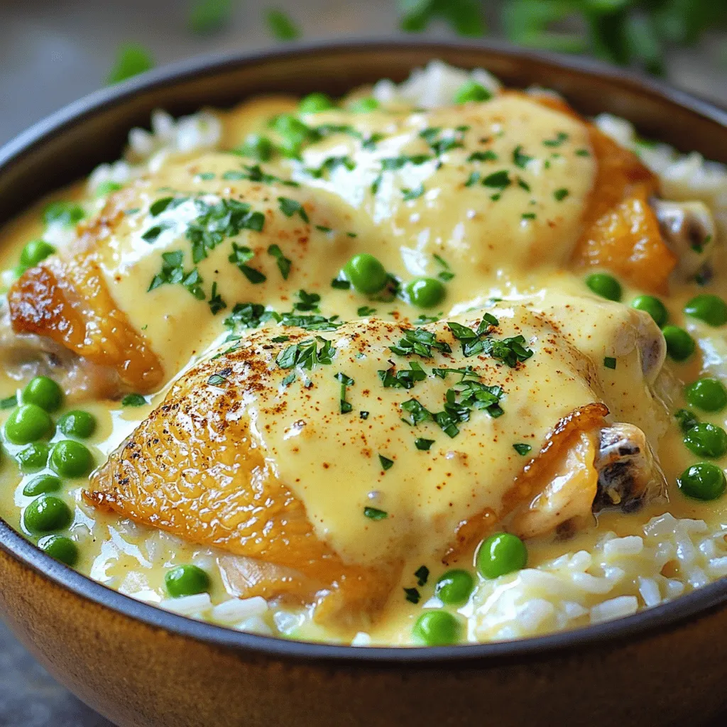 - 4 boneless, skinless chicken thighs - 1 cup long-grain white rice - 2 cups low-sodium chicken broth - 1 medium onion, diced - 3 cloves garlic, minced - 1 cup heavy cream - 1 cup frozen peas - 1 teaspoon dried thyme - 1 teaspoon paprika - 2 tablespoons olive oil - Salt and pepper to taste - Fresh parsley for garnish Gathering fresh ingredients is key to making this creamy smothered chicken and rice. The chicken thighs are juicy and tender. I prefer long-grain rice for its nice texture. Low-sodium chicken broth keeps the dish light and tasty. Diced onion adds great flavor, while minced garlic gives a warm aroma. The heavy cream is what makes this dish creamy and rich. Frozen peas add color and sweetness. Thyme and paprika boost the flavor with their herbs and spices. Olive oil is essential for cooking the chicken. Finally, don’t forget to season with salt and pepper. Fresh parsley gives a lovely touch to the dish. For the full recipe, check the detailed instructions and cooking methods. Enjoy this savory comfort meal! - Heat olive oil in a large skillet over medium heat. - Season chicken thighs with salt, pepper, paprika, and thyme. - Once the oil is hot, sear the chicken for about 5 minutes on each side until golden brown. - Remove the chicken and set it aside on a plate. - In the same skillet, add the diced onion and sauté for around 3 minutes. - Once the onion is translucent, stir in minced garlic and cook for 1 more minute. - Add the rice to the skillet, stirring to coat each grain with the onion and garlic. - Pour in the chicken broth, bringing the mixture to a gentle simmer. - Return the seared chicken to the skillet, placing it into the rice mixture. - Cover the skillet and reduce the heat to low. - Cook for 20 minutes, or until the rice is tender and absorbs the broth. - Uncover the skillet and stir in heavy cream and frozen peas. - Let it simmer for 5 more minutes, stirring occasionally. - Adjust the seasoning as needed before serving. You can find the full recipe for Creamy Smothered Chicken and Rice in the previous sections. - How to perfectly sear chicken To sear chicken well, heat your skillet first. Use medium-high heat and add olive oil. Once the oil shimmers, add the chicken. Do not move it for five minutes. This helps form a nice crust. - Ensuring rice is fluffy and not sticky Rinse the rice under cold water before cooking. This removes excess starch. When cooking, use the right amount of broth. Follow a 1:2 ratio of rice to broth. Stir once, then cover and let it steam. - Adjusting creaminess to your preference To change the creaminess, adjust the heavy cream amount. Start with half a cup for a milder taste. Add more for a richer flavor. You can also blend in some low-fat options, like Greek yogurt. - Suggested spices and herbs Besides thyme and paprika, consider adding garlic powder or onion powder. They give extra depth. Fresh herbs like parsley or basil can also brighten the dish. - Add-ons for extra nutrition (like vegetables) Frozen peas are great, but you can add chopped carrots or bell peppers. These not only add color but also boost nutrition. Broccoli florets work well too. - Must-try sauces to complement the dish A drizzle of lemon juice can brighten the flavors. For a spicy kick, try a sriracha or hot sauce blend. For a touch of sweetness, consider a honey mustard sauce. For the full recipe, check out the [Full Recipe] section. {{image_4}} You can easily swap ingredients to fit your tastes or needs. Here are some ideas: - Using chicken breasts instead of thighs: Chicken breasts are leaner and cook faster. Just remember to adjust cooking time for tenderness. - Alternative grains: You can substitute long-grain white rice with quinoa or brown rice. Each adds a different texture and flavor. - Dairy-free options: If you prefer not to use heavy cream, try coconut milk or a nut-based cream. These options keep the dish rich and creamy. Changing up the flavors can make this dish exciting. Here are some fun twists: - Spicy version with chili flakes: Add red pepper flakes for a kick. Start with a pinch and increase to your liking. - Herb-infused variations: Fresh herbs like thyme, rosemary, or basil can brighten the dish. Add them at the end for the best flavor. - Adding different vegetables: You can mix in bell peppers or spinach for extra color and nutrition. Just sauté them with the onions for a tasty addition. These variations keep Creamy Smothered Chicken and Rice fresh and fun. You can experiment with what you have at home or try new ideas. For the full recipe, check out the details above. To keep your creamy smothered chicken and rice fresh, store it in the fridge. Place it in an airtight container. This helps prevent the food from drying out. It can last up to three days in the refrigerator. If you want to keep it longer, freezing is a great option. Allow the dish to cool completely before freezing. Use a freezer-safe container or bag for best results. You can freeze it for up to three months. Make sure to label the container with the date. When it's time to enjoy your leftovers, reheating properly is key. The best way to reheat chicken and rice is on the stove. Place the dish in a skillet over low heat. Add a splash of chicken broth or cream to keep it moist. Stir frequently to ensure even warming. This method helps maintain the creamy texture. You can also use a microwave. Place the dish in a microwave-safe bowl. Cover it with a damp paper towel to trap steam. Heat in short bursts, stirring in between. This prevents the dish from drying out. Enjoy your meal just like it was fresh! For the full recipe, check out the original version. How long does Creamy Smothered Chicken and Rice last in the fridge? This dish lasts about 3 to 4 days in the fridge. Store it in an airtight container. Can I use brown rice instead of white rice? Yes, you can use brown rice. Just remember, it takes longer to cook. You’ll need to adjust the liquid and cooking time. What can I serve with Creamy Smothered Chicken and Rice? This dish pairs well with a fresh salad or steamed veggies. A light, crispy side adds great balance. Can I make this dish ahead of time? You can prepare the chicken and rice ahead. Keep them separate until you’re ready to serve. This will keep everything fresh. How to thicken the sauce if it's too thin? If the sauce is too thin, mix a bit of cornstarch with cold water. Stir it into the sauce, then simmer until thick. What is the best way to cut chicken thighs for this recipe? Cut chicken thighs into bite-sized pieces. This helps them cook evenly and soak up the sauce flavor. For the full recipe, check out the detailed instructions. This recipe for Creamy Smothered Chicken and Rice brings together simple ingredients for a wonderful meal. You learned how to prepare, cook, and add your own spin to this dish. I shared tips for perfect chicken and fluffy rice. You can also store and reheat leftovers with ease. Enjoy exploring the many variations to match your taste. I hope you try this dish and make it your own. It’s sure to be a hit at your table.