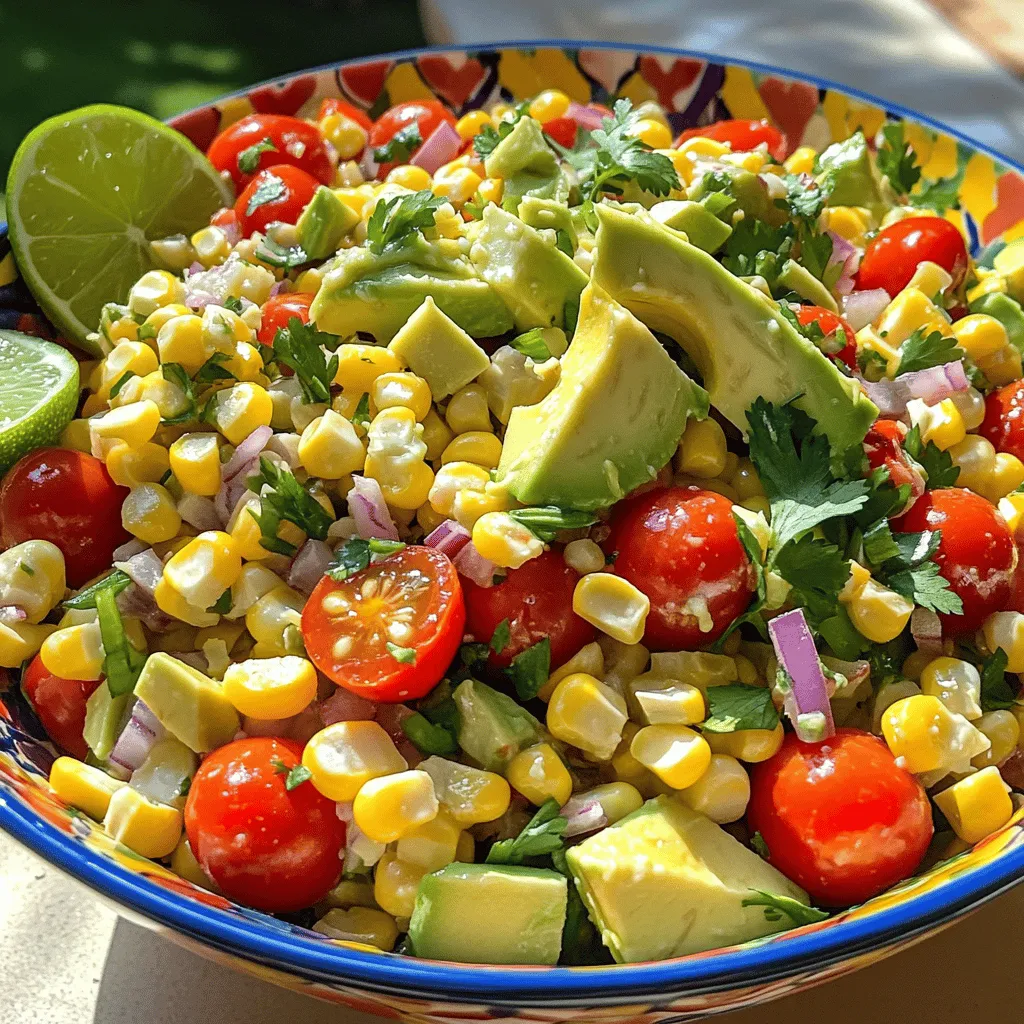 - Fresh corn kernels (approx. 5-6 ears) - 1 large red bell pepper, diced - 1 cup cherry tomatoes, halved - 1/2 medium red onion, finely chopped - 1/4 cup fresh cilantro, loosely packed and chopped - 1 ripe avocado, diced - 3 tablespoons fresh lime juice - 2 tablespoons extra virgin olive oil - 1 teaspoon honey (or agave syrup for a vegan option) - Sea salt and freshly ground black pepper to taste To make a great summer corn salad, fresh ingredients are key. Corn gives the salad a sweet crunch. Diced red bell pepper adds color and a sweet bite. Cherry tomatoes bring juiciness, while red onion offers a sharp flavor. Fresh cilantro adds a nice herb note. The avocado makes it creamy and rich. The lime juice and olive oil dressing adds brightness. Honey balances the flavors perfectly. - Chili powder for an extra kick - Tips for sourcing organic or locally grown produce If you like a bit of spice, add chili powder for a kick. It gives the salad an exciting twist. When shopping, look for organic or local produce. These options often taste better and support local farms. Fresh, high-quality ingredients make a big difference in this dish. 1. Start by shucking the corn. This means removing the husk and silk. 2. Use a sharp knife to cut the kernels off the cob. Hold the cob upright in a bowl to catch any falling kernels. 3. Next, sauté the corn in a skillet over medium heat. 4. Cook the corn for about 3-4 minutes until tender but still crisp. This step brings out the sweet flavor. 5. Once done, let the corn cool down to room temperature. 1. Grab a large mixing bowl. Combine the cooled corn with diced red bell pepper, halved cherry tomatoes, and chopped red onion. 2. Add in the fresh cilantro and gently stir everything together. This mix makes your salad colorful and fresh. 3. Now, let’s prepare the dressing. In a small bowl, whisk together lime juice, olive oil, honey, sea salt, and black pepper. 4. If you like some heat, add a pinch of chili powder too. Whisk until the dressing is smooth. 1. Drizzle the dressing over the corn mix. Toss gently until all ingredients are coated. 2. Carefully fold in the diced avocado. Be gentle to keep the pieces intact. 3. Serve the salad right away for the best taste. If you need to store it, cover it tightly. You can keep it in the fridge for up to one hour. 4. For serving, place the salad in a vibrant bowl. Garnish with cilantro and lime wedges for a nice touch. 5. Enjoy your colorful and tasty summer corn salad! For the full recipe, check out the Zesty Summer Corn Salad Delight section. When you pick corn, look for bright green husks. The silk should be moist and golden. Feel the kernels through the husk. They should be plump and full. Avoid ears with dry or brown silk. If you can, buy corn from local farms. It tastes sweeter and fresher. Store corn in the fridge. Keep it in a plastic bag. Use it within a few days for the best flavor. If you can’t cook it right away, don’t remove the husk. This helps keep it fresh longer. To bring out the corn's natural sweetness, sauté it. Heat a skillet on medium. Add the corn and cook for about 3-4 minutes. Stir often to prevent burning. The corn should be tender but still crisp. Balance the flavors with your dressing. If it tastes too sour, add a little more honey. If it’s too sweet, add a splash of lime juice. Adjust until the flavors are just right. This makes your salad pop! Serve your salad in a large, colorful bowl. This makes it fun and inviting. You can also use a decorative platter for gatherings. For garnish, add extra cilantro on top. Lime wedges also look lovely and add a fresh touch. A well-presented salad can make your meal feel special. For the full recipe, check out the Zesty Summer Corn Salad Delight. {{image_4}} To make grilled corn salad, start with fresh corn. Grilling gives corn a smoky taste. To grill, husk the corn and soak it in water for 30 minutes. This helps keep it juicy while cooking. Preheat your grill to medium heat. Grill the corn for about 10-15 minutes, turning until golden brown. Let it cool before cutting the kernels off. For added flavor, mix in ingredients like: - Diced jalapeños for heat - Crumbled feta cheese for creaminess - Chopped green onions for crunch For a fun twist, try the Mexican street corn salad. This version uses classic elote toppings. Mix mayo, lime juice, and chili powder for a creamy dressing. After grilling the corn, cut it off the cob. Toss the corn with the dressing, then add: - Crumbled cotija cheese for saltiness - Fresh cilantro for herbiness - Squeeze of lime for brightness This salad captures the street food vibe perfectly. You can easily make this salad vegetarian or vegan. Swap honey for agave syrup to keep it plant-based. For extra creaminess, add: - Mashed avocado for richness - Chopped nuts or seeds for texture - A splash of coconut milk for a different twist These adaptations keep the salad fresh and full of flavor. Enjoy experimenting with these variations! For the complete recipe, check out the Full Recipe. To keep your summer corn salad fresh, use a tight container. Glass or plastic containers with lids work best. If you have leftovers, cover them well. This keeps moisture in and air out. For meal prepping, make the salad a day before serving. Just store the dressing separately. Mix it in right before you eat. This keeps the veggies crisp and bright. The salad lasts about three days in the fridge. After that, it may lose flavor and texture. Look for signs that the salad has gone bad. If it smells sour or has a slimy texture, it's time to toss it. Always trust your senses when it comes to food safety. To make summer corn salad, start by gathering fresh ingredients. You need corn, bell pepper, tomatoes, onion, cilantro, and avocado. Shuck the corn and cut it off the cob. Sauté the corn for about 3-4 minutes. This keeps it sweet and crisp. Allow the corn to cool before mixing it with the chopped veggies. Next, prepare the dressing. Whisk lime juice, olive oil, honey, salt, and pepper in a bowl. Combine the cooled corn with the chopped veggies in a large bowl. Drizzle the dressing over the mixture and toss gently. Finally, fold in the diced avocado. Serve it fresh for the best taste. For the complete guide, check the full recipe. Yes, you can use frozen corn. Frozen corn is quick and easy. It saves time and is often sweet and tender. However, it may lack the fresh taste of seasonal corn. If using frozen corn, thaw it and drain well. Sauté it briefly to enhance flavor. This way, you can still enjoy a delicious salad. Summer corn salad pairs well with grilled meats, fish, or tacos. It adds a fresh touch to any meal. Consider serving it alongside barbecued chicken or steak. You can also enjoy it with a light soup or as a side for sandwiches. The salad’s bright flavors complement many dishes beautifully. Summer corn salad is simple and fun. We covered the essential ingredients, including fresh corn and tomatoes. I shared steps to prepare, mix, and serve the salad. I also included tips on selecting corn and balancing flavors. You can explore variations like grilled corn or vegan options too. Remember, storing properly keeps your salad fresh longer. This versatility makes it a perfect dish for summer meals or gatherings. Enjoy making your tasty corn salad and share it with friends and family!