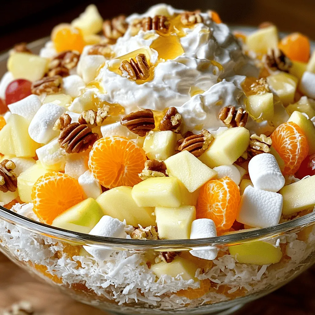 To make a great ambrosia salad, gather these fresh ingredients: - 1 cup mini marshmallows - 1 cup shredded coconut - 1 cup pineapple chunks (fresh or canned, well-drained) - 1 cup mandarin oranges (canned, well-drained) - 1 medium apple, diced (your choice of variety) - 1/2 cup grapes, halved (red or green, to add color) - 1 cup whipped cream (or Cool Whip for a lighter alternative) - 1/2 teaspoon vanilla extract - 1 tablespoon honey (optional, for an extra touch of sweetness) - Chopped nuts (such as walnuts or pecans) for garnish Using fresh fruits is key to a tasty ambrosia salad. Fresh fruits add bright flavors, great texture, and vibrant colors. They make your salad pop. Choose ripe fruits for the best taste. Fresh pineapple and juicy grapes will bring joy to each bite. Canned fruits can work too, but drain them well. They should not make your salad watery. You can add extra flavors to your ambrosia salad. Try these fun options: - Diced strawberries or blueberries for more color - A squeeze of fresh lime juice for a tangy twist - Cream cheese for a richer texture - Chopped nuts mixed in for crunch Each add-in can change the taste and make the dish your own. Feel free to experiment and find what you love! For the full recipe, refer to the previous section. To make ambrosia salad, start by gathering all your ingredients. You need mini marshmallows, shredded coconut, pineapple chunks, mandarin oranges, diced apple, and halved grapes. In a large mixing bowl, combine the mini marshmallows, shredded coconut, pineapple chunks, mandarin oranges, diced apple, and halved grapes. Stir gently. This step is key to avoid crushing the fruits. In a separate bowl, whisk together whipped cream, vanilla extract, and honey until smooth. This creates a light and fluffy mixture. Carefully fold this whipped cream mixture into the fruit mixture using a spatula. Mix until all the fruit is coated. Be cautious to keep the fruit pieces intact. Once everything is mixed, cover the bowl with plastic wrap. Place it in the refrigerator for at least 1 hour. This helps the flavors blend well. To prevent crushing the fruit, use a gentle touch. Start by adding the lighter ingredients first, like marshmallows and coconut. Then, add heavier fruits like pineapple and apples last. When you mix, use a folding motion. This lifts the mixture instead of stirring, keeping the fruit intact. If you do this, your salad will look great and taste fresh. Refrigeration is crucial for flavor. It allows the fruits to release their juices and mix with the cream. One hour is the minimum time, but longer is better. You can chill it overnight for deeper flavor. When you are ready to serve, gently stir it again. This refreshes the ingredients and makes your salad inviting. Enjoy the delightful blend of textures and flavors! To make your ambrosia salad creamy, use fresh whipped cream. It gives a light, fluffy feel. If you want a lower-calorie option, try Cool Whip. Mixing whipped cream with vanilla extract adds flavor. Be gentle when folding it into the fruit. This keeps the fruit intact and avoids mushiness. Serve ambrosia salad in a clear bowl. This shows off the bright colors of the fruit. For a fun touch, add extra nuts on top. You can also place slices of fresh fruit around the dish. This makes it look even more inviting. Chill the salad for at least one hour before serving. It lets the flavors blend well. For a vegan version, use coconut whipped cream. You can skip the honey or use agave syrup. To make it nut-free, leave out the nuts or replace them with seeds. Sunflower seeds add crunch without allergens. Feel free to experiment with fruits based on your diet. You can swap in berries or pears for a fun twist. For the full recipe, check my earlier section! {{image_4}} You can change the fruits in Ambrosia Salad based on what you like. Instead of pineapple, try mango or kiwi for a sweet twist. Swap mandarin oranges with fresh berries for a pop of color. For nuts, walnuts or almonds work well, but pecans add a nice crunch too. These swaps let you create a salad that fits your taste. Want to make Ambrosia Salad unique? Add a splash of yogurt for tanginess. You can mix in a bit of citrus zest for extra flavor. For a tropical vibe, include shredded fresh coconut. You could even add mini chocolate chips for a sweet surprise. These twists keep the dish fun and exciting. Ambrosia Salad shines at holidays. For a winter version, add pomegranate seeds for color. In summer, toss in mint leaves for a refreshing touch. For Thanksgiving, consider adding diced pears and cranberries. These seasonal changes keep your Ambrosia Salad fresh and festive. If you want to try the classic version, check out the Full Recipe for more details on making this delightful dish. To keep your ambrosia salad fresh, always use a clean, airtight container. This will help lock in moisture and prevent it from drying out. I suggest using glass containers, as they do not absorb odors. Make sure to cover the container well with a lid. If you do not have one, plastic wrap works too. Ambrosia salad lasts about 3 to 5 days in the fridge. The fruits stay fresh for this time if stored properly. After a few days, the salad may become watery. This happens as the fruits release juice. If it looks too soggy, you can still eat it, but it may not taste as good. Freezing ambrosia salad is not recommended. The fruits will lose their texture and flavor when thawed. Cream and whipped toppings may also separate, leading to a less appealing dish. It's best to enjoy your ambrosia salad fresh or store it in the fridge for a few days. If you want to make it ahead of time, I suggest preparing the fruits and cream separately. Then mix them just before serving. For the full recipe, check out the Heavenly Ambrosia Salad section above. Ambrosia Salad comes from the southern United States. It dates back to the 19th century. This dish reflects the region's love for fresh fruits and sweets. People made it for special events and holidays. The name "ambrosia" means food for the gods in Greek mythology. This salad is a mix of fruits, cream, and sometimes nuts. Over the years, it has become a classic dish at potlucks and family gatherings. Yes, you can make Ambrosia Salad ahead of time. In fact, it tastes better when chilled. Make it a few hours or even a day before serving. Just store it in the fridge. Keep it covered with plastic wrap or a lid. This helps the flavors blend well. Before serving, stir it gently. This will refresh the ingredients and keep it looking nice. You can make Ambrosia Salad healthier with a few simple swaps. Use low-fat whipped cream or yogurt instead of regular cream. Fresh fruit is always a great choice. You can also skip the mini marshmallows or use a sugar-free version. Adding nuts boosts protein and healthy fats. If you want more fiber, add seeds like chia or flax. These swaps keep the salad tasty while making it better for you. Check the [Full Recipe] for more ideas! In this article, we explored how to make Ambrosia Salad, focusing on fresh ingredients, preparation steps, and serving tips. Quality fruits are key for taste, while optional add-ins can add fun twists. Remember to refrigerate for the best flavor and explore variations to suit all diets. You can enjoy this dish at any time. Whether for a party or a quick snack, Ambrosia Salad is versatile and easy to prepare. Use these tips to create your perfect version today.