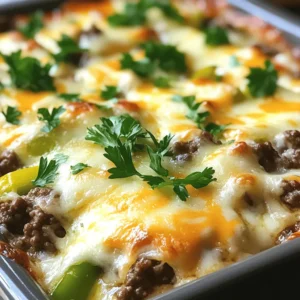 - 1 lb ground beef - 1 green bell pepper, sliced into thin strips - 1 yellow onion, sliced into half-moons - 8 oz cream cheese, softened to room temperature - 2 cups shredded provolone cheese, divided The main ingredients create the base for this cheesy low carb casserole. Ground beef brings rich flavor and protein. The green bell pepper and yellow onion add crunch and sweetness. Cream cheese makes the filling creamy, while provolone cheese provides that gooey, melty finish we all crave. - 1 teaspoon Worcestershire sauce - 1 teaspoon Italian seasoning - 1/2 teaspoon smoked paprika - Salt and black pepper, to taste - Optional: Fresh parsley, chopped, for garnish The spices and seasonings elevate the dish. Worcestershire sauce adds depth and umami. Italian seasoning gives it a hint of herbiness. Smoked paprika adds a touch of warmth, while salt and pepper enhance all the flavors. A sprinkle of fresh parsley not only looks nice but adds freshness. For the full recipe, check out the details above. 1. Preheat your oven to 350°F (175°C). This helps the casserole cook evenly. 2. In a large skillet, add 1 lb of ground beef over medium heat. Cook for about 5-7 minutes. Break it apart with a wooden spoon until it’s browned. Drain any excess fat to keep your dish light. 1. After you cook the beef, add in the sliced green bell pepper, yellow onion, and minced garlic. This will bring great flavor to your dish. 2. Sauté the veggies for 3-4 minutes. Stir occasionally until they soften and smell wonderful. 1. Lower the heat and mix in 8 oz of softened cream cheese, 1 cup of beef broth, 1 teaspoon Worcestershire sauce, and your spices: 1 teaspoon Italian seasoning, 1/2 teaspoon smoked paprika, salt, and black pepper. Stir until the cream cheese melts into the mix. It should become nice and creamy. 2. Take the skillet off the heat and add in 1 cup of shredded provolone cheese. Mix it in while everything is warm. This helps it melt and blend well. 3. Lightly grease a 9x13-inch casserole dish. Pour the cheesy beef mixture into the dish and spread it out evenly. 4. Top the mixture with the remaining 1 cup of shredded provolone cheese. Make sure it covers the top for a delicious, gooey finish. 5. Place the casserole in the oven and bake for 20-25 minutes. Watch for the cheese to bubble and turn golden brown. 6. After baking, let it cool for about 5 minutes. This helps it set, making it easier to serve. For the full recipe, check out the details above and enjoy this tasty low-carb dish! To make your casserole creamy, use softened cream cheese. This helps it blend well. When you add it to the beef and broth, stir until it melts completely. This creates a smooth and rich sauce. For the cheese melt, use shredded provolone cheese. Stir in one cup while the mixture is warm. This way, it melts nicely and combines with the filling. Top with more provolone before baking. This gives you a gooey, cheesy crust. Pair this casserole with a fresh side salad. A crisp salad adds crunch and freshness to the meal. You can also serve it with steamed broccoli or green beans for more veggies. For presentation, sprinkle fresh parsley on top. This adds color and a pop of flavor. Serve it in the baking dish for a rustic look. You can also plate it with a drizzle of olive oil for a gourmet touch. For the full recipe, check the detailed steps and enjoy your cooking! {{image_4}} You can easily swap out the ground beef. Try ground turkey or chicken for a lighter version. If you want a plant-based option, use lentils or mushrooms. Both add great texture and flavor. Cheese is another area for swaps. Provolone is creamy and mild, but you can use mozzarella for a stretchy melt. For a bolder taste, try cheddar or gouda. Mix and match to find your favorite flavor. Want to boost the veggie count? Add mushrooms, zucchini, or spinach to the mix. They add nutrients and flavor. You can also toss in some jalapeños for a spicy kick. Adjust the spice level based on your taste. Add more smoked paprika for a smoky flavor or a pinch of cayenne pepper for heat. You can control the spice to fit your family's preferences. Explore these variations to make this cheesy low carb Philly cheesesteak casserole your own. Check out the Full Recipe for all the details! To keep your casserole fresh, let it cool completely before storing. Place it in an airtight container. This helps prevent moisture loss and keeps flavors intact. You can store it in the fridge for up to three days. If you want to save it longer, freezing works well too. Just make sure to use a freezer-safe container. Wrap the dish tightly in plastic wrap or foil before freezing. It can last for up to three months in the freezer. When it’s time to enjoy leftovers, you want to heat them well without losing taste. The best method is to use the oven. Preheat the oven to 350°F (175°C). Place the casserole in an oven-safe dish and cover it with foil to keep it moist. Reheat for about 20 minutes. This method keeps the cheese gooey and the texture nice. You can also use the microwave for quicker reheating. Just place a single portion on a microwave-safe plate. Heat it for 1-2 minutes, checking to make sure it’s warm throughout. Microwaving is faster but may not keep the texture as nice as the oven method. For more details, you can check the Full Recipe. What can I use instead of cream cheese? If you want to swap out cream cheese, you can use sour cream or Greek yogurt. Both options add creaminess and tang. You can also try a vegan cream cheese if you prefer a dairy-free choice. Each will change the taste slightly but will still work in the casserole. How long does this casserole last in the fridge? This casserole keeps well in the fridge for about 3 to 4 days. Just make sure it’s in an airtight container. For best results, reheat individual portions to keep the cheese nice and gooey. Is this casserole suitable for meal prep? Yes, this casserole is great for meal prep! You can make it ahead of time and store it in the fridge. Just cut it into portions for easy meals throughout the week. Can I make this recipe dairy-free? You can make this recipe dairy-free by using vegan cream cheese and dairy-free cheese. These options will keep the dish creamy and flavorful without dairy. Just check the labels to ensure they fit your dietary needs. This blog covered a delicious casserole made from ground beef, veggies, and cheese. I shared steps for preparation, mixing, and baking. You learned tips to ensure a creamy texture and perfect cheese melt. We also discussed ingredient swaps and storage methods to keep leftovers fresh. Make this dish your own with flavor tweaks or variations. Don't hesitate to try new ideas. This casserole is not just tasty; it also fits many diets and meal plans. Enjoy this comforting dish with friends and family. You’ll surely impress everyone at the table!