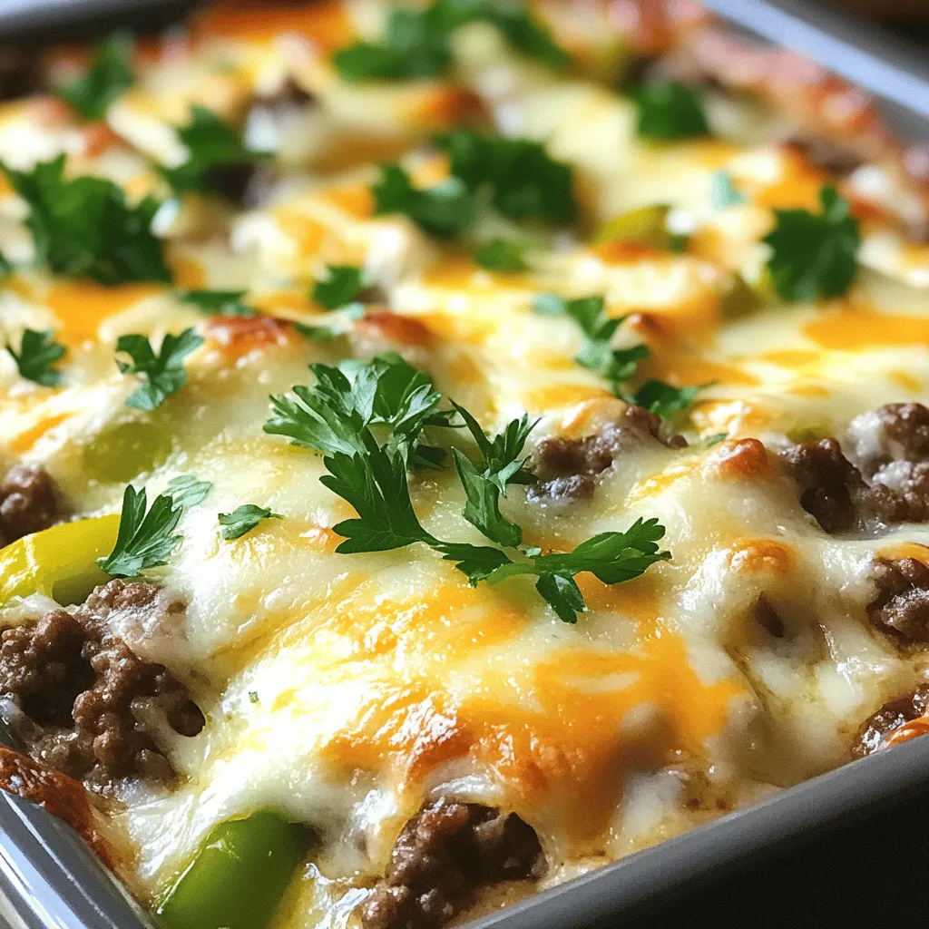 - 1 lb ground beef - 1 green bell pepper, sliced into thin strips - 1 yellow onion, sliced into half-moons - 8 oz cream cheese, softened to room temperature - 2 cups shredded provolone cheese, divided The main ingredients create the base for this cheesy low carb casserole. Ground beef brings rich flavor and protein. The green bell pepper and yellow onion add crunch and sweetness. Cream cheese makes the filling creamy, while provolone cheese provides that gooey, melty finish we all crave. - 1 teaspoon Worcestershire sauce - 1 teaspoon Italian seasoning - 1/2 teaspoon smoked paprika - Salt and black pepper, to taste - Optional: Fresh parsley, chopped, for garnish The spices and seasonings elevate the dish. Worcestershire sauce adds depth and umami. Italian seasoning gives it a hint of herbiness. Smoked paprika adds a touch of warmth, while salt and pepper enhance all the flavors. A sprinkle of fresh parsley not only looks nice but adds freshness. For the full recipe, check out the details above. 1. Preheat your oven to 350°F (175°C). This helps the casserole cook evenly. 2. In a large skillet, add 1 lb of ground beef over medium heat. Cook for about 5-7 minutes. Break it apart with a wooden spoon until it’s browned. Drain any excess fat to keep your dish light. 1. After you cook the beef, add in the sliced green bell pepper, yellow onion, and minced garlic. This will bring great flavor to your dish. 2. Sauté the veggies for 3-4 minutes. Stir occasionally until they soften and smell wonderful. 1. Lower the heat and mix in 8 oz of softened cream cheese, 1 cup of beef broth, 1 teaspoon Worcestershire sauce, and your spices: 1 teaspoon Italian seasoning, 1/2 teaspoon smoked paprika, salt, and black pepper. Stir until the cream cheese melts into the mix. It should become nice and creamy. 2. Take the skillet off the heat and add in 1 cup of shredded provolone cheese. Mix it in while everything is warm. This helps it melt and blend well. 3. Lightly grease a 9x13-inch casserole dish. Pour the cheesy beef mixture into the dish and spread it out evenly. 4. Top the mixture with the remaining 1 cup of shredded provolone cheese. Make sure it covers the top for a delicious, gooey finish. 5. Place the casserole in the oven and bake for 20-25 minutes. Watch for the cheese to bubble and turn golden brown. 6. After baking, let it cool for about 5 minutes. This helps it set, making it easier to serve. For the full recipe, check out the details above and enjoy this tasty low-carb dish! To make your casserole creamy, use softened cream cheese. This helps it blend well. When you add it to the beef and broth, stir until it melts completely. This creates a smooth and rich sauce. For the cheese melt, use shredded provolone cheese. Stir in one cup while the mixture is warm. This way, it melts nicely and combines with the filling. Top with more provolone before baking. This gives you a gooey, cheesy crust. Pair this casserole with a fresh side salad. A crisp salad adds crunch and freshness to the meal. You can also serve it with steamed broccoli or green beans for more veggies. For presentation, sprinkle fresh parsley on top. This adds color and a pop of flavor. Serve it in the baking dish for a rustic look. You can also plate it with a drizzle of olive oil for a gourmet touch. For the full recipe, check the detailed steps and enjoy your cooking! {{image_4}} You can easily swap out the ground beef. Try ground turkey or chicken for a lighter version. If you want a plant-based option, use lentils or mushrooms. Both add great texture and flavor. Cheese is another area for swaps. Provolone is creamy and mild, but you can use mozzarella for a stretchy melt. For a bolder taste, try cheddar or gouda. Mix and match to find your favorite flavor. Want to boost the veggie count? Add mushrooms, zucchini, or spinach to the mix. They add nutrients and flavor. You can also toss in some jalapeños for a spicy kick. Adjust the spice level based on your taste. Add more smoked paprika for a smoky flavor or a pinch of cayenne pepper for heat. You can control the spice to fit your family's preferences. Explore these variations to make this cheesy low carb Philly cheesesteak casserole your own. Check out the Full Recipe for all the details! To keep your casserole fresh, let it cool completely before storing. Place it in an airtight container. This helps prevent moisture loss and keeps flavors intact. You can store it in the fridge for up to three days. If you want to save it longer, freezing works well too. Just make sure to use a freezer-safe container. Wrap the dish tightly in plastic wrap or foil before freezing. It can last for up to three months in the freezer. When it’s time to enjoy leftovers, you want to heat them well without losing taste. The best method is to use the oven. Preheat the oven to 350°F (175°C). Place the casserole in an oven-safe dish and cover it with foil to keep it moist. Reheat for about 20 minutes. This method keeps the cheese gooey and the texture nice. You can also use the microwave for quicker reheating. Just place a single portion on a microwave-safe plate. Heat it for 1-2 minutes, checking to make sure it’s warm throughout. Microwaving is faster but may not keep the texture as nice as the oven method. For more details, you can check the Full Recipe. What can I use instead of cream cheese? If you want to swap out cream cheese, you can use sour cream or Greek yogurt. Both options add creaminess and tang. You can also try a vegan cream cheese if you prefer a dairy-free choice. Each will change the taste slightly but will still work in the casserole. How long does this casserole last in the fridge? This casserole keeps well in the fridge for about 3 to 4 days. Just make sure it’s in an airtight container. For best results, reheat individual portions to keep the cheese nice and gooey. Is this casserole suitable for meal prep? Yes, this casserole is great for meal prep! You can make it ahead of time and store it in the fridge. Just cut it into portions for easy meals throughout the week. Can I make this recipe dairy-free? You can make this recipe dairy-free by using vegan cream cheese and dairy-free cheese. These options will keep the dish creamy and flavorful without dairy. Just check the labels to ensure they fit your dietary needs. This blog covered a delicious casserole made from ground beef, veggies, and cheese. I shared steps for preparation, mixing, and baking. You learned tips to ensure a creamy texture and perfect cheese melt. We also discussed ingredient swaps and storage methods to keep leftovers fresh. Make this dish your own with flavor tweaks or variations. Don't hesitate to try new ideas. This casserole is not just tasty; it also fits many diets and meal plans. Enjoy this comforting dish with friends and family. You’ll surely impress everyone at the table!