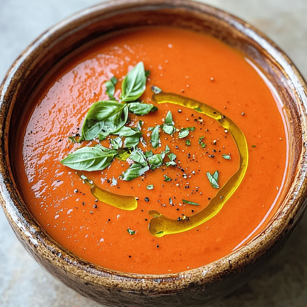 To make a delicious creamy roasted garlic tomato soup, you need the right ingredients. Here’s what you’ll need: - 8 ripe tomatoes, halved - 1 head of garlic - 2 tablespoons olive oil - 1 medium onion, diced - 1 teaspoon dried basil - 1 teaspoon dried oregano - 3 cups vegetable broth - 1 cup heavy cream (or coconut cream for dairy-free) - Salt and pepper, to taste - Fresh basil leaves, for garnish These ingredients work together to create a rich and smooth soup. The ripe tomatoes give a sweet taste, while the garlic adds depth. Olive oil helps the flavors blend well, and the heavy cream makes it creamy. You can substitute coconut cream if you prefer a dairy-free option. Fresh basil leaves at the end add a bright touch that enhances the overall flavor. For the full recipe, check out the details in the recipe section. - Preheat the oven to 400°F (200°C). - Prepare the tomatoes and garlic for roasting. - Roast the tomatoes and garlic until caramelized. Start by preheating your oven. This helps create a warm space for roasting. I like to use 400°F (200°C) for this soup. Next, take 8 ripe tomatoes and cut them in half. Place them cut side up on a baking sheet. Then, grab a whole head of garlic. Slice off the top to expose the cloves. Add this to the baking sheet too. Drizzle everything with 2 tablespoons of olive oil. Sprinkle salt and pepper on top for taste. Now, pop the baking sheet into the oven. Let the tomatoes and garlic roast for about 30-35 minutes. You want them to be soft and slightly caramelized. This step brings out their natural sweetness and flavor. - Sauté the onions until translucent. - Combine roasted tomatoes and garlic in the pot. - Build the soup with broth and seasonings. - Blend the mixture until smooth. - Add cream and adjust seasoning. - Warm the soup and prepare for serving. While your tomatoes and garlic roast, heat a large pot over medium heat. Add a diced medium onion and sauté it. Stir occasionally until the onions turn translucent, which should take about 5 minutes. Once your tomatoes and garlic are ready, remove them from the oven. Carefully squeeze the roasted garlic cloves out of their skins and into the pot with the onions. Then, add the roasted tomatoes, 1 teaspoon of dried basil, and 1 teaspoon of dried oregano. Pour in 3 cups of vegetable broth. Bring the mixture to a boil, then reduce it to a simmer. Let it cook for 10-15 minutes. This step lets the flavors mix and deepen. Now, take the pot off the heat. Blend the soup until it becomes smooth. You can use an immersion blender or carefully transfer it to a countertop blender. After blending, return the soup to the pot. Stir in 1 cup of heavy cream. If you want a dairy-free option, use coconut cream instead. Taste the soup and adjust the seasoning with more salt and pepper if needed. Finally, warm the soup over gentle heat. Avoid boiling it to keep it creamy. - Garnish with fresh basil and olive oil drizzle. - Add whole cherry tomatoes or cream swirl. To serve, ladle the soup into bowls. For a lovely touch, garnish with fresh basil leaves. You can also drizzle a little extra olive oil on top. Add whole cherry tomatoes or a swirl of cream for a beautiful finish. These small details make your soup look as good as it tastes. Enjoy! For more details, check the Full Recipe to ensure you don’t miss any steps! To make your soup truly creamy, use heavy cream or coconut cream. Heavy cream adds richness. Coconut cream gives a nice dairy-free option. Both create that smooth texture you want. When blending, focus on technique. Use an immersion blender for easy blending right in the pot. If you use a countertop blender, be careful. Blend in small batches to avoid spills. Blend until the soup is silky and smooth. To boost flavor, add spices or herbs. Fresh basil, thyme, or even a pinch of chili flakes can make a difference. Try experimenting with different herbs to find your favorite twist. For toppings, consider adding croutons for crunch or a drizzle of olive oil for richness. A dollop of sour cream or yogurt adds creaminess and tang. Fresh herbs also make a beautiful garnish. For the complete recipe, check the Full Recipe section. {{image_4}} You can swap heavy cream for coconut cream. Coconut cream gives a rich, smooth taste. It also adds a slight sweetness, which balances the soup's acidity. If you prefer nut milk, try almond or cashew milk. These options will change the flavor but still keep it creamy. Adjust the amount of broth for the desired thickness. Adding other vegetables can enhance the soup. Consider carrots, bell peppers, or zucchini for more texture. Roast them alongside the tomatoes for a deeper flavor. Seasonal ingredients work well too. In summer, add sweet corn, and in fall, try butternut squash. These choices keep your soup fresh and exciting. Bread or crackers pair nicely with this soup. A crusty baguette or buttery toast is perfect for dipping. For a side salad, a simple green salad with vinaigrette works well. It adds a crisp contrast to the creamy soup. You can also serve it with a sprinkle of cheese or a dollop of sour cream for extra flavor. For the full recipe, check out the Creamy Roasted Garlic Tomato Soup 🧄 section above. To keep your creamy roasted garlic tomato soup fresh, follow these tips: - Best practices for refrigeration: Store the soup in the fridge within two hours of cooking. Use an airtight container to prevent spoilage. It will stay fresh for up to three days. - Container choices for freshness: Glass containers work best as they do not absorb odors. If you use plastic, make sure it’s BPA-free and labeled for food storage. You can freeze leftover soup for future enjoyment. Here’s how: - How to freeze and reheat soup: Let the soup cool completely before transferring it to freezer-safe bags or containers. Label them with the date. When ready to eat, thaw it overnight in the fridge, then reheat on the stove. - Tips for maintaining flavor and texture: To keep the soup creamy, avoid freezing it with the cream added. Instead, freeze the base and add the cream when reheating. This keeps the texture smooth and rich. For the full recipe, check out the details for making this delicious soup! How long can I store Creamy Roasted Garlic Tomato Soup? You can store this soup in the fridge for about 3-5 days. Just make sure to keep it in an airtight container. Can I make this soup ahead of time? Yes, you can! Making it a day before allows the flavors to blend. Just reheat gently on the stove. What are the best serving suggestions for this soup? I love serving it with crusty bread or a fresh green salad. A sprinkle of cheese on top adds a nice touch too. How can I make it spicier? Add red pepper flakes or hot sauce while cooking. You can also blend in some jalapeños for a kick. Is it possible to use fresh herbs instead of dried? Absolutely! Use three times the amount of fresh herbs. They add a bright flavor that is hard to beat. What can I substitute if I don't have vegetable broth? You can use chicken broth or even water if needed. Adding a bit of soy sauce can enhance the flavor. For the full recipe, check out the details in the article. This blog post covered how to make a delicious creamy roasted garlic tomato soup. We reviewed ingredients, step-by-step instructions, and helpful tips. You learned how to enhance flavor and texture with cream and spices. We explored variations, storage methods, and answered common questions. Now, you have the tools to create a tasty, comforting dish. Enjoy your soup-making journey and share it with loved ones!