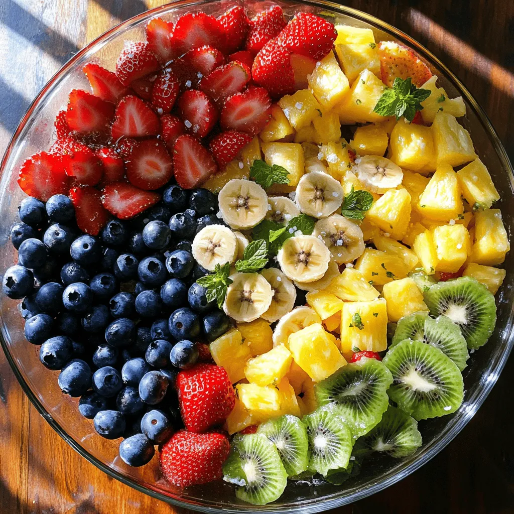 For this vibrant fruit salad, you will need: - 1 cup fresh strawberries, hulled and sliced - 1 cup ripe pineapple, diced into bite-sized pieces - 1 cup plump blueberries - 1 cup kiwi, peeled and cut into thin slices - 1 large banana, sliced into rounds - ¼ cup fresh mint leaves, finely chopped These fruits bring color, flavor, and texture. Each one adds a unique taste. Strawberries provide sweetness, while kiwi adds tang. Pineapple gives a tropical burst, and blueberries offer a juicy pop. Bananas add creaminess, and mint brings a fresh aroma. To make the honey lime dressing, you need: - 2 tablespoons honey - 2 tablespoons freshly squeezed lime juice - Grated zest of 1 lime - A small pinch of sea salt This dressing ties all the fruits together. Honey adds natural sweetness, while lime juice adds a zesty kick. The lime zest enhances the flavor, and sea salt balances the sweetness. For extra flair, consider these garnishes: - Additional mint leaves - Lime slices These garnishes not only look nice but also boost the flavor. Mint leaves add freshness, and lime slices offer a bright touch. You can serve the salad in a large, clear glass bowl to showcase the colorful fruits. For the full recipe, check out the instructions that follow! Start by washing all your fruits well. For strawberries, hull them and slice them into small pieces. Dice the pineapple into bite-sized cubes. Rinse the blueberries under cool water and set them aside. Peel the kiwi and cut it into thin slices. Slice the banana into rounds, making sure they are not too thick. Place all the fruit into a large mixing bowl. Use a spoon or spatula to gently mix them together. This keeps the fruits whole and colorful. In a small bowl, add two tablespoons of honey. Squeeze fresh lime juice into the bowl, about two tablespoons. Grate the zest of one lime and add it to the mix. Stir in a small pinch of sea salt. Whisk these ingredients together until the honey dissolves. This dressing should be smooth and well combined. The lime adds a nice tang to balance the sweetness of the honey. Now, pour the honey lime dressing over the mixed fruit. Drizzle it carefully to cover all the pieces. Use a gentle hand to toss the fruit with the dressing. Be careful not to mash the fruits; you want to keep them intact. After tossing, fold in the finely chopped mint leaves. This adds a fresh and aromatic touch. Let the salad sit for about ten minutes before serving. This resting time allows the flavors to blend beautifully. For the full recipe, refer to the earlier section. To make a vibrant fruit salad, choose ripe, fresh fruits. Look for strawberries that are bright red. Pineapples should smell sweet and feel firm. Blueberries need to be plump and shiny, while kiwis should feel slightly soft. Bananas should be yellow with a few brown spots for sweetness. Fresh mint adds a nice touch too. Aim for a mix of colors and textures for a stunning look. The honey lime dressing should be smooth and light. Start by whisking honey with lime juice in a small bowl. Make sure the honey dissolves completely. If the dressing is too thick, add a splash of water or more lime juice. This will help it coat the fruit evenly. A pinch of sea salt enhances the flavors, so don’t skip it! Presentation matters in a fruit salad. Use a clear glass bowl to show off the colorful fruits. Layer the fruits for a beautiful effect. Just before serving, garnish with more mint leaves and lime slices. This adds a fresh pop of color. You can also serve individual portions in small cups for a fun touch. For the full recipe, check the earlier sections for all the details! {{image_4}} You can easily swap fruits in this salad. Use fruits you love or have on hand. Apples, grapes, and peaches work well. They add crunch and sweetness. Each fruit brings its own flavor. Try using seasonal fruits for the best taste. You can even mix berries for a colorful twist. The options are endless! If you want a different flavor, try other dressings. A yogurt dressing adds creaminess. Just mix plain yogurt with honey and lime juice. You could also use a balsamic glaze for a tangy kick. Citrus vinaigrette is another fun option. Experiment with flavors to find what you enjoy most! To make your fruit salad more fun, add extras. Chopped nuts like almonds or walnuts add crunch. You can also try shredded coconut for a tropical vibe. A sprinkle of chia seeds boosts nutrition. For a unique twist, add small pieces of dark chocolate. These extras make your salad even more delicious and exciting. Check out the Full Recipe for more tips! Store leftover fruit salad in the fridge. Use an airtight container to keep it fresh. This helps prevent the fruits from drying out or absorbing odors. Before storage, ensure that the salad is at room temperature. This avoids condensation inside the container. Glass containers work best for storing fruit salad. They don’t retain smells and keep flavors intact. You can also use plastic containers with secure lids. Just ensure they are clean and dry before adding the salad. Fruit salad stays fresh for about 2-3 days in the fridge. To keep fruits vibrant, eat them sooner. Some fruits, like bananas, brown quickly. If you use bananas, plan to eat the salad within a day. If you notice any water pooling at the bottom, drain it before serving. This keeps your fruit salad looking great. For a full recipe, visit the [Full Recipe]. Yes, you can make the honey lime dressing ahead of time. Just mix honey, lime juice, lime zest, and salt in a bowl. Store it in a sealed jar in the fridge. This keeps it fresh for up to a week. When you're ready to use it, just give it a quick stir. It saves time on busy days. Many fruits pair well with honey lime dressing. Here are some great options: - Strawberries - Pineapple - Blueberries - Kiwi - Bananas - Mangoes - Apples - Grapes You can mix and match based on your taste. Each fruit adds its own flavor, making your salad unique and tasty. To make this fruit salad healthier, consider these tips: - Use only fresh, organic fruits when possible. - Reduce the honey to lower the sugar content. - Add seeds or nuts for extra protein and healthy fats. - Mix in some leafy greens like spinach or kale for added nutrients. These simple changes can boost nutrition without losing flavor. Enjoy your healthy fruit salad! You can find the Full Recipe for more details. This blog post covered how to make a tasty fruit salad with honey lime dressing. We discussed selecting fresh fruits and preparing the dressing. I shared tips for the best consistency and how to present your dish. Remember, you can switch up fruits or try new dressings. Store leftovers in the right containers for longer freshness. With these ideas, you can enjoy a healthy and delicious salad anytime. Happy fruit salad making!