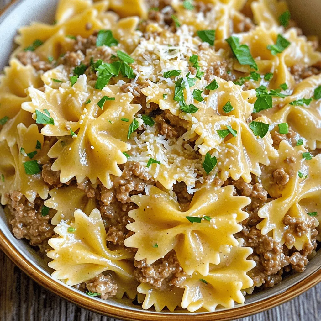 - 8 oz bowtie pasta - 1 lb ground beef - 1 cup heavy cream The bowtie pasta gives this dish its fun shape. It holds the sauce well, making each bite creamy and flavorful. Ground beef adds protein and richness. I love using lean ground beef for a healthier option. Heavy cream makes the sauce rich and velvety. It’s what makes this dish so special. - 4 cloves garlic, finely minced - 1 teaspoon Italian seasoning blend - Fresh parsley, chopped (for garnish) Garlic is the star of this dish. Its aroma fills the kitchen as you cook. I use fresh garlic for the best flavor. Italian seasoning brings warmth and depth. A sprinkle of fresh parsley on top adds color and brightness. It’s a simple touch that makes a big difference. - 1 cup beef broth - 2 tablespoons extra virgin olive oil - 1 cup freshly grated Parmesan cheese Beef broth adds a savory base to the sauce. It enhances the flavor of the beef. I always choose low-sodium broth for better control over salt. Extra virgin olive oil helps brown the beef and adds healthy fats. Lastly, Parmesan cheese is key for creaminess. It melts perfectly, creating a luscious sauce. For the full recipe, check out the detailed instructions! Start by boiling salted water in a large pot. Use about 4-6 quarts of water for 8 oz of bowtie pasta. Once the water is boiling, add the pasta. Cook it according to the package instructions, usually around 10-12 minutes. You want it to be al dente, which means it should be firm to the bite. After cooking, drain the pasta in a colander and set it aside for later. Next, heat 2 tablespoons of extra virgin olive oil in a large skillet over medium heat. Once the oil shimmers, add 1 lb of ground beef. Break it apart with a spatula and cook until it is well browned, about 5 to 7 minutes. Stir it occasionally for even cooking. After that, stir in 4 finely minced cloves of garlic. Cook for another 1 to 2 minutes until the garlic smells great but do not let it burn. Now it’s time to create the sauce. Carefully pour in 1 cup of beef broth and raise the heat slightly. Bring the mixture to a simmer. Once simmering, lower the heat and stir in 1 cup of heavy cream and 1 teaspoon of Italian seasoning. Let the sauce simmer gently for about 3 to 4 minutes. This will help it thicken slightly and blend the flavors well. For the cheesy goodness, gradually mix in 1 cup of freshly grated Parmesan cheese. Stir continuously until the cheese melts and the sauce is creamy. Taste the sauce and add salt and freshly cracked black pepper as needed. Now, add the cooked bowtie pasta to the skillet with the sauce. Toss the pasta gently to coat every piece with the delicious sauce. When serving, plate the pasta while hot. Garnish each serving with a sprinkle of chopped fresh parsley for a bit of color and extra flavor. For the full recipe, please check the earlier section. To ensure your sauce is smooth, add cheese slowly. If you dump it all in, it may clump. Stir continuously as you add the Parmesan. This keeps the sauce creamy and rich. For the ideal creamy texture, use heavy cream. It gives the sauce a rich mouthfeel. Let it simmer gently after adding the cream. This allows flavors to blend without curdling. Cooking the pasta to al dente is key. It should be firm yet tender. Follow the package instructions for timing. A quick taste test will help you know when it's done. To prevent sticking, stir the pasta while it cooks. Add a splash of olive oil to the pot. This coats the pasta and keeps it from clumping together. For a great look, serve the pasta in shallow bowls. Twirl the bowtie pasta for a nice shape. This makes the dish more inviting. To enhance the visual appeal, add fresh parsley on top. A sprinkle of extra Parmesan adds a nice touch, too. This gives your dish a gourmet finish. {{image_4}} You can switch up the protein in this dish. Ground turkey is a great choice. It gives a lighter taste while still adding protein. If you prefer seafood, try adding shrimp. Cook the shrimp until pink and tender. Chicken works well, too. Just make sure to cook it fully before mixing it with the pasta. For a vegetarian dish, you can substitute beef with plant-based options. Use meat alternatives like lentils or chickpeas. They add a nice texture and flavor. You can also add more vegetables. Think spinach, bell peppers, or zucchini. Sauté them with the garlic for extra taste. You can play with flavors by adding different herbs and spices. Fresh basil or oregano brings a nice touch. You could also try a pinch of red pepper flakes for some heat. For cheese lovers, switch up the cheese types. Instead of Parmesan, use mozzarella for a gooey texture. Each change can make your creamy Parmesan garlic beef bowtie pasta delight unique and special. For the full recipe, check out the details above. To keep your creamy Parmesan garlic beef bowtie pasta fresh, store leftovers in an airtight container. Make sure to cool the pasta completely before sealing. This helps to avoid condensation, which can make the dish soggy. The pasta will stay good in the fridge for about 3 to 4 days. Always reheat only what you need to keep the remaining pasta fresh. If you want to save it for later, freezing is a great option. First, let the pasta cool completely. Then, place it in a freezer-safe container or bag, and remove as much air as possible. This helps to prevent freezer burn. Your pasta can be frozen for up to 3 months. When you are ready to eat, simply transfer it to the fridge to thaw overnight. For reheating, warm it in a saucepan over low heat. You can add a splash of cream or broth to help bring back the creamy texture. Enjoy every bite of this delicious dish! This recipe takes about 30 minutes from start to finish. You will spend 10 minutes prepping and 20 minutes cooking. This makes it a quick option for busy nights. Yes, you can use other pasta shapes. Penne, fusilli, or even spaghetti work well. Each pasta shape adds a different texture, so feel free to experiment. You can boost flavor by adding red pepper flakes for heat. Fresh basil or spinach also adds a nice touch. Try some sun-dried tomatoes for a sweet twist. Yes, this dish is great for meal prep. Make it ahead of time and store in the fridge. It stays fresh for about 3 days. Just reheat gently to enjoy again. You have now learned how to make Creamy Parmesan Garlic Beef Bowtie Pasta. We covered the key ingredients, like bowtie pasta, ground beef, and heavy cream, and shared tips to get the sauce just right. We also explored delicious variations for protein and flavor. Remember, this dish is easy to store and reheats well. Whether you're cooking for yourself or a crowd, you can adjust it to your taste. Enjoy crafting your new favorite meal!