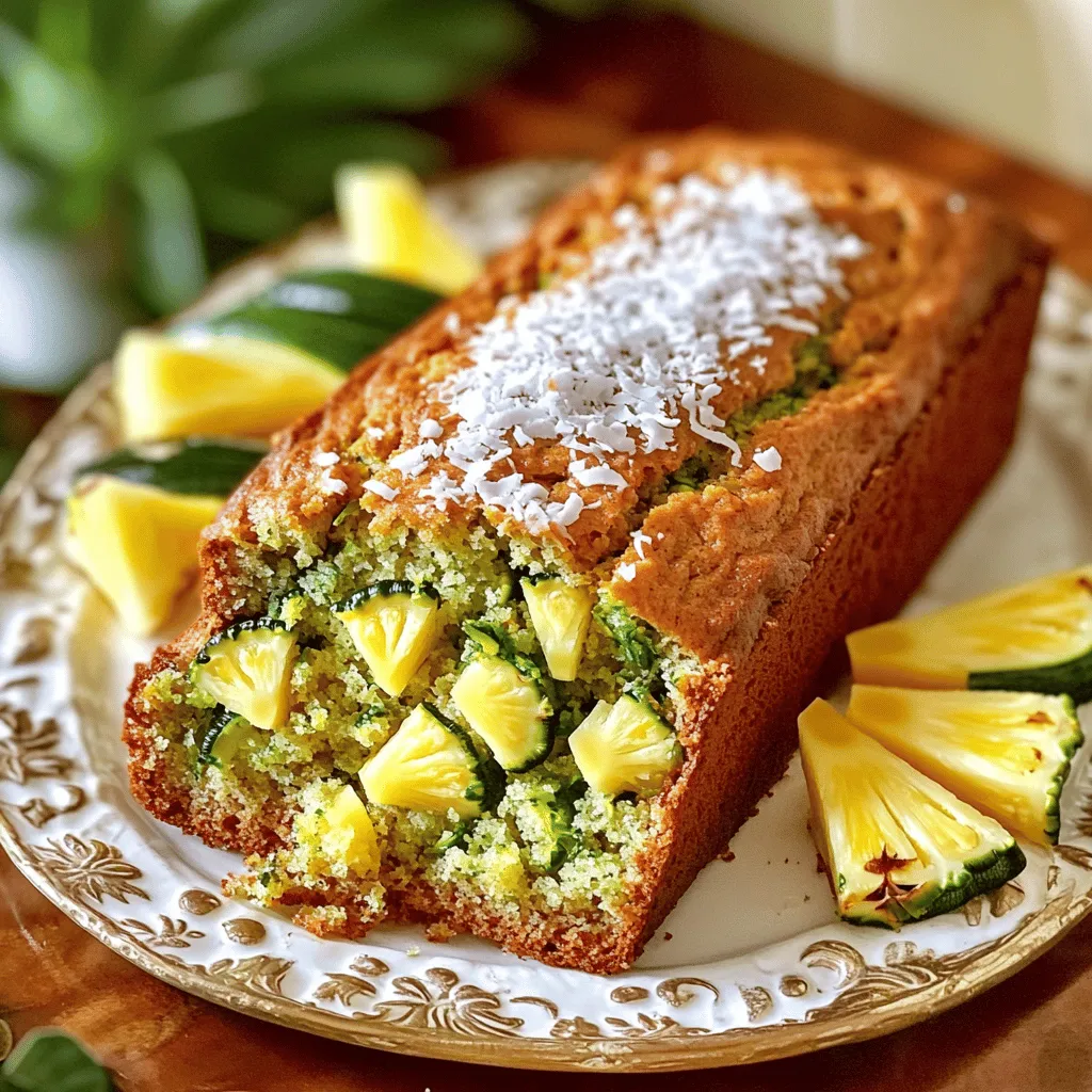 To make Pina Colada Zucchini Bread, gather these key ingredients: - 1 ½ cups grated zucchini (about 2 medium zucchini) - 1 cup crushed pineapple (drained well) - 2 large eggs (beaten) - ½ cup coconut oil (melted and slightly cooled) - 1 cup brown sugar (packed) - ½ cup granulated sugar - 1 teaspoon vanilla extract - 1 teaspoon coconut extract - 2 cups all-purpose flour - 1 teaspoon baking soda - ½ teaspoon baking powder - ½ teaspoon salt - 1 teaspoon ground cinnamon - ½ cup unsweetened shredded coconut - ½ cup chopped walnuts (optional) These ingredients blend together to create a moist and rich bread with tropical flavors. You can customize your zucchini bread with a few fun add-ins. Try adding: - ½ cup chopped macadamia nuts for crunch - ½ cup dried coconut flakes for more texture - A handful of dark chocolate chips for sweetness These options can enhance the flavor and give your bread a unique twist. Freshness is key to a delicious bread. Choose firm zucchini, as it provides more moisture. The pineapple should be ripe and juicy. After baking, store the bread in an airtight container. This keeps it soft and fresh. You can also freeze it if you want to enjoy it later. Just remember to wrap it well! For the best taste, consume within a week. If you want to make it last longer, freeze slices for up to three months. Enjoy your tropical treat! To start, gather your ingredients for the Pina Colada Zucchini Bread. You need 1 ½ cups of grated zucchini, which is about 2 medium zucchinis. Next, grab 1 cup of crushed pineapple and drain it well. Keep the juice for later. You also need 2 large eggs, ½ cup of melted coconut oil, and both brown and granulated sugar. Don’t forget the vanilla and coconut extracts! In a large bowl, mix the grated zucchini, crushed pineapple, beaten eggs, coconut oil, brown sugar, granulated sugar, vanilla extract, and coconut extract. Stir until everything is smooth. In another bowl, whisk together 2 cups of all-purpose flour, 1 teaspoon of baking soda, ½ teaspoon of baking powder, ½ teaspoon of salt, and 1 teaspoon of ground cinnamon. Now, slowly add the dry mix to the wet mix. Stir gently until just combined to keep the bread light. If you like, fold in ½ cup of shredded coconut and ½ cup of chopped walnuts for some crunch. Preheat your oven to 350°F (175°C). Prepare a 9x5 inch loaf pan by greasing it or lining it with parchment paper. Pour the batter into the loaf pan and smooth the top with a spatula. Bake the bread for 60 to 70 minutes. Around the 55-minute mark, check the bread. Insert a toothpick into the center. If it comes out clean, the bread is ready. If not, bake for a few more minutes. When done, let the bread cool in the pan for 10 minutes, then move it to a wire rack to cool completely. Enjoy the tropical scent as it fills your kitchen! To get the best texture in your Pina Colada Zucchini Bread, you need to squeeze the zucchini first. Use a clean cloth to remove excess moisture. This step helps your bread rise well and stay light. Also, remember not to overmix the batter. Overmixing makes the bread dense and tough. Stir gently until the dry ingredients just blend into the wet ones. For a flavor boost, use fresh extracts. Instead of regular vanilla extract, opt for pure vanilla for a richer taste. You can also add a splash of the reserved pineapple juice to the batter. This adds a sweet touch and keeps the bread moist. If you love coconut, consider adding extra shredded coconut or using coconut flour for part of the all-purpose flour. Avoid using too much zucchini, as it can make the bread soggy. Stick to the recommended 1 ½ cups of grated zucchini. Another common mistake is skipping the cooling time. Letting the bread cool fully ensures better slicing and taste. Lastly, don’t forget to check the oven temperature. An oven that is too hot can burn the edges before the center cooks through. For the full recipe, you can refer to the earlier section. Enjoy your baking! {{image_4}} You can make your Pina Colada Zucchini Bread even more fun! Add some tropical fruits like mango or banana. Diced mango gives a sweet touch, while banana adds moisture. You can mix in some macadamia nuts for a crunchy bite. They fit the tropical theme perfectly and boost the flavor. If you want to switch things up, try using different flours. Almond flour works great for a nutty taste. Coconut flour can also add a nice flavor, but remember to adjust the liquid. You may need to add more egg or a splash of milk. This helps keep the bread moist and fluffy. Want to make this recipe vegan? It’s simple! Replace the eggs with flaxseed meal. Mix one tablespoon of flaxseed with three tablespoons of water. Let it sit for five minutes to thicken. Use coconut yogurt instead of eggs for a creamy texture. You can also swap the coconut oil for a plant-based butter. These changes keep the tropical vibes while making it vegan-friendly. Check out the Full Recipe for all the details and to get started! To keep your Pina Colada Zucchini Bread fresh, wrap it well. Use plastic wrap or foil. Store it at room temperature for up to three days. If you want it to last longer, place it in the fridge. In the fridge, it stays good for about a week. Always check for any signs of spoilage before enjoying. You can freeze this tasty bread to enjoy later. First, let it cool completely. Then, wrap it tightly in plastic wrap. After that, place it in a freezer-safe bag or container. This bread can stay frozen for up to three months. When you want to eat it, just thaw it in the fridge overnight. To reheat your Pina Colada Zucchini Bread, slice off the amount you want. You can warm it in the microwave for about 10-15 seconds. For a crispier texture, pop it in the oven at 350°F (175°C) for 5-10 minutes. Enjoy it warm to bring out the flavors! For more details, refer to the Full Recipe. Yes, you can use frozen zucchini. Just thaw it first and squeeze out extra water. This will help keep the bread moist without being too soggy. Frozen zucchini works well in this recipe, especially if you have leftovers from the summer harvest. Pina Colada Zucchini Bread can be a healthy choice. It uses zucchini, which is low in calories and high in fiber. The crushed pineapple adds sweetness without extra sugar. Plus, coconut oil has healthy fats. To make it even healthier, you can cut back on sugar or swap in whole wheat flour. This bread tastes like a tropical vacation. The flavors of coconut and pineapple shine through. You’ll enjoy the sweetness from the sugars, balanced by the savory zucchini. The texture is moist and tender, thanks to the zucchini and pineapple. Each bite feels like a treat, perfect for breakfast or dessert. For the full experience, try the [Full Recipe]. This blog post covers how to make Pina Colada Zucchini Bread. We discussed the key ingredients, preparation steps, and tips for perfect texture and flavor. You now know optional add-ins to customize your bread and how to store and reheat it. Remember to avoid common mistakes for the best results. This recipe is fun and easy, even for new bakers. Enjoy your baking adventure!
