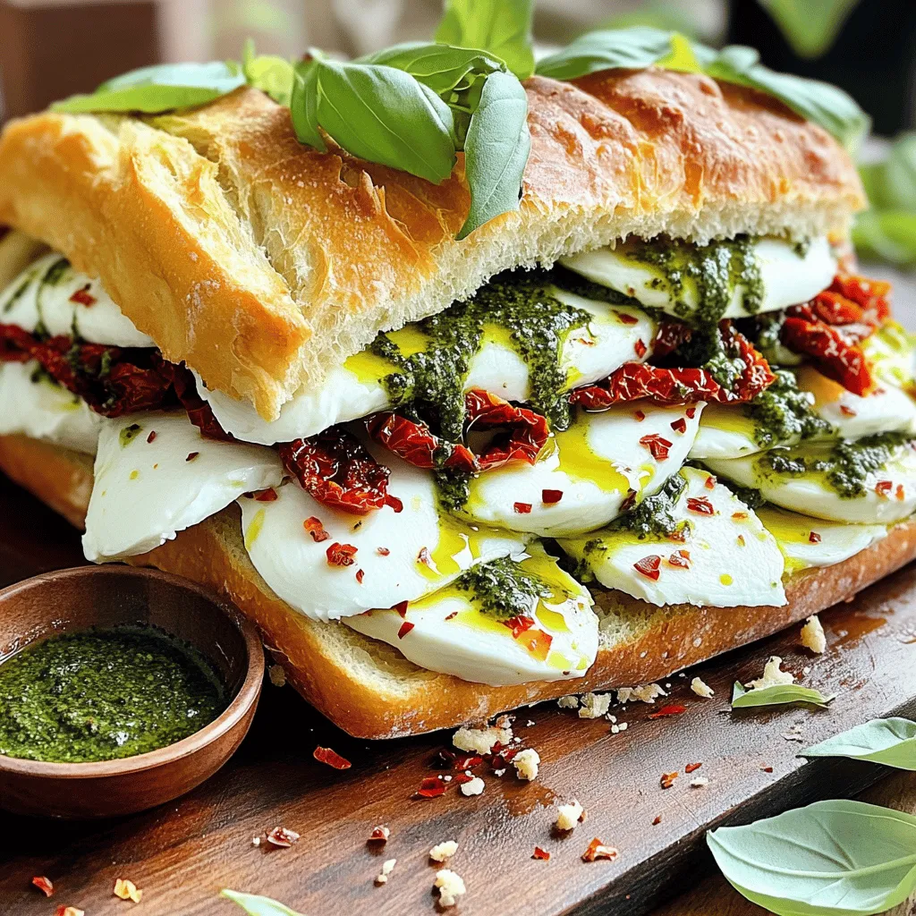 - 2 slices of artisanal sourdough bread - 1 cup fresh mozzarella cheese, sliced into rounds - 1/4 cup sun-dried tomatoes, roughly chopped - 1/4 cup fresh basil leaves - 2 tablespoons flavorful pesto sauce - 2 tablespoons high-quality olive oil - Salt and freshly cracked black pepper, to taste - Optional: A sprinkle of red pepper flakes When I make a grilled mozzarella sandwich, I focus on the quality of my ingredients. Artisanal sourdough bread brings a chewy texture and a slightly tangy flavor. This bread is key to a perfect, crispy crust. Fresh mozzarella cheese is a star in this dish. I love how it melts beautifully, creating a gooey center. I slice it into rounds for even melting. Sun-dried tomatoes add a burst of sweetness. Their rich flavor contrasts wonderfully with the creamy cheese. I chop them roughly for a nice texture. Basil leaves bring a fresh note. They add a lovely aroma and balance the richness of the cheese. I always use fresh basil for the best taste. Pesto sauce is another layer of flavor. It enhances the taste of the sandwich with its herbs and garlic. I spread it on the bread for an extra kick. High-quality olive oil is essential. I brush it on the outside of the bread. This step ensures a golden crust that is crispy and inviting. Lastly, I season with salt and pepper. These simple spices elevate the flavors. I might add red pepper flakes if I want some heat. By choosing fresh, high-quality ingredients, I create a grilled mozzarella sandwich that’s a true delight. For the full recipe, make sure to check the details above! 1. Heat a non-stick skillet or griddle over medium heat. You want it warm but not smoking. This helps the bread toast nicely. 2. Take your slices of sourdough bread. Brush one side of each slice with olive oil. This oily side will create that crispy crust we all love. 1. On the un-oiled side of one slice, spread pesto sauce. Make sure to cover it evenly. This adds great flavor. 2. Layer fresh mozzarella cheese slices on top of the pesto. Next, sprinkle the chopped sun-dried tomatoes and fresh basil leaves. 3. Finish with a light sprinkle of salt, black pepper, and red pepper flakes if you like some heat. 4. Place the second slice of bread on top, oiled side facing out. Now you have a complete sandwich. 1. Gently place the sandwich in the preheated skillet. Cook for 3-4 minutes. You want the bottom to be golden brown. 2. Carefully flip the sandwich using a spatula. Press down slightly to help it cook evenly. Cook the other side for another 3-4 minutes. The mozzarella should melt into a gooey delight. 3. Once both sides are golden, remove the sandwich from the skillet. Let it rest for a minute before slicing it in half. For the full recipe, check out the Melty Mozzarella Delight Sandwich. When making a grilled mozzarella sandwich, start with your cheese. Choose fresh mozzarella for its creamy melt and rich flavor. Look for mozzarella packed in water, as it stays moist. If fresh mozzarella isn’t available, try low-moisture mozzarella. It melts well but has a firmer texture. Next, select the right bread. Artisanal sourdough is my go-to choice. Its crusty outside and soft inside create a great contrast. You can also use ciabatta or whole-grain bread for different flavors. Just make sure the bread is sturdy enough to hold all the yummy fillings. Heating your skillet right is key. Use medium heat to warm your skillet. Too high, and your bread might burn before the cheese melts. You want a nice golden color on both sides. To achieve perfect crispiness, brush the outside of the bread with olive oil. This oil creates a golden, crunchy crust. When cooking, press down gently with a spatula. This helps the sandwich cook evenly and makes sure the cheese melts perfectly. For serving, slice your sandwich diagonally. This makes it look appealing and easy to eat. Place it on a rustic wooden board for a cozy vibe. Add a few fresh basil leaves on the side for color. Pair your sandwich with a small bowl of extra pesto for dipping. This adds a burst of flavor. You might also serve it with a simple salad or some crunchy chips. Enjoy your melty masterpiece! For the complete recipe, check out the Full Recipe. {{image_4}} You can swap fresh mozzarella for other cheeses. Try provolone or fontina for a fun twist. If you want something creamier, use burrata. These cheeses melt well and create a rich flavor. Different spreads can also change your sandwich. Instead of pesto, try a spicy aioli or a tangy tapenade. You can even use hummus for a unique taste. Each spread gives a new texture and flavor. If you need gluten-free options, choose gluten-free bread. Many brands offer tasty choices that hold up well. You can use gluten-free sourdough or even lettuce wraps for a lighter version. For vegan alternatives, use plant-based cheese. Look for brands that mimic mozzarella's stretch. You can also make your own using cashews. For pesto, use nutritional yeast, basil, and olive oil to create a vegan spread. To make your sandwich even better, add slices of avocado. It gives a creamy texture and fresh taste. You can also roast some peppers for a smoky flavor. They add sweetness and depth. Try new herbs and spices too. Adding fresh oregano or thyme can brighten the sandwich. A sprinkle of smoked paprika can create a warm, earthy taste. Mix and match flavors to find your perfect combination! To keep your grilled mozzarella sandwich fresh, wrap it in foil or plastic wrap. Place it in an airtight container for best results. Store it in the fridge for up to three days. When you're ready to eat, you can reheat it in a skillet over low heat. This method helps maintain its crispness. Another option is to use the oven. Preheat it to 350°F (175°C) and heat for about 10 minutes. This keeps the bread crispy and the cheese melty. Yes, you can freeze grilled mozzarella sandwiches! Wrap each sandwich tightly in plastic wrap. Then, place them in a freezer-safe bag or container. It’s best to freeze them before reheating. They can last up to three months in the freezer. To reheat, let them thaw in the fridge overnight. Then, cook in a skillet or oven as mentioned earlier. You can keep leftover grilled mozzarella sandwiches in the fridge for about three days. After that, they might lose their taste and texture. Check for signs of spoilage, such as an off smell or mold. If you see any, it’s best to toss the sandwich. Enjoy your melty mozzarella delight fresh for the best taste! For the full recipe, check out the Melty Mozzarella Delight Sandwich section above. You can serve many tasty sides with grilled mozzarella sandwiches. Here are some ideas: - Simple Salad: A fresh green salad pairs well. Use mixed greens, cherry tomatoes, and a light dressing. - Tomato Soup: A warm bowl of tomato soup complements the sandwich's flavors. It adds a cozy touch. - Sweet Potato Fries: Crispy sweet potato fries provide a sweet contrast. They are fun and crunchy. - Pickles: Add some dill pickles for a tangy bite. They balance the richness of the cheese. - Chips: Serve with crunchy chips for extra texture. They make for a great snack alongside your meal. Yes, you can prep grilled mozzarella sandwiches ahead of time. Here are some tips: - Prepare the Filling: Slice the mozzarella and chop the sun-dried tomatoes and basil in advance. Store them in the fridge. - Assemble Before Cooking: You can assemble the sandwich but wait to cook it. Wrap it in plastic wrap to keep it fresh. - Cook Later: When ready to eat, heat the skillet and cook your sandwich. This ensures your bread stays crispy. - Store For Later: If you have leftovers, refrigerate them. Reheat in a skillet for the best taste. To make your sandwich extra cheesy, try these techniques: - Layer Cheese: Use more than one type of cheese. Mix mozzarella with provolone or fontina for depth. - Add Cheese Inside and Out: Spread a little cheese on the outside of the bread. This creates a cheesy crust. - Use Shredded Cheese: Shredded cheese melts quicker and covers more area. It gives an even melt. - Heat Gradually: Cook on low heat for longer. This allows the cheese to melt fully without burning the bread. - Experiment with Flavors: Mix in some cheese spreads or flavored cheeses. They can enhance the taste. Enjoy your grilled mozzarella sandwich to the fullest! For the complete recipe, check out the Full Recipe section above. This blog post explored how to make a perfect grilled mozzarella sandwich. We discussed ingredients like artisanal sourdough, fresh mozzarella, and sun-dried tomatoes. I shared tips on cooking, presentation, and storing leftovers. Remember, using quality ingredients makes a big difference. Try different variations to suit your taste. Enjoy your delicious creation, and don't be afraid to experiment!