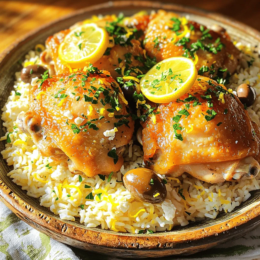 - 4 boneless, skinless chicken thighs - 1 cup long-grain rice (preferably basmati) - 2 cups chicken broth (low-sodium recommended) - 1 large lemon (for both zest and juice) - 3 tablespoons extra-virgin olive oil - 4 cloves garlic, finely minced - Herbs: 1 teaspoon dried oregano, 1 teaspoon dried thyme - Salt and freshly cracked pepper to taste - Fresh parsley, finely chopped (for garnishing) - 1/2 cup Kalamata olives, pitted and sliced - 1/2 cup crumbled feta cheese When I think about the ingredients for Greek chicken and lemon rice, I get excited! Each element adds a unique touch. The chicken thighs are juicy and tender, perfect for soaking up flavors. Basmati rice gives the dish a nice fluffy texture. The chicken broth keeps everything moist and tasty. I love using low-sodium broth to control salt. The lemon brings brightness and zest, making the dish pop. To enhance the flavors, I use extra-virgin olive oil. It not only adds richness but also helps to infuse the garlic and herbs. Minced garlic gives a strong aroma and taste. Dried oregano and thyme add earthy notes that remind me of sunny Greece. For those who want to add more, I suggest toppings like fresh parsley for color and a hint of freshness. Kalamata olives bring a salty bite, while crumbled feta cheese adds creaminess. All these ingredients together create a lovely harmony on your plate. Check out the Full Recipe for detailed steps and tips to make this dish shine! - Combine marinade ingredients in a bowl: In a medium bowl, mix olive oil, minced garlic, lemon juice, lemon zest, oregano, thyme, salt, and pepper. This mix will give your chicken a zesty flavor. - Coat chicken thighs and let marinate: Add the chicken thighs to the bowl, ensuring they are covered well. Let them sit for at least 30 minutes at room temperature. For deeper flavor, refrigerate for up to 2 hours. - Sear marinated chicken in skillet: Heat a large skillet over medium heat. Remove the chicken from the marinade, letting any extra drip off. Place the thighs in the hot skillet. - Ensure chicken reaches internal temperature of 165°F (75°C): Sear the chicken for about 5-7 minutes on each side. Look for a golden-brown color. Use a meat thermometer to check that the chicken is safe to eat. - Toast rice in skillet before adding broth: In the same skillet, add the long-grain rice. Stir it for about 1 minute. This step adds flavor and enhances the rice's texture. - Simmer until liquid is absorbed and rice is tender: Carefully pour in the chicken broth. Bring it to a boil. Reduce the heat to low, cover the skillet, and let it simmer for about 15 minutes. The rice should absorb all the liquid and become tender. - Nestle cooked chicken into the rice: Once the rice is ready, place the seared chicken thighs back into the skillet. Pour any leftover marinade over them for extra taste. - Add optional olives and feta, and let rest: If you choose, sprinkle in the sliced Kalamata olives and crumbled feta cheese. Gently mix everything. Cover and let it rest off the heat for an additional 5 minutes. This helps the flavors blend beautifully. For the full recipe, check out [Full Recipe]. Marinade your chicken for at least 30 minutes. This time helps the flavors soak in. If you want a deeper taste, let it sit for two hours in the fridge. Avoid marinating too long; it can change the chicken's texture. Over-marinating can make it mushy, which is not what we want. Rinsing rice is key before cooking. This step removes excess starch and prevents stickiness. To rinse, place the rice in a fine-mesh strainer and run cool water over it. Stir the rice gently with your fingers. For fluffy rice, avoid stirring it too much while cooking. Once cooked, let the rice rest covered for a few minutes to finish the process. For a family-style meal, use a large platter. Arrange the chicken and rice nicely. Sprinkle fresh parsley on top for color. Add lemon wedges for a bright touch. For individual servings, plate the rice first, then add a chicken thigh on top. Include olives and feta on the side for extra flavor. This makes each plate look gourmet and inviting. Check out the Full Recipe for more details! {{image_4}} You can easily change this dish's taste. Swap chicken thighs for chicken breasts if you prefer. Chicken breasts cook quickly and stay juicy. They work well with the marinade's flavors. If you want a vegetarian option, use chickpeas or tofu. Both ingredients soak up the lemon and herb flavors. They make a satisfying meal too. Consider using quinoa or couscous instead of rice. Quinoa adds protein and a nutty taste. It cooks in about 15 minutes. Couscous cooks quickly too, making it a convenient choice. You can also adjust your cooking methods for grains. Cook the quinoa in broth for more flavor. For couscous, simply add hot water and let it sit. Incorporate seasonal vegetables or herbs for extra freshness. Try adding spinach or zucchini during the summer. They cook quickly and blend well with the dish. Adjusting flavors can fit different tastes. Add more lemon for a zesty kick or use herbs like dill for a twist. These small changes create a unique dish each time. For the complete recipe, check out the Full Recipe section. To keep your Greek Chicken and Lemon Rice fresh, store it in the refrigerator. Use airtight containers for best results. This will help keep the flavors intact. Make sure to cool the dish before sealing it. If you leave it out too long, bacteria can grow. You can freeze Greek Chicken and Lemon Rice for later meals. First, let it cool completely. Then, pack it into freezer-safe containers or bags. Remove as much air as possible. This keeps the rice and chicken flavorful. When ready to eat, thaw it in the fridge overnight. When reheating, use the microwave or stovetop. For the microwave, heat in short bursts, stirring in between. This helps maintain texture. On the stovetop, add a splash of chicken broth to keep it moist. Serve with a sprinkle of fresh parsley or extra lemon for a bright touch. Greek Chicken and Lemon Rice has roots in Mediterranean cooking. Greek cuisine often features fresh ingredients, herbs, and olive oil. This dish showcases the classic combo of lemon and chicken, a staple in many Greek meals. The use of rice as a side is common in Greece. It provides a filling base to absorb the flavors of the chicken. This dish reflects the Greek love for simple, yet vibrant flavors. Yes, you can prepare Greek Chicken and Lemon Rice ahead of time. Marinate the chicken a day before. This deepens the flavors and saves time. Cook the dish, then cool it. Store it in airtight containers in the fridge. You can reheat it easily before serving. The rice may soften slightly, but it will still taste great. For sides, consider a Greek salad. Its fresh veggies balance the rich chicken. You could also serve grilled vegetables or roasted potatoes. A light tzatziki sauce pairs well too. For drinks, try a crisp white wine or sparkling water with lemon. These options complement the flavors beautifully. To lower calories, use skinless chicken breasts instead of thighs. You can also reduce the olive oil in the marinade. Swap regular rice for cauliflower rice for a low-carb option. Use low-fat feta cheese or skip it altogether. These swaps keep the dish tasty while reducing calories. In this blog, we explored the key ingredients for Greek Chicken and Lemon Rice. You learned how to marinate, cook the chicken, and prepare the rice. We also discussed tips for perfect texture and variations to suit your taste. Remember, cooking is about experimenting and having fun. Use this recipe as a way to connect with flavors and enjoy a delicious meal. Follow these steps, and you'll create a dish that impresses everyone at your table.