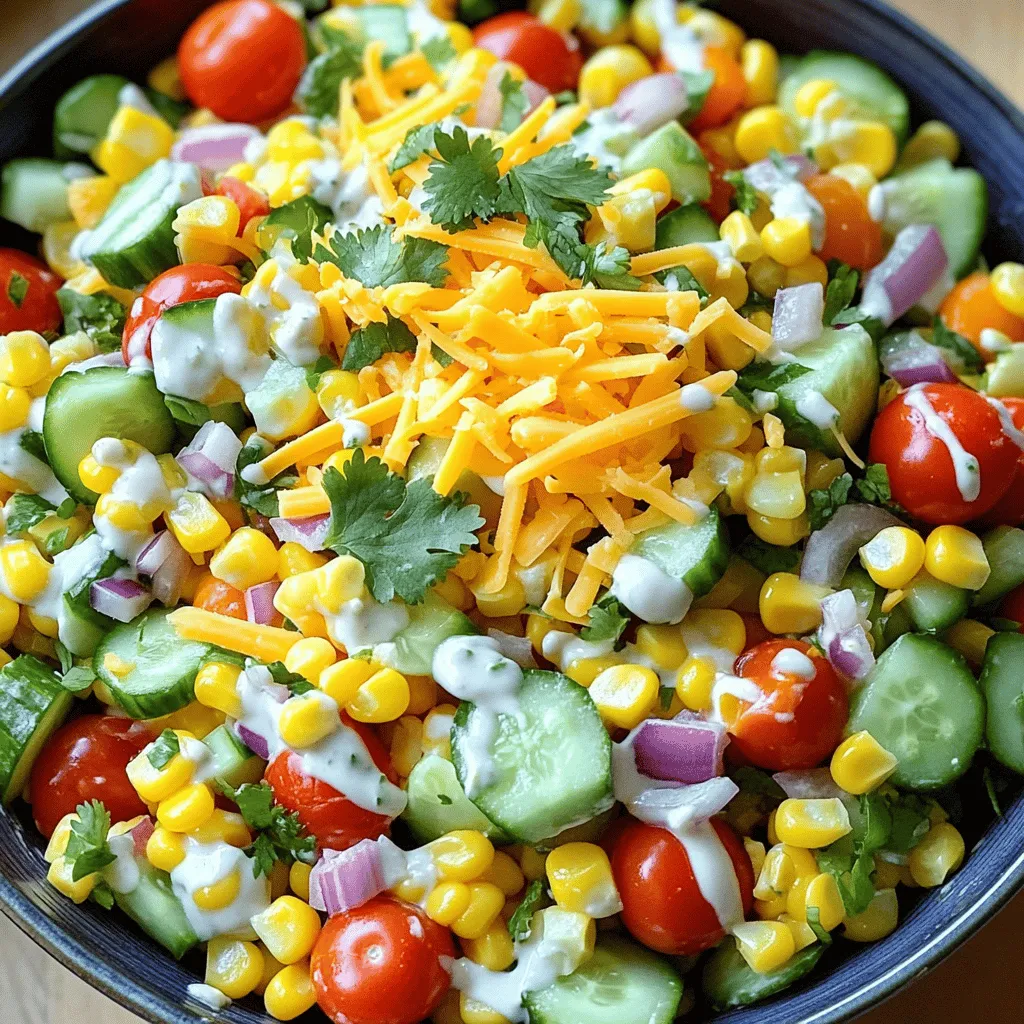 To make this tasty Crack Corn Salad, you will need: - 4 cups fresh corn kernels (about 4 ears of corn) - 1 1/2 cups cherry tomatoes, halved - 1 cup crunchy cucumbers, diced - 1/2 cup red onion, finely chopped - 1/2 cup assorted bell peppers, diced (mix colors for fun) - 1 cup shredded sharp cheddar cheese - 1/2 cup creamy mayonnaise - 1 tablespoon apple cider vinegar - 1 tablespoon honey - 1 teaspoon garlic powder - Salt and pepper, to taste - 1/4 cup fresh cilantro, chopped (optional garnish) You can change some ingredients based on what you like. Try these swaps: - Use Greek yogurt instead of mayonnaise for a lighter taste. - Swap cherry tomatoes for diced regular tomatoes if you prefer. - Add black beans for extra protein and fiber. - Substitute avocado for cheese for a creamy texture. - Toss in corn chips for a crunchy bite. Fresh corn is best for this salad. It has a sweet taste and great crunch. To prepare fresh corn, cook it briefly in boiling water. If you use canned corn, rinse it well to cut down on salt. Canned corn works in a pinch but may not taste as fresh. Fresh corn gives your salad a bright flavor that makes it stand out. For the best results, I always recommend using fresh corn when you can. If you want the full recipe, check out [Full Recipe]. First, you need to cook the corn. Bring a pot of water to a boil. Add the ears of corn and cook for about 5-7 minutes. This step makes the corn tender and sweet. Once done, drain the corn and let it cool. Carefully cut the kernels off the cob. If you use canned corn, just drain and rinse it well. Grab a large mixing bowl. Add the corn kernels, halved cherry tomatoes, diced cucumbers, finely chopped red onion, and assorted bell peppers. Use different colors for a pretty dish. Gently toss everything together until all the veggies mix well. In a medium bowl, whisk together the mayonnaise, apple cider vinegar, honey, garlic powder, salt, and pepper. This dressing gives a sweet and tangy taste. Make sure there are no lumps, and it’s smooth. Pour the dressing over the vegetable mix. Stir gently to coat all the ingredients well. Then, fold in the shredded sharp cheddar cheese. This adds creaminess and flavor to your salad. Now it’s time to taste the salad. If it needs more flavor, add more salt or pepper. For some heat, sprinkle in cayenne pepper or finely chopped jalapeños. Adjust until it tastes just right. Cover the bowl with plastic wrap or a lid. Refrigerate the salad for at least 30 minutes. This chilling time helps all the flavors blend beautifully. When ready to serve, consider garnishing with fresh cilantro for a pop of color. You can serve the salad in a large bowl or in individual dishes. Enjoy this fresh and colorful Crack Corn Salad! For the complete recipe, check out the Full Recipe. To boost the flavor of your Crack Corn Salad, focus on fresh herbs and spices. Fresh cilantro adds brightness and a pop of green. You can also try other herbs like basil or parsley for a unique twist. For extra zest, add lime juice or zest to the dressing. A splash of hot sauce can kick it up a notch too. Remember, balance is key. You want sweet, salty, and tangy all in one bowl. When selecting corn, look for firm, bright kernels. The husk should be green and moist. For tomatoes, choose plump, shiny cherry tomatoes. They should smell sweet and earthy. Cucumbers should feel crisp and firm. Avoid any that feel soft or have blemishes. Bell peppers should be colorful and shiny, with no wrinkles. Freshness will make your Crack Corn Salad taste amazing. Garnishing can elevate your salad's look and taste. Fresh cilantro is a great choice. You can also sprinkle some crumbled queso fresco for a salty bite. Sliced radishes add a crunch and a pop of color. For a nutty flavor, try adding toasted pumpkin seeds or sunflower seeds. These little touches make your dish more appealing and fun to eat. {{image_4}} To add some heat to your Crack Corn Salad, try making a spicy version. You can add diced jalapeños or a dash of hot sauce. Start with one jalapeño for a mild kick. If you want more spice, feel free to add more! Mixing in a teaspoon of cayenne pepper also works well. This heat balances out the sweetness of the corn and dressing, creating a flavor explosion. For a heartier salad, consider adding more veggies. You can include black beans, diced avocados, or even corn chips for crunch. These additions enhance the texture and flavor. If you want to boost protein, add chickpeas or kidney beans. This way, you keep the salad fresh while making it more filling and nutritious. You can change the salad with the seasons. In summer, use fresh herbs like basil or parsley. In the fall, try adding diced apples or roasted pumpkin. These ingredients give a new twist to the classic salad. Each season brings unique flavors, so feel free to get creative. Enjoy the freshness of seasonal produce in your Crack Corn Salad. For more ideas, check out the Full Recipe. To store leftover Crack Corn Salad, place it in an airtight container. This keeps moisture in and prevents drying. Make sure the container is clean and dry before adding the salad. Storing it in the fridge is best. It stays fresh for up to three days. To keep your salad fresh, avoid mixing in the dressing until serving. This helps prevent sogginess. If you have extra vegetables, store them separately. You can also add a layer of paper towels on top of the salad. This absorbs excess moisture and keeps it crisp. Freezing Crack Corn Salad is not ideal due to the textures. The veggies and cheese may become watery when thawed. If you must freeze it, consider just freezing the corn. Cooked corn freezes well and can be added later to fresh salad. Just remember to thaw it completely before mixing. For the best taste, enjoy it fresh! Crack Corn Salad is a tasty mix of fresh corn, veggies, and cheese. It shines with bright colors and flavors. The main ingredients are corn, tomatoes, cucumbers, bell peppers, and cheddar cheese. You dress it with a creamy mix of mayonnaise, vinegar, and honey. This salad is crunchy, sweet, and savory, making it a crowd-pleaser. Yes, you can make Crack Corn Salad ahead of time. It tastes even better after chilling in the fridge. Prepare it a few hours or even a day before serving. Just keep it covered in the fridge to stay fresh. This way, you save time and enjoy more moments with friends or family. Crack Corn Salad lasts about 3 to 5 days in the fridge. Make sure to store it in a sealed container. If you notice any change in smell or color, it's best to discard it. Always check before eating leftovers to ensure it is still safe. Absolutely! Crack Corn Salad is perfect for potlucks. It's easy to make and share. The colorful look attracts attention, and the flavor keeps people coming back for more. Just remember to bring enough for everyone to enjoy. For the full recipe, check out the section above. Crack Corn Salad is a fun and tasty dish. We covered ingredients, instructions, and tips for making it your own. You can use fresh or canned corn and try new flavors for variety. Plus, I shared how to store leftovers and answers to common questions. Enjoy making this salad for any meal or gathering. You'll impress your guests and family with this simple recipe. It’s easy, delicious, and perfect for any occasion.
