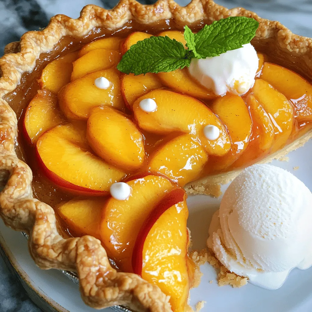 For the best peach pie, you need ripe peaches. Use about 6 cups, peeled and sliced. Fresh peaches give the pie a sweet and juicy taste. Look for peaches that are firm but slightly soft when you press them. This means they are ripe and full of flavor. You will need 1 cup of granulated sugar and 1/4 cup of all-purpose flour. The sugar helps sweeten the peaches, while the flour thickens the filling. Together, they create a nice balance in texture. You can add a pinch of salt to enhance the sweetness. Don’t forget these extras! You will need 1/4 teaspoon of ground cinnamon and 1 tablespoon of fresh lemon juice. The cinnamon adds warmth, while the lemon juice brightens the flavors. Also, use 1 tablespoon of unsalted butter, cut into small pieces, for a rich taste. For the crust, grab 1 package of refrigerated pie crusts, which includes 2 crusts. Lastly, beat 1 egg for an egg wash to give your pie a golden look. For the full recipe, check out the Juicy Peach Bliss Pie 🥧! To start, gather your juicy peaches. You will need 6 cups of ripe peaches. Peel and slice them, then place them in a large bowl. Next, add 1 cup of sugar, 1/4 cup of flour, and a pinch of salt. Toss these ingredients gently. This helps the peaches release their sweet juices. Add 1/4 teaspoon of ground cinnamon and 1 tablespoon of fresh lemon juice. The lemon juice brightens the flavor. Let this mixture sit for 20 minutes. This step is key for blending the flavors well. Now, roll out the first pie crust. You can use a store-bought crust for ease. Place it into a 9-inch pie dish. Press the crust against the bottom and sides. Pour the peach filling into the crust. Spread it evenly for a balanced taste in every slice. Dot the filling with small pieces of unsalted butter. This adds a rich, creamy texture. Unroll the second pie crust and cover the filling. Crimp the edges to seal it well. Don’t forget to cut small slits in the top crust. This allows steam to escape and prevents overflow. Preheat your oven to 425°F (220°C). Brush the top crust with a beaten egg. This gives the pie a golden look. Place the pie in the oven and bake for 45-50 minutes. Keep an eye on it. When the crust turns golden-brown and the filling bubbles, it's done. Remove the pie from the oven. Let it cool for at least 2 hours before slicing. This cooling time helps the filling set. For a special touch, serve each slice with vanilla ice cream. Enjoy your Juicy Peach Bliss Pie! For the full recipe, check out the section above. Choosing ripe peaches is key to a great pie. Look for peaches that are firm but slightly soft. They should have a sweet smell. The skin should be golden and have some red blush. Avoid peaches with bruises or dark spots. If they are not ripe, leave them at room temperature for a few days. Once ripe, use them in your pie for the best flavor. A perfect pie crust starts with cold ingredients. Keep your butter and water cold. This helps create a flaky texture. Roll out your dough on a floured surface to prevent sticking. When assembling, press the crust gently into the dish. Avoid stretching it. This keeps the crust from shrinking while baking. Use small slits on top to allow steam to escape. This prevents a soggy crust. Cooling your pie is important. After baking, let it cool for at least 2 hours. This allows the filling to set. If you cut it too soon, the filling may run. When serving, a slice with vanilla ice cream is perfect. You can also add fresh mint for a nice touch. For the best taste, enjoy the pie the same day it is baked. For more details, check out the Full Recipe. {{image_4}} You can boost the taste of your peach pie by adding spices. Consider using nutmeg or allspice for warmth. A hint of ginger can bring a nice zing too. Just a pinch of cardamom will add a fragrant note. Each spice brings its own character to the pie. Experiment to find your favorite mix! If you want to switch things up, try a different crust. You can use a graham cracker crust for a sweet and crunchy base. A puff pastry crust will give a flaky and buttery touch. For a gluten-free option, almond flour or oat flour works well. Each crust changes the pie's flavor and texture, so choose what you love best! Serving your peach pie can be as fun as making it! A scoop of vanilla ice cream on top makes each bite creamy and rich. You can also serve it with whipped cream for a lighter touch. Fresh mint leaves add color and a fresh taste. If you want a twist, drizzle honey or caramel sauce over the top. Each choice adds to the joy of eating your Juicy Peach Bliss Pie. For the full recipe, check the complete guide. After you enjoy your peach pie, store any leftovers. Place the pie in an airtight container or cover it tightly with plastic wrap. You can keep it in the fridge for up to four days. This helps maintain its freshness and flavor. If you want to keep it longer, consider freezing it. Freezing peach pie is easy. If you freeze it before baking, wrap it tightly in plastic wrap and then foil. Label it with the date. You can freeze it for up to three months. When ready to bake, you can pop it straight into the oven, adding extra time as needed. If you freeze baked pie, let it cool first, then wrap it up. To reheat leftover peach pie, preheat your oven to 350°F (175°C). Place the pie on a baking sheet. Heat for about 15-20 minutes, or until warm. This helps restore the crust's flakiness. For a quick option, you can use a microwave. Heat a slice for about 30 seconds. Enjoy your pie warm! Yes, you can use frozen peaches. Just thaw them first. Drain any extra juice before adding them to the pie. This helps keep the crust from getting soggy. If you use frozen peaches, you might want to add a bit more flour to help thicken the filling. You can tell the pie is done when the crust is golden brown. Check for bubbling juices around the edges. This bubbling means the filling is hot and ready. Bake for 45-50 minutes at 425°F (220°C). If the crust browns too fast, cover the edges with foil. You can use honey or maple syrup as a sugar substitute. Use about ¾ cup of honey or syrup for every cup of sugar. Adjust the flour slightly if needed, as these options add extra moisture. Stevia or another sugar substitute can work too, but check the package for equivalent amounts. You learned how to make a tasty peach pie. We covered fresh peaches, sugar, and flour as key ingredients. I shared step-by-step instructions to prepare, assemble, and bake your pie. Tips on choosing ripe peaches and ensuring a crisp crust will help you succeed. We explored tasty variations and how to store your leftovers. Finally, I answered common questions to ease your pie-making journey. Enjoy your homemade peach pie and share it with friends and family. Your kitchen will smell amazing!
