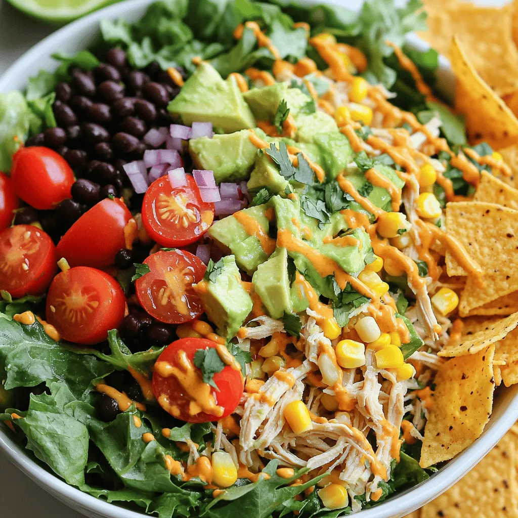 - 2 cups cooked chicken, shredded or diced - 1 cup black beans, rinsed and drained - 1 cup sweet corn kernels (fresh or frozen) - 1 large red bell pepper, diced - 1 ripe avocado, diced - 1 cup cherry tomatoes, halved - 1 cup mixed salad greens (such as romaine, arugula, and spinach) - 1/2 cup red onion, finely diced - 1/3 cup fresh cilantro, chopped The main ingredients in this salad make it colorful and tasty. You get protein from the cooked chicken and fiber from the black beans. Sweet corn adds a nice crunch, while the red bell pepper and avocado bring in fresh flavors. Cherry tomatoes and mixed greens add even more color and nutrients. Red onion and cilantro provide that extra zing. - Juice of 1 lime - 3 tablespoons extra-virgin olive oil - 1 teaspoon chili powder - 1 teaspoon ground cumin - Salt and freshly ground black pepper to taste The dressing is bright and zesty. Lime juice gives it a fresh taste. Olive oil adds richness. Chili powder and cumin bring warmth and depth. A little salt and pepper help balance all the flavors. This dressing pulls the whole salad together. - Tortilla chips Tortilla chips are not a must, but they add a fun crunch. You can sprinkle them on top or mix them in. They make each bite exciting. This salad is great on its own, but a little crunch makes it even better. Check out the Full Recipe for more details on how to put this delicious salad together! - Combine chicken and vegetables: In a large bowl, add 2 cups of cooked chicken. Then, add 1 cup of black beans, 1 cup of sweet corn, 1 large diced red bell pepper, 1 diced avocado, 1 cup of halved cherry tomatoes, and 1 cup of mixed salad greens. Gently mix until all ingredients blend well. - Create the dressing: In a small bowl, whisk together the juice of 1 lime, 3 tablespoons of extra-virgin olive oil, 1 teaspoon of chili powder, and 1 teaspoon of ground cumin. Add a pinch of salt and black pepper. Whisk until smooth. - Dress the salad: Drizzle the dressing over the salad mix. Toss the salad gently to coat every piece with the dressing. - Incorporate onion and cilantro: Before serving, sprinkle 1/2 cup of finely diced red onion and 1/3 cup of chopped cilantro on top. Mix lightly to keep the flavors fresh. - Taste and adjust seasoning: Sample the salad and add more salt, pepper, or lime juice if needed. Adjust it to fit your taste. - Serve with a crunch: If you like, fold in some tortilla chips for added texture. Serve the salad in bowls, making sure each dish looks colorful and inviting. - Prep time: 15 minutes - Total time: 15 minutes - Experiment with spices: You can try adding garlic powder or paprika. These spices bring a new layer of taste. Don’t be afraid to mix and match to find what you like best. - Add more vegetables: Toss in some diced cucumber or shredded carrots. These veggies not only make your salad colorful but also boost its crunch and nutrition. - Use fresh ingredients: Fresh chicken and veggies make a big difference. They keep the salad crisp and vibrant. Always choose ripe avocados and firm tomatoes for the best results. - Adjust dressing consistency: If your dressing feels too thick, whisk in a bit of water or more lime juice. A smoother dressing coats the salad better and enhances each bite. - Make ahead options: You can prep the chicken and veggies a day in advance. Store them in separate containers. This saves time and keeps your salad fresh. - Storing leftovers: If you have extra salad, keep it in an airtight container. It lasts well for two to three days. Just add fresh dressing before serving for the best taste. For the complete recipe, check out the Full Recipe. {{image_4}} You can switch up the protein in your salad to keep things fresh. Turkey or beef can replace the chicken. Simply cook and dice them as you would the chicken. For a vegetarian option, consider using chickpeas or tofu. Both add protein and a nice texture. There are many ways to dress this salad. You can try a creamy dressing by adding Greek yogurt or sour cream. Another option is to use a ranch or cilantro-lime dressing. You can also play with seasoning. Try adding garlic powder or smoked paprika to the mix for a new flavor. Let’s talk toppings! You can add different beans, like pinto or kidney beans. They will give your salad a new taste. You can also sprinkle cheese on top. Feta or shredded cheddar work well. Nuts like almonds or walnuts can add a nice crunch too. Don't forget to check the Full Recipe for more ideas! To store leftovers, place the salad in an airtight container. This keeps it fresh and tasty. You can store it in the fridge for up to three days. For best results, keep the dressing separate. This prevents the greens from wilting. When you're ready to eat, just mix it all together again. You can freeze the salad, but it's not ideal. Freezing changes the texture of the vegetables. If you want, freeze the chicken and beans. Use a freezer-safe container or a zip-top bag. Make sure to remove excess air before sealing. This will help avoid freezer burn. Reheat the chicken in a microwave for the best results. Place it in a bowl and cover it. Heat it for about one to two minutes. Make sure it is warm all the way through. You can serve the salad cold after refrigeration. Just add fresh toppings like avocado and cilantro right before serving. Enjoy each bite! You can prepare this salad a day in advance. Store the salad in the fridge without the dressing. Keep the dressing separate. This stops the greens from getting soggy. When you are ready to eat, mix in the dressing and enjoy! Yes, you can use canned beans to save time. Rinse the beans well to remove extra salt. This makes them taste fresh. Canned beans are easy and quick, so they fit well in this salad. If you want a change, try using grilled shrimp or tofu. Both add protein and flavor. You can also use chickpeas for a vegetarian option. This way, anyone can enjoy the salad. The spice level is mild, thanks to the chili powder. If you want more heat, add diced jalapeños. You can also use hot sauce to spice it up. Adjust the spice to your taste for the perfect kick! This blog post highlighted a tasty salad packed with delicious ingredients like chicken, black beans, and fresh veggies. I shared clear steps for preparation and serving, with tips to enhance flavors and textures. You can also try various proteins and dressings to suit your taste. Remember, this salad is quick to make and easy to store. Using fresh ingredients will keep it vibrant. Enjoy creating your own version and share it with friends!