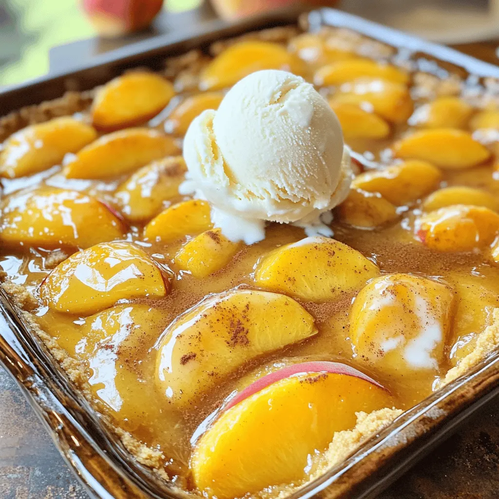 When making Bisquick peach cobbler, you need to gather some simple items. Here’s what you will need: - 4 cups fresh peaches, peeled and sliced - 1 cup granulated sugar (divided: ¾ cup for peaches, ¼ cup for batter) - 1 tablespoon fresh lemon juice - 1 ½ cups Bisquick mix - ¾ cup whole milk - ½ cup unsalted butter, melted and slightly cooled - 1 teaspoon baking powder - ½ teaspoon pure vanilla extract - ½ teaspoon ground cinnamon - Pinch of salt Each ingredient plays an important role in making this dessert taste amazing. Fresh peaches are the star, bringing a sweet and juicy flavor. The sugar helps to enhance the peaches' natural sweetness. The lemon juice adds a nice zing, balancing the flavors. The Bisquick mix makes this recipe quick and easy. It saves time while still giving you a fluffy texture. Whole milk and melted butter add richness. Baking powder makes the batter rise and stay light. Vanilla extract and ground cinnamon add warmth and depth to the flavor. This simple list gives you everything you need to create a delicious Bisquick peach cobbler. For the complete instructions, check out the Full Recipe. First, we need to prepare the peaches. Take your fresh peaches, peel, and slice them. In a large bowl, toss the peaches with ¾ cup of granulated sugar and 1 tablespoon of fresh lemon juice. This step is called maceration. It helps release juice and brings out the peach's sweetness. Let the peaches sit for about 10 minutes. You will see them become syrupy and even sweeter. While the peaches sit, let’s make the batter. In another bowl, mix together 1 ½ cups of Bisquick mix, ¼ cup of sugar, and 1 teaspoon of baking powder. Next, add ¾ cup of whole milk, ½ cup of melted butter (make sure it’s not hot), ½ teaspoon of pure vanilla extract, ½ teaspoon of ground cinnamon, and a pinch of salt. Whisk everything together until the batter is smooth. This is the base for our cobbler. Now, pour the prepared batter into a greased 9x13 inch baking dish. Spread it evenly across the bottom. Carefully spoon the peach mixture on top of the batter, along with all the juices. Do not stir! It’s important to keep that layered look. This will give the cobbler a beautiful and inviting appearance. Preheat your oven to 350°F (175°C). Once it’s hot, place the cobbler in the oven. Bake for 45 to 50 minutes. You know it’s done when the top is golden brown. Insert a toothpick in the center; it should come out clean. After baking, remove the cobbler from the oven and let it cool for at least 15 minutes. This cooling time helps set the cobbler for easier serving. For the full recipe, you can refer to "Peachy Dreams Bisquick Cobbler ". To keep your cobbler fresh, store it in the fridge. Place it in an airtight container. It will last about three days. If you want to reheat it, use an oven. Preheat to 350°F. Cover the cobbler with foil to keep it moist. Heat for about 15 minutes. This ensures it stays soft and golden. Serve your cobbler warm for the best taste. It pairs perfectly with vanilla ice cream or whipped cream. The cold cream contrasts nicely with the warm cobbler. For a pretty touch, add fresh peach slices on top. This adds color and extra peach flavor. To make your cobbler even tastier, try adding spices. A dash of nutmeg or ginger can bring warmth. You can also use almond extract for a nutty twist. For texture, consider adding nuts or coconut flakes. They add crunch and depth to every bite. {{image_4}} You can change up this Bisquick peach cobbler with other fruits. Berries like blueberries or raspberries work well. Apples are also a great choice in the fall. Just remember to adjust the sugar based on the fruit's sweetness. You can mix fruits, too! This makes your cobbler even more fun. In summer, use fresh berries. In winter, try apples or pears. Seasonal fruits keep your dessert exciting and tasty. If you need a gluten-free version, it’s easy to swap the Bisquick mix. Use a gluten-free baking mix instead. Make sure to check the package for the right amount to use. Baking times may change slightly, so keep an eye on your cobbler. The texture might differ, but it can still be delicious. Always test with a toothpick to check for doneness. Gluten-free options allow everyone to enjoy this treat! Do you want a sweeter cobbler? Try adding caramel or brown sugar to the peach mix. This gives your dessert a rich flavor. You can also sprinkle a streusel topping on top before baking. This adds crunch and texture. A mix of oats, butter, and sugar creates a lovely topping. These small changes bring a whole new level of yum! You can make this cobbler your own with just a few tweaks. For the complete recipe, check out the [Full Recipe]. Enjoy experimenting with your Bisquick peach cobbler! You can freeze peach cobbler for later enjoyment. First, let it cool completely. Then, wrap it tightly in plastic wrap or aluminum foil. You can also use an airtight container. This helps keep it fresh and tasty. When stored properly, peach cobbler lasts up to three months in the freezer. To thaw, place the cobbler in the fridge overnight. This method keeps the texture nice and moist. If you’re in a rush, you can microwave it on low power for a few minutes. Just be careful not to overheat. Refrigerated peach cobbler stays fresh for about three to four days. Store it in a covered dish to prevent it from drying out. Check for signs of spoilage before eating. If you see mold or any unusual smells, it’s best to toss it. You might also notice changes in texture. If it feels too dry or hard, it may not taste good anymore. Yes, you can use canned peaches. However, they might change the texture. Canned peaches are softer than fresh ones. To fix this, drain the syrup well. You can also reduce the sugar a bit to balance the sweetness. Fresh peaches give a firmer bite. They add a bright flavor that canned peaches may lack. So, if you want a classic taste, fresh is best. To keep your cobbler from being soggy, follow a few steps. Use the right peach-to-batter ratio. If you have too many peaches, they can release too much juice. Make sure to macerate the peaches for only 10 minutes. This helps keep their texture. Also, bake the cobbler until it turns golden brown. This ensures the batter cooks well. Let it cool for a bit before serving. This resting time helps it set nicely. You can mix in many flavors to make your cobbler special. Try adding a bit of nutmeg or ginger for warmth. You can also toss in some blueberries or raspberries for a fruity twist. If you like nuts, chopped pecans or almonds add a nice crunch. Coconut flakes can add a fun texture and flavor. Don’t be afraid to experiment and find your favorite combo! For complete instructions, check out the “Peachy Dreams Bisquick Cobbler ”. In this article, we explored a delicious peach cobbler recipe using Bisquick. We discussed ingredients, preparation, baking steps, and tips for serving. Remember that you can customize this recipe with different fruits or flavors. Don’t forget to store leftovers properly for later enjoyment. Making this cobbler is simple and fun, whether you're a novice or an expert. Try it out, and see how amazing it tastes! Enjoy your baking journey and share this treat with loved ones!
