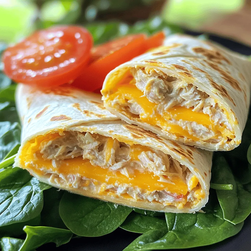 The tuna melt wrap is a tasty meal option. It combines creamy tuna with fresh veggies and gooey cheese. This recipe is quick and easy, perfect for lunch or a light dinner. You can find the full recipe below for step-by-step guidance. - 1 can of tuna in water, drained - 2 tablespoons creamy mayonnaise - 1 tablespoon tangy Dijon mustard - 1/4 cup finely chopped red onion - 1/4 cup crisp diced celery - 1/2 cup shredded sharp cheddar cheese - 4 large flour tortillas - 1 cup fresh baby spinach leaves - Salt and freshly cracked black pepper to taste - Olive oil for grilling These ingredients come together to make a filling and satisfying wrap. The tuna adds protein, while the cheese brings richness. The veggies add crunch and freshness. You can make this wrap your own by adding extra ingredients. Here are some fun ideas: - Sliced avocado for creaminess - Chopped pickles for a tangy crunch - Sliced jalapeños for heat - Fresh herbs like dill or parsley for flavor Feel free to mix and match these add-ins. They can elevate your wrap and make it even more enjoyable! Start by draining the can of tuna. You want it dry to avoid a soggy wrap. In a medium bowl, mix the tuna with creamy mayonnaise and tangy Dijon mustard. Add chopped red onion and diced celery for crunch. Stir well to coat the tuna. Next, fold in the shredded sharp cheddar cheese. It should blend evenly throughout the mixture. Add salt and black pepper to taste. Adjust as you like. This mixture is the heart of your wrap, so make it tasty! Lay out the large flour tortillas on a clean surface. In the middle of each tortilla, place a handful of fresh baby spinach leaves. This adds a fresh touch and helps the wrap stay vibrant. Spoon a good amount of the tuna mixture onto the spinach. Spread it out a bit for even coverage. Now, roll each tortilla tightly. Tuck in the sides as you go. This keeps all the yummy filling secure. Heat a skillet over medium heat and add a drizzle of olive oil. Once the oil is hot, lay the wraps seam-side down in the skillet. Grill for about 3-4 minutes on each side. You want them golden brown and crispy, with the cheese melted inside. After grilling, remove the wraps and let them cool for a minute. Slice them in half diagonally for a nice look. If you like, garnish with sliced ripe tomatoes. Now, your tuna melt wraps are ready to enjoy! Find the full recipe [here](#). When you pick tuna, look for high-quality options. Canned tuna should have a good color. Choose light tuna for a milder taste. If you want something richer, go for chunk white tuna. Always check the label for sustainability. Brands that use responsible fishing practices are the best choice. Your tuna melt will taste better and help the planet too. Grilling your wraps right makes all the difference. Use a non-stick skillet or grill pan. Heat it over medium heat and add olive oil. Make sure the oil is hot before adding the wraps. This helps them get golden brown and crispy. Grill each side for about 3-4 minutes. Keep an eye on them, so they don’t burn. You want that cheesy goodness to melt and ooze out! Prep your tuna mixture ahead of time for quick meals. You can store it in the fridge for up to two days. Just keep it in an airtight container. When you’re ready to eat, grab your tortillas and spinach. Assemble your wraps in minutes. This saves you time on busy days. You’ll have a tasty meal ready to go without the fuss. For the full recipe, refer back to the initial section. {{image_4}} You can make a tasty vegetarian version. Substitute the tuna with mashed chickpeas. Mash them well and mix with mayonnaise and mustard. Add in red onion, celery, and cheese. You can also add diced bell peppers for a crunchy twist. This keeps the same great wrap feel while being meat-free. If you like heat, try this spicy twist. Add chopped jalapeños or a splash of hot sauce to the tuna mix. You can even stir in some sriracha for extra kick. Consider using pepper jack cheese. This adds a creamy, spicy flavor that will excite your taste buds. For a gluten-free option, swap flour tortillas for gluten-free wraps. Many good brands offer tasty choices. Always check the label for hidden gluten. You can also use lettuce leaves for a low-carb wrap option. This keeps your meal light and fresh while packing in the flavor. To keep your tuna melt wraps fresh, store them in the fridge. Place any leftovers in an airtight container. This helps to keep the flavors intact. The wraps will stay good for about three days. If you notice any off smells or changes in texture, it's best to toss them. Always check your food before eating. If you want to save some wraps for later, you can freeze them. Wrap each tuna melt in plastic wrap, then put them in a freezer bag. This prevents freezer burn and keeps them tasty. They will last in the freezer for about a month. When ready, thaw them in the fridge overnight before reheating. Reheating tuna melts can be easy. You can use a skillet or an oven. If using a skillet, heat it on medium. Place the wrap in the pan for about 3-4 minutes per side. This helps keep the outside crispy. If you prefer the oven, preheat it to 350°F (175°C). Bake the wraps for about 10-15 minutes, until warm. Enjoy your tasty tuna melt again! For the full recipe, refer to the earlier sections. You can use Greek yogurt instead of mayonnaise. It gives a creamy texture and adds protein. Another good option is avocado. It adds rich flavor and healthy fats. You can also try hummus for a unique twist. This makes your tuna melt wrap light and fresh. Yes, you can add many vegetables. Chopped bell peppers add crunch and sweetness. Grated carrots can give more color and flavor. You can also use cucumber for a crisp bite. Just make sure to chop them small so they mix well with the tuna. To make it healthier, use whole grain tortillas. They have more fiber and nutrients. You can also cut down on cheese or use a low-fat version. Adding more veggies boosts the nutrients too. Lastly, consider using less oil when grilling. This helps keep your meal light and nutritious. For the full recipe, check out the Tuscan Tuna Melt Wrap. This article covered all you need to make tasty tuna wraps. We talked about essential and optional ingredients, and I gave you clear steps for mixing, assembling, and grilling. I also shared tips on choosing quality tuna and ensuring a great grill. Plus, I offered variations for vegetarian diets or spicy lovers. Don’t forget to store them right for freshness. With these tips, you can prepare quick and healthy meals that everyone will love. Enjoy your cooking journey and have fun with your tuna wraps!