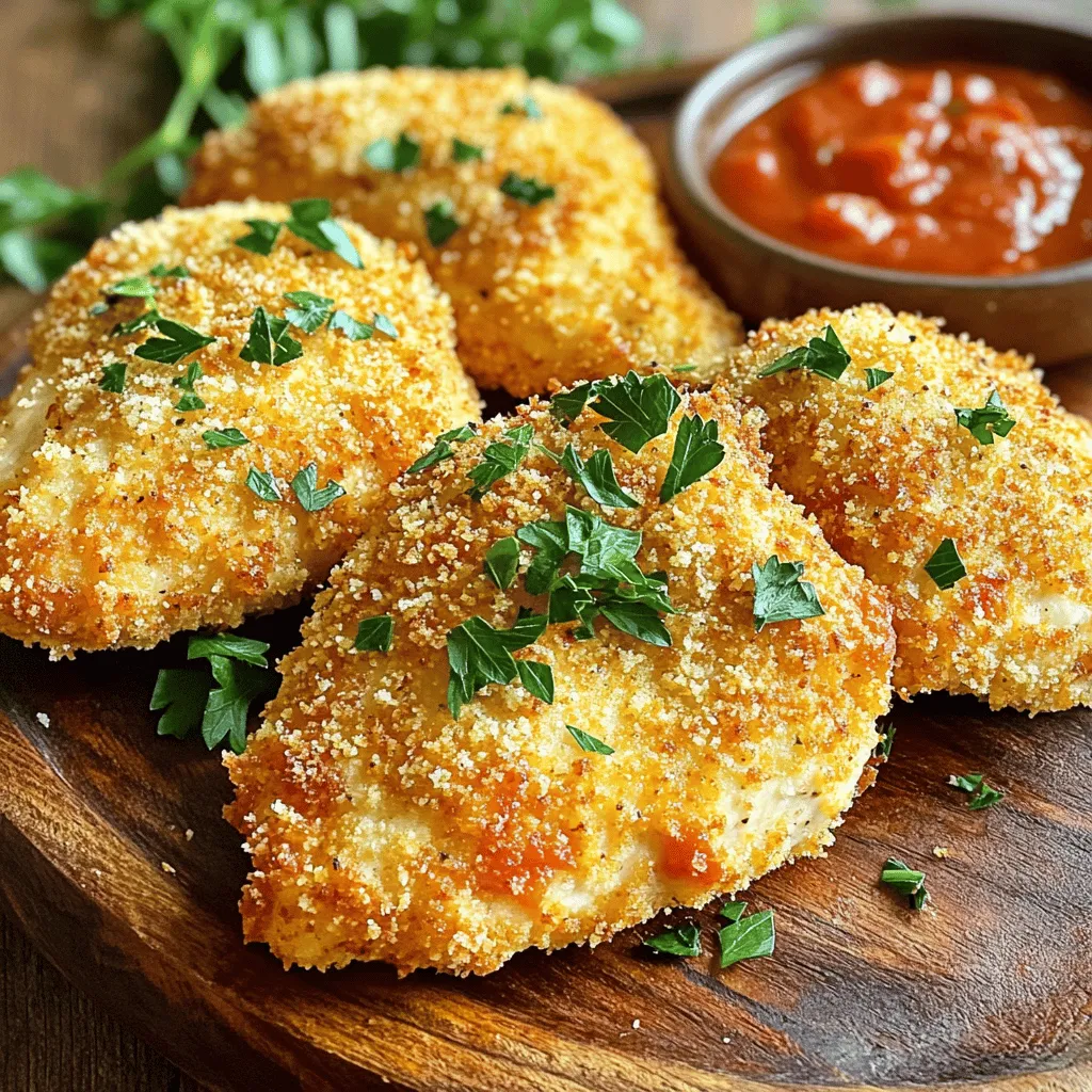 To make Crispy Parmesan Chicken, you need the following items: - 4 boneless, skinless chicken breasts - 1 cup finely grated Parmesan cheese - 1 cup Panko breadcrumbs (for maximum crunch) - 2 large eggs - 1 teaspoon garlic powder - 1 teaspoon Italian seasoning - 1 teaspoon smoked paprika - Salt and freshly cracked black pepper, to taste - 2 tablespoons extra virgin olive oil - Fresh parsley, finely chopped (for garnish) These simple ingredients blend well to create a tasty dish. The Panko breadcrumbs add a delightful crunch. The Parmesan cheese gives it a rich, savory flavor. To prepare this dish, gather these tools: - Baking sheet - Parchment paper - Two shallow dishes - Whisk or fork - Meat thermometer Using these tools will help you make the chicken perfectly crispy and golden. The parchment paper keeps the chicken from sticking, making cleanup easy. If you have dietary needs, here are some ideas: - Gluten-Free: Use gluten-free breadcrumbs. - Dairy-Free: Try almond or cashew cheese instead of Parmesan. - Low-Carb: Substitute breadcrumbs with crushed pork rinds. These substitutions keep the dish tasty while meeting your needs. You can enjoy Crispy Parmesan Chicken no matter your diet. You can find the Full Recipe for more details and step-by-step instructions. Start by preheating your oven to 400°F (200°C). Line a baking sheet with parchment paper. This will help your chicken cook evenly and avoid sticking. Next, take four boneless, skinless chicken breasts. Use a meat mallet or rolling pin to gently pound them to an even thickness. This step helps them cook evenly and stay juicy. In a shallow dish, mix together these ingredients: - 1 cup finely grated Parmesan cheese - 1 cup Panko breadcrumbs - 1 teaspoon garlic powder - 1 teaspoon Italian seasoning - 1 teaspoon smoked paprika - Salt and freshly cracked black pepper, to taste Stir well to combine. In another bowl, crack two large eggs. Whisk them together until smooth. Take a chicken breast and dip it into the egg wash. Make sure to coat all sides well. Let any extra egg drip off. Now, place the chicken into the breadcrumb mix. Press down firmly to make sure the coating sticks. Repeat this process for each chicken breast until they’re all coated. Arrange the coated chicken breasts on the prepared baking sheet. Be sure to leave space between them for even cooking. Drizzle a bit of extra virgin olive oil on top of each piece. This will help the chicken get that golden brown color. Place the baking sheet in your preheated oven and bake for 25-30 minutes. Use a meat thermometer to check that the inside reaches 165°F (74°C). After baking, let the chicken rest for about five minutes. This helps keep it juicy. Garnish with finely chopped fresh parsley for a pop of color. Enjoy your crispy Parmesan chicken! For detailed steps and ingredients, refer to the Full Recipe. To get that amazing crispy texture, use Panko breadcrumbs. They make a big difference. Mix them well with Parmesan cheese and spices. Press the chicken firmly into the mixture. This helps the coating stick better. Drizzle olive oil on top before baking. This adds flavor and helps with crispiness. Bake at 400°F for 25-30 minutes. Use a meat thermometer to check the chicken. It should reach 165°F for perfect doneness. One common mistake is not seasoning the chicken enough. Always season both the chicken and the breadcrumb mix. Another mistake is using regular breadcrumbs. They won’t give you that nice crunch. Ensure your oven is at the right temperature before baking. If you crowd the baking sheet, the chicken won’t cook evenly. Space the chicken breasts apart for the best results. Crispy Parmesan chicken goes well with many sides. Try a simple salad with fresh greens and a light vinaigrette. Roasted vegetables are also a great choice. For a cozy touch, serve it with creamy mashed potatoes. You can even add some marinara sauce for dipping. This adds extra flavor and fun to your meal. Each bite will be a delight! {{image_4}} You can make Crispy Parmesan Chicken a bit healthier. Use whole wheat Panko instead of regular Panko. This change adds fiber to the dish. You can also use skinless chicken thighs, which can be juicier than breasts. For a lighter option, try baking it in an air fryer. This method cuts down on oil and fat. You can also swap the cheese for nutritional yeast if you want a dairy-free version. Feel free to get creative with flavors! Add herbs like thyme or rosemary to the breadcrumb mix. For a spicy kick, sprinkle in some cayenne pepper or chili flakes. You could even give it a twist with lemon zest for a fresh flavor. If you love Asian cuisine, try adding sesame seeds and ginger to the coating. These variations keep the dish exciting and tailored to your taste. Crispy Parmesan Chicken works for any meal! Serve it with a fresh salad for a light lunch. Pair it with pasta for a more filling dinner. If you’re hosting, slice the chicken into strips and serve it as an appetizer. Guests will love dipping it in marinara or a zesty lemon aioli. You can also present it over a bed of rice and steamed veggies for a complete meal. Each serving can be a new experience! To keep your leftover crispy Parmesan chicken fresh, let it cool first. Then, wrap it tightly in plastic wrap or foil. You can also place it in an airtight container. Store it in the fridge for up to three days. Use parchment paper between layers if stacking. Reheating properly keeps the chicken crispy. Preheat your oven to 375°F (190°C). Place the chicken on a baking sheet lined with parchment paper. Heat it for about 10-15 minutes. This method keeps the crust crunchy while warming the inside. You can also use an air fryer for a faster option. You can freeze crispy Parmesan chicken for later. First, let it cool completely. Wrap each piece in plastic wrap, then place them in a freezer bag. Remove as much air as possible. This keeps the chicken fresh for up to three months. When you're ready to eat, thaw it in the fridge overnight before reheating. For best results, reheat from thawed, not from frozen. For a detailed cooking guide, check the Full Recipe. Cooking Crispy Parmesan Chicken takes about 25 to 30 minutes in the oven. You should preheat your oven to 400°F (200°C) before you start. Once the chicken is in, keep an eye on that golden brown color. Yes, you can use regular breadcrumbs. However, Panko gives a crunchier texture. If you want more crunch, stick with Panko. It makes a big difference in the final dish. To keep the chicken juicy, do not overcook it. Use a meat thermometer to check for 165°F (74°C). Also, let the chicken rest for five minutes after baking. This helps the juices stay inside. For the full recipe, including detailed steps and ingredients, you can check out the Crispy Parmesan Chicken Delight section. It has all the info you need to make this tasty dish! Crispy Parmesan chicken is easy and fun to make. We covered key ingredients, tools, and dietary swaps. You learned step-by-step how to prepare, bread, and bake your chicken perfectly. Tips showed how to avoid common mistakes and suggested great sides. Variations offer healthy twists and flavor options. Finally, we discussed storing leftovers and reheating for best taste. Enjoy this recipe, share it with friends, and make it your own. Cooking should be exciting and tasty!