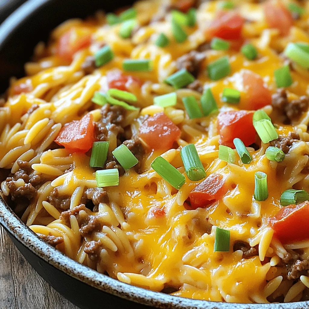 For this dish, you need simple yet flavorful ingredients. Here’s what you will use: - 1 lb ground beef - 1 cup orzo pasta - 1 medium onion, finely diced - 2 cloves garlic, minced - 2 cups beef broth (preferably low-sodium) - 1 cup shredded sharp cheddar cheese - 1 cup canned diced tomatoes with green chilies, drained - 1 tablespoon Worcestershire sauce - 1 teaspoon Italian seasoning - Salt and freshly cracked black pepper to taste - Chopped green onions for garnish These ingredients work together to create a creamy and cheesy meal that feels like a warm hug. Adding garnishes can make your dish pop! Consider these options: - Extra shredded cheddar cheese - Sliced jalapeños for heat - Sour cream for creaminess - Fresh cilantro for a burst of flavor These garnishes can elevate your meal, making each bite even better. You might not have every ingredient on hand. Here are some easy swaps: - Use ground turkey or chicken instead of beef for a lighter option. - Swap orzo for rice or quinoa if you prefer. - Replace beef broth with vegetable broth for a vegetarian dish. - Try different cheeses like mozzarella or pepper jack for unique flavors. These substitutions keep the dish tasty while allowing you to use what you have. This flexibility makes cooking fun and easy! For the full recipe, check out the detailed instructions to create this delicious One-Pot Cheeseburger Orzo Skillet. Start by heating a large skillet over medium heat. Add 1 pound of ground beef and 1 finely diced medium onion. Cook for 5 to 7 minutes. You want the beef to brown and the onion to soften. If there is extra fat, drain it off. Next, add 2 minced garlic cloves to the skillet. Sauté for 1 to 2 minutes. Stir often until the garlic smells nice and turns light golden. This step gives the dish a great base flavor. Now, lower the heat a bit. Stir in 1 cup of orzo pasta, 2 cups of beef broth, and 1 cup of canned diced tomatoes with green chilies (drained). Add 1 tablespoon of Worcestershire sauce and 1 teaspoon of Italian seasoning. Season with salt and pepper to taste. Increase the heat to bring this mix to a lively boil. Once it boils, reduce the heat to low. Cover the skillet and let it simmer for about 10 to 12 minutes. The orzo will become tender, and most of the broth will absorb. Make sure to stir occasionally so the pasta does not stick. After the orzo is cooked, take the skillet off the heat. Gently fold in 1 cup of shredded sharp cheddar cheese. Mix until the cheese melts and makes the dish creamy. Taste your dish and adjust the seasoning if needed. If it needs more salt or pepper, add it now. Serve this cheesy orzo hot. Top with chopped green onions for a fresh look. For the full recipe, check above. To get the best orzo, watch the cooking time. Cook it until tender, but not mushy. Stir often, so it doesn’t stick to the pan. Use low-sodium beef broth to add flavor without too much salt. This broth helps keep the orzo creamy and rich. If you want it al dente, check it a minute early. Remember, it will continue to cook a bit off the heat. Add Worcestershire sauce to give a deep, umami flavor. It makes your dish taste more like a real cheeseburger. You can also toss in fresh herbs like parsley or basil for a fresh twist. A dash of hot sauce or red pepper flakes adds heat if you like spice. For a smoky flavor, consider using smoked cheese or chopped bacon. Each small change ramps up the flavor! One big mistake is not stirring enough. If you don’t stir, the orzo may stick and burn. Another error is using too much broth. This can make your dish too soupy. Taste often to adjust seasoning. If it’s bland, add more salt and pepper. Lastly, don’t skip the cheese! It’s the star of the show and makes the dish creamy and delicious. For the full recipe, check the earlier section. {{image_4}} To make a vegetarian version, swap the ground beef with plant-based meat. You can use lentils or mushrooms for texture. They add a rich, savory taste. Replace beef broth with vegetable broth for a lighter flavor. Add extra veggies like bell peppers, zucchini, or spinach. These will boost nutrition and color. This version still keeps the creamy, cheesy goodness we love. If you love heat, there are many ways to add spice. Consider adding diced jalapeños or crushed red pepper flakes. These will make your dish lively. You can also mix in hot sauce or cayenne pepper. Just a pinch can go a long way. Adjust the heat level to suit your taste. Remember, you can always add more, but you can’t take it out! Cheese lovers can get creative with their choice of cheese. While sharp cheddar is a classic, try pepper jack for a spicy twist. You could also use gouda or mozzarella for a creamy texture. Mixing cheeses adds depth to the flavor. For a fun twist, sprinkle some feta on top before serving. This will give your dish a tangy kick. Enjoy experimenting with different cheese blends! When you have leftover One-Pot Cheeseburger Orzo, store it in an airtight container. Make sure to let it cool down to room temperature first. This helps keep the texture nice and the flavors fresh. You can keep it in the fridge for up to three days. If you want to keep it longer, consider freezing it. To reheat your cheesy orzo, use the microwave or a skillet. If using the microwave, place the orzo in a bowl and cover it with a damp paper towel. Heat it in short intervals, stirring in between until it is hot. If using a skillet, add a splash of beef broth to help rehydrate the dish. Stir over medium heat until warm. If you want to freeze your One-Pot Cheeseburger Orzo, follow these steps: First, let it cool completely. Then, transfer it to a freezer-safe container or bag. Squeeze out as much air as you can to prevent freezer burn. It will last up to three months in the freezer. When you are ready to eat it, thaw it overnight in the fridge and reheat as mentioned above. For the complete recipe, check out the Full Recipe. Yes, you can make this dish ahead of time. Cook it fully and let it cool. Store it in an airtight container in the fridge for up to three days. When you’re ready to eat, reheat it on the stove or in the microwave. Add a splash of broth to keep it creamy. You can easily adjust this recipe. For a gluten-free option, swap the orzo for gluten-free pasta. If you need a dairy-free version, use a dairy-free cheese or skip the cheese altogether. For a healthier option, choose lean ground turkey or plant-based meat. This dish pairs well with a simple green salad or steamed veggies. You can also serve it with garlic bread for a hearty meal. If you want a fun twist, serve it with pickles or chips on the side. For the full recipe, check out the details above! You learned how to make a tasty One-Pot Cheeseburger Orzo Skillet. The recipe is easy and fun. You can customize it with different ingredients or spices. Remember the tips to get the orzo just right and avoid common mistakes. Store leftovers safely, and don’t forget to think about sides to serve. This meal is perfect for any night. Enjoy making it and sharing it with others. Your kitchen will smell amazing!