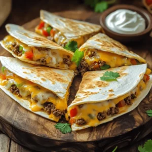 - Ground beef - Cheddar cheese - Mozzarella cheese - Onion, garlic, bell pepper - Spices and seasoning - Flour tortillas For these cheesy ground beef quesadillas, you need some key ingredients. Start with one pound of ground beef. This forms the heart of the dish. You will also need two cups of shredded cheese—one cup of cheddar and one cup of mozzarella. This mix ensures a great melt and flavor. Next, chop up one small onion, two cloves of garlic, and one bell pepper. These add sweetness and depth to the beef. For spices, use ground cumin, chili powder, paprika, salt, and pepper. These will boost the flavor of the meat. Finally, grab four large flour tortillas to hold all this goodness. - Fresh cilantro - Sour cream - Avocado slices Want to make your quesadillas even better? Consider some optional garnishes. Fresh cilantro adds a nice touch of color and flavor. Sour cream gives a creamy dip that pairs well with the cheesy bite. Sliced avocado can add creaminess and a fresh taste. These extras can make your meal feel special and delicious. For the full recipe, check out the details listed above! - Brown the ground beef: Start by heating 1 tablespoon of olive oil in a large skillet. Add 1 pound of ground beef. Use a spatula to break it apart as it cooks. Cook for 5-7 minutes until it is fully browned. - Sauté onions, garlic, and bell pepper: After the beef is browned, add 1 small chopped onion, 2 minced garlic cloves, and 1 diced bell pepper. Cook for 3-4 minutes until the veggies are soft and smell good. - Season the meat mixture: Next, add 1 teaspoon of ground cumin, 1 teaspoon of chili powder, ½ teaspoon of paprika, and salt and pepper to taste. Stir everything well and cook for 1 more minute to let the spices mix in. Remove the skillet from heat and let it cool a bit. - Layering the ingredients in tortillas: Take a clean, flat surface and lay down one large flour tortilla. Sprinkle half of 1 cup of shredded cheddar cheese and 1 cup of shredded mozzarella cheese on one half of the tortilla. - Folding techniques for perfect quesadillas: Spoon ¼ of the beef mixture over the cheese. Add another layer of cheese on top of the beef. Carefully fold the tortilla over to make a half-moon shape. Repeat this for the rest of the tortillas. - Recommended skillet temperatures: Use the same skillet or another one. Heat the remaining tablespoon of olive oil over medium heat. - Cooking time for optimal texture: Once the oil is hot, gently place one quesadilla in the pan. Cook each side for 3-4 minutes until golden brown and the cheese is melted. Move the cooked quesadilla to a cutting board and repeat with the others. For the full recipe, don’t forget to check the details provided earlier. - Choosing the right skillet: A non-stick skillet works best. It helps prevent sticking and makes flipping easy. A cast iron skillet can also give you a nice crisp. - Ensuring cheese melts perfectly: Use a mix of cheddar and mozzarella. This blend melts well and gives great flavor. Keep the heat medium to avoid burning. Cover the skillet for a few moments during cooking. This helps the cheese melt evenly. - Spice adjustments: You can add more chili powder for heat. If you like it mild, reduce the spices. A pinch of cayenne pepper can add a nice kick. - Adding extra ingredients like jalapeños: Diced jalapeños add heat and flavor. You can add them to the meat mixture or the quesadilla itself. - Best sides to serve with quesadillas: Fresh guacamole and salsa are great choices. A side salad can also balance the meal. - Creative presentations for gatherings: Cut quesadillas into wedges and arrange them on a large platter. Garnish with fresh cilantro. Serve with bowls of sour cream and salsa for dipping. For the complete recipe, check out the [Full Recipe]. {{image_4}} You can make a tasty vegetarian quesadilla by swapping ground beef for beans. Use black beans or pinto beans for great flavor. You can also mix in some corn or spinach for extra nutrients. Bell peppers and mushrooms add a nice texture. Try different beans to find your favorite combo. If you prefer chicken or pork, adjust the cooking time. Chicken cooks faster than beef, so aim for about 5-6 minutes. Pork may take a bit longer, around 8-10 minutes. Season the chicken with lime juice and cumin for a zesty flavor. For pork, try adding smoked paprika for a rich taste. For gluten-free quesadillas, use corn tortillas instead of flour. They hold up well and taste great. You can also find almond or coconut flour tortillas. When cooking, watch carefully to avoid burning. If you want to make sure they stay crispy, use a non-stick pan. For the full recipe, check out the [Full Recipe]. To store leftover quesadillas, first let them cool to room temperature. Wrap each quesadilla in plastic wrap or aluminum foil. Place them in an airtight container. This helps keep them fresh and tasty. Leftover quesadillas will last in the fridge for about 3 to 4 days. Freezing quesadillas is an easy way to prep meals. Wrap each one tightly in plastic wrap. Then, place them in a freezer-safe bag. You can store them for up to 2 months. To thaw, move them to the fridge overnight. For reheating, you can use a skillet or microwave. If using a skillet, heat on medium until warm. This keeps them crispy and delicious. For the best storage, use airtight containers. Glass or high-quality plastic containers work well. They help keep air out, which keeps the quesadillas fresh. Avoiding air exposure is key to preventing sogginess. This way, you can enjoy your cheesy ground beef quesadillas later! For the full recipe, check the complete article. You can tell your quesadillas are done when they are golden brown. The cheese should melt and ooze from the sides. A good way to check is to lift one side gently with a spatula. If it looks crispy and the cheese is bubbly, it is ready to eat. Yes, you can make these quesadillas ahead of time. Cook the beef mixture and cool it down first. Assemble the quesadillas, but do not cook them yet. Place them in a single layer in the fridge. When you're ready, just heat them in the pan until they are hot and crispy. You can swap ground beef for cooked chicken or beans for a veggie version. If you lack cheddar, use Monterey Jack or any cheese you enjoy. No bell pepper? Try using spinach or mushrooms instead. Just adjust the cooking time as needed! In this blog post, we covered essential quesadilla ingredients, step-by-step instructions, and helpful tips. We explored variations like vegetarian and gluten-free options. You now know how to store leftovers and reheat them well. Remember, making delicious quesadillas at home is simple and fun. Feel free to experiment with flavors and garnishes. Enjoy your cooking adventure and impress friends with your skills!