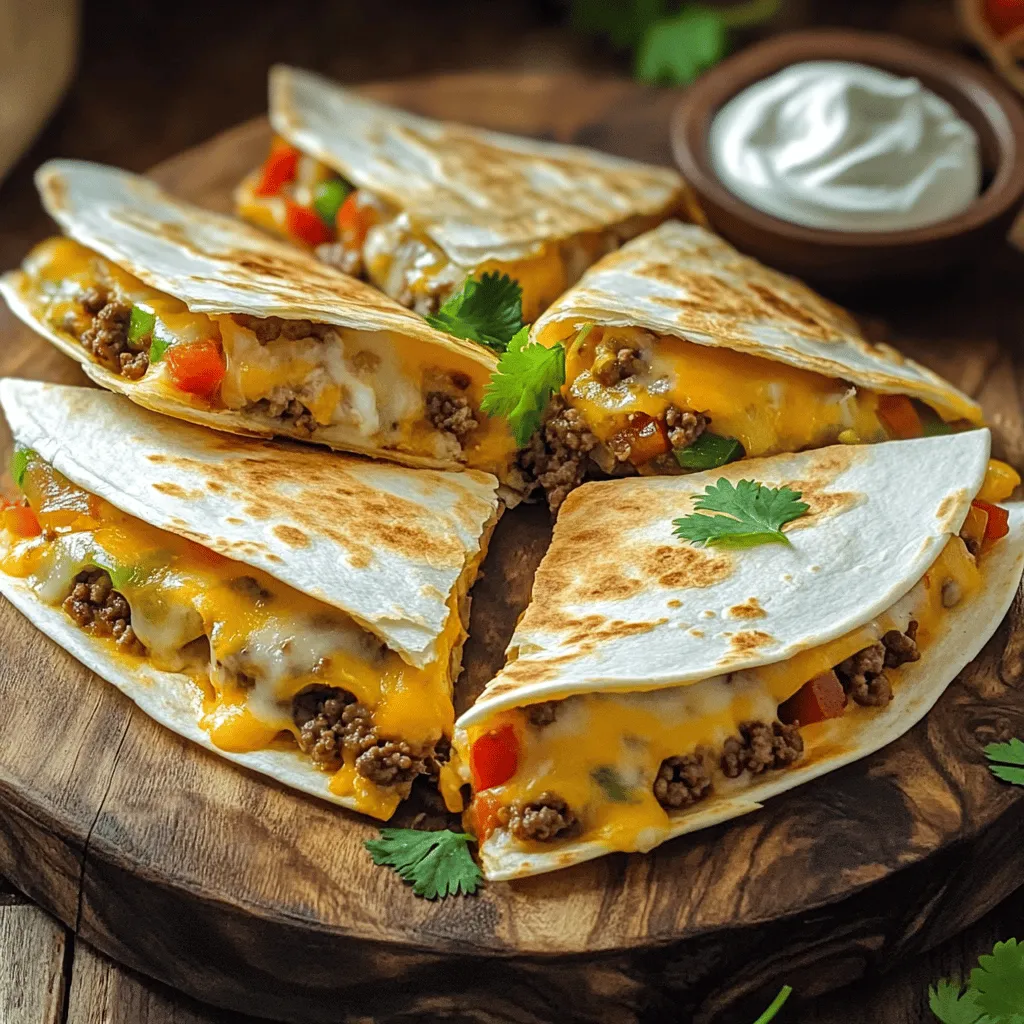 - Ground beef - Cheddar cheese - Mozzarella cheese - Onion, garlic, bell pepper - Spices and seasoning - Flour tortillas For these cheesy ground beef quesadillas, you need some key ingredients. Start with one pound of ground beef. This forms the heart of the dish. You will also need two cups of shredded cheese—one cup of cheddar and one cup of mozzarella. This mix ensures a great melt and flavor. Next, chop up one small onion, two cloves of garlic, and one bell pepper. These add sweetness and depth to the beef. For spices, use ground cumin, chili powder, paprika, salt, and pepper. These will boost the flavor of the meat. Finally, grab four large flour tortillas to hold all this goodness. - Fresh cilantro - Sour cream - Avocado slices Want to make your quesadillas even better? Consider some optional garnishes. Fresh cilantro adds a nice touch of color and flavor. Sour cream gives a creamy dip that pairs well with the cheesy bite. Sliced avocado can add creaminess and a fresh taste. These extras can make your meal feel special and delicious. For the full recipe, check out the details listed above! - Brown the ground beef: Start by heating 1 tablespoon of olive oil in a large skillet. Add 1 pound of ground beef. Use a spatula to break it apart as it cooks. Cook for 5-7 minutes until it is fully browned. - Sauté onions, garlic, and bell pepper: After the beef is browned, add 1 small chopped onion, 2 minced garlic cloves, and 1 diced bell pepper. Cook for 3-4 minutes until the veggies are soft and smell good. - Season the meat mixture: Next, add 1 teaspoon of ground cumin, 1 teaspoon of chili powder, ½ teaspoon of paprika, and salt and pepper to taste. Stir everything well and cook for 1 more minute to let the spices mix in. Remove the skillet from heat and let it cool a bit. - Layering the ingredients in tortillas: Take a clean, flat surface and lay down one large flour tortilla. Sprinkle half of 1 cup of shredded cheddar cheese and 1 cup of shredded mozzarella cheese on one half of the tortilla. - Folding techniques for perfect quesadillas: Spoon ¼ of the beef mixture over the cheese. Add another layer of cheese on top of the beef. Carefully fold the tortilla over to make a half-moon shape. Repeat this for the rest of the tortillas. - Recommended skillet temperatures: Use the same skillet or another one. Heat the remaining tablespoon of olive oil over medium heat. - Cooking time for optimal texture: Once the oil is hot, gently place one quesadilla in the pan. Cook each side for 3-4 minutes until golden brown and the cheese is melted. Move the cooked quesadilla to a cutting board and repeat with the others. For the full recipe, don’t forget to check the details provided earlier. - Choosing the right skillet: A non-stick skillet works best. It helps prevent sticking and makes flipping easy. A cast iron skillet can also give you a nice crisp. - Ensuring cheese melts perfectly: Use a mix of cheddar and mozzarella. This blend melts well and gives great flavor. Keep the heat medium to avoid burning. Cover the skillet for a few moments during cooking. This helps the cheese melt evenly. - Spice adjustments: You can add more chili powder for heat. If you like it mild, reduce the spices. A pinch of cayenne pepper can add a nice kick. - Adding extra ingredients like jalapeños: Diced jalapeños add heat and flavor. You can add them to the meat mixture or the quesadilla itself. - Best sides to serve with quesadillas: Fresh guacamole and salsa are great choices. A side salad can also balance the meal. - Creative presentations for gatherings: Cut quesadillas into wedges and arrange them on a large platter. Garnish with fresh cilantro. Serve with bowls of sour cream and salsa for dipping. For the complete recipe, check out the [Full Recipe]. {{image_4}} You can make a tasty vegetarian quesadilla by swapping ground beef for beans. Use black beans or pinto beans for great flavor. You can also mix in some corn or spinach for extra nutrients. Bell peppers and mushrooms add a nice texture. Try different beans to find your favorite combo. If you prefer chicken or pork, adjust the cooking time. Chicken cooks faster than beef, so aim for about 5-6 minutes. Pork may take a bit longer, around 8-10 minutes. Season the chicken with lime juice and cumin for a zesty flavor. For pork, try adding smoked paprika for a rich taste. For gluten-free quesadillas, use corn tortillas instead of flour. They hold up well and taste great. You can also find almond or coconut flour tortillas. When cooking, watch carefully to avoid burning. If you want to make sure they stay crispy, use a non-stick pan. For the full recipe, check out the [Full Recipe]. To store leftover quesadillas, first let them cool to room temperature. Wrap each quesadilla in plastic wrap or aluminum foil. Place them in an airtight container. This helps keep them fresh and tasty. Leftover quesadillas will last in the fridge for about 3 to 4 days. Freezing quesadillas is an easy way to prep meals. Wrap each one tightly in plastic wrap. Then, place them in a freezer-safe bag. You can store them for up to 2 months. To thaw, move them to the fridge overnight. For reheating, you can use a skillet or microwave. If using a skillet, heat on medium until warm. This keeps them crispy and delicious. For the best storage, use airtight containers. Glass or high-quality plastic containers work well. They help keep air out, which keeps the quesadillas fresh. Avoiding air exposure is key to preventing sogginess. This way, you can enjoy your cheesy ground beef quesadillas later! For the full recipe, check the complete article. You can tell your quesadillas are done when they are golden brown. The cheese should melt and ooze from the sides. A good way to check is to lift one side gently with a spatula. If it looks crispy and the cheese is bubbly, it is ready to eat. Yes, you can make these quesadillas ahead of time. Cook the beef mixture and cool it down first. Assemble the quesadillas, but do not cook them yet. Place them in a single layer in the fridge. When you're ready, just heat them in the pan until they are hot and crispy. You can swap ground beef for cooked chicken or beans for a veggie version. If you lack cheddar, use Monterey Jack or any cheese you enjoy. No bell pepper? Try using spinach or mushrooms instead. Just adjust the cooking time as needed! In this blog post, we covered essential quesadilla ingredients, step-by-step instructions, and helpful tips. We explored variations like vegetarian and gluten-free options. You now know how to store leftovers and reheat them well. Remember, making delicious quesadillas at home is simple and fun. Feel free to experiment with flavors and garnishes. Enjoy your cooking adventure and impress friends with your skills!