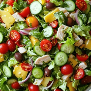 This Low Carb Italian Grinder Salad is all about fresh flavors. Here are the key ingredients: - 2 cups romaine lettuce, chopped into bite-sized pieces - 1 cup cherry tomatoes, halved for sweetness - 1 cup cucumbers, diced for crunch - 1/2 cup red onion, thinly sliced for a sharp bite - 1 cup pepperoncini, sliced for tang and heat - 1/2 cup Kalamata olives, pitted and halved for a briny flavor - 1 cup cooked turkey breast, diced (or your preferred deli meat) - 1/2 cup provolone cheese, diced for creaminess - 1/4 cup Italian dressing (use a low carb option or make your own with olive oil, vinegar, herbs, and spices) - Salt and pepper to taste, for seasoning - Fresh basil, chopped for garnish and added aromatic flavor Each ingredient plays a vital role in the taste and texture of the salad. - Romaine Lettuce: High in fiber, low in calories, and packed with vitamins. - Cherry Tomatoes: Rich in vitamins C and K, also a source of antioxidants. - Cucumbers: Hydrating and low in calories, perfect for crunch. - Red Onion: Contains antioxidants and may help reduce inflammation. - Pepperoncini: Adds flavor and may aid digestion. - Kalamata Olives: High in healthy fats and antioxidants. - Turkey Breast: Lean protein that helps build and repair muscle. - Provolone Cheese: Adds calcium and flavor without many carbs. - Italian Dressing: Can enhance taste while using low-carb options supports health goals. - Basil: Packed with vitamins and adds a fresh aroma. You can swap some ingredients for your needs: - Romaine Lettuce: Use spinach or kale for a different green. - Turkey Breast: Try chicken, ham, or a plant-based protein for variety. - Provolone Cheese: Use mozzarella or a dairy-free cheese for lactose-free diets. - Pepperoncini: Substitute with jalapeños for added heat. - Italian Dressing: Create your own with olive oil, vinegar, and fresh herbs. These swaps help match dietary needs while keeping the salad tasty. For the full recipe, check out the instructions above. Start by washing your vegetables well. This step is key for safety and taste. Take 2 cups of romaine lettuce and chop it into bite-sized pieces. Next, halve 1 cup of cherry tomatoes for a sweet burst of flavor. Then, dice 1 cup of cucumbers for that satisfying crunch. Slice 1/2 cup of red onion thinly to add a sharp bite. Each of these veggies brings its own special taste to the salad. In a large mixing bowl, combine all your prepared vegetables. Gently mix the chopped romaine, tomatoes, cucumbers, and onions. This ensures an even spread of flavors. Next, add in 1 cup of sliced pepperoncini and 1/2 cup of pitted, halved Kalamata olives. These ingredients add tang and a briny taste. Now, fold in 1 cup of diced turkey breast and 1/2 cup of diced provolone cheese. This mix of meats and cheese creates a rich and hearty base. Drizzle 1/4 cup of Italian dressing over the salad. You can use a low carb option or make your own with olive oil and vinegar. Toss the salad gently to coat all the ingredients. This step is crucial for flavor. Next, season with salt and pepper to taste. Adjust the seasoning to your liking. Finally, garnish with chopped fresh basil for an aromatic touch. Serve the salad right away or chill it for 15 minutes to deepen the flavors. Enjoy your fresh and tasty Low Carb Italian Grinder Salad! For the complete details, check out the Full Recipe. You can change this salad to fit your taste. Add more veggies like bell peppers or radishes. You can also swap turkey for chicken or ham. If you want more crunch, include nuts or seeds. For a spicy kick, add jalapeños or hot sauce. The key is to mix flavors and textures. Always keep it colorful for a fun look. Freshness is key in a salad. Use crisp lettuce and ripe tomatoes. Wash and dry your veggies well to keep them crunchy. Store them in the fridge until serving. If you prep ahead, keep the dressing separate. This keeps the salad from getting soggy. For that extra crunch, try adding croutons just before serving. Making your own dressing is simple and fun! Start with a base of olive oil and vinegar. You can add herbs like oregano or basil for flavor. Blend in some garlic or mustard for a kick. Always taste as you go. Adjust the salt and pepper to your liking. A good dressing makes your salad shine. You can find the full recipe for the salad [here](#). {{image_4}} To keep your salad low in carbs, focus on fresh veggies. You can swap out high-carb ingredients. For example, use zucchini noodles instead of pasta. Cauliflower rice can also add bulk without the carbs. This keeps your meal light and healthy. You can change the protein to suit your taste. Try diced chicken or shrimp for a twist. If you like fish, tuna can add a nice flavor. Each protein brings its own taste and texture. This makes the salad more fun to eat. If you're vegetarian or vegan, it's easy to adapt. Omit the turkey and cheese for a lighter dish. Instead, add chickpeas or lentils for protein. You can also include avocado for creaminess. This keeps the salad filling and delicious without meat or dairy. For the full recipe, check out the Low Carb Italian Grinder Salad. To keep your Low Carb Italian Grinder Salad fresh, store it in airtight containers. Glass containers work best, but you can also use plastic ones. Make sure to separate the dressing if you have leftover salad. This way, the veggies stay crisp and fresh. When stored correctly, your salad can last up to three days in the fridge. After this time, the veggies may lose their crunch. If you notice any wilting or off smells, it’s best to toss it out. Always trust your senses! This salad is best enjoyed cold. There’s no need to reheat it. If you do want a warm dish, consider using the cooked turkey breast in a different recipe. The salad’s flavors shine best when served chilled, so enjoy it fresh! The carb count for a Low Carb Italian Grinder Salad is about 8 grams per serving. This count can vary based on the ingredients you choose. Most of the carbs come from the veggies, like tomatoes and cucumbers. Using low carb dressing can help keep the count low. You can enjoy this salad without feeling guilty about your carb intake. Yes, you can make this salad ahead of time. However, I suggest you keep the dressing separate until you're ready to eat. This keeps the salad crisp and fresh. Prepare the veggies and turkey a day in advance. Just store them in an airtight container in the fridge. When you're ready to serve, add the dressing and toss. This way, every bite stays tasty and crunchy. There are many low carb dressing options you can use. Some great choices include olive oil and vinegar, ranch, or Caesar dressing. You can also make your own dressing. Mix olive oil, vinegar, herbs, and spices to create your perfect blend. Just be sure to check the labels on store-bought dressings. Some may have hidden sugars that can add carbs. Enjoy experimenting with flavors to find what you love! For the full recipe, check out the Low Carb Italian Grinder Salad. This blog post explored the key ingredients and their nutritional benefits. You learned how to prepare and combine your salad easily. We discussed tips for customizing and keeping your salad fresh. Variations allow you to enjoy low-carb and protein-packed options. Finally, we covered storage methods for leftovers and answered common questions. Eating healthy does not have to be hard. With these steps, you can enjoy tasty meals every time.