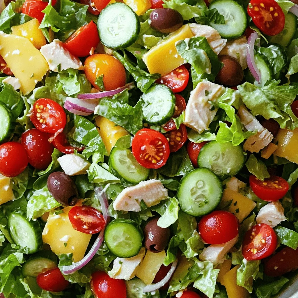This Low Carb Italian Grinder Salad is all about fresh flavors. Here are the key ingredients: - 2 cups romaine lettuce, chopped into bite-sized pieces - 1 cup cherry tomatoes, halved for sweetness - 1 cup cucumbers, diced for crunch - 1/2 cup red onion, thinly sliced for a sharp bite - 1 cup pepperoncini, sliced for tang and heat - 1/2 cup Kalamata olives, pitted and halved for a briny flavor - 1 cup cooked turkey breast, diced (or your preferred deli meat) - 1/2 cup provolone cheese, diced for creaminess - 1/4 cup Italian dressing (use a low carb option or make your own with olive oil, vinegar, herbs, and spices) - Salt and pepper to taste, for seasoning - Fresh basil, chopped for garnish and added aromatic flavor Each ingredient plays a vital role in the taste and texture of the salad. - Romaine Lettuce: High in fiber, low in calories, and packed with vitamins. - Cherry Tomatoes: Rich in vitamins C and K, also a source of antioxidants. - Cucumbers: Hydrating and low in calories, perfect for crunch. - Red Onion: Contains antioxidants and may help reduce inflammation. - Pepperoncini: Adds flavor and may aid digestion. - Kalamata Olives: High in healthy fats and antioxidants. - Turkey Breast: Lean protein that helps build and repair muscle. - Provolone Cheese: Adds calcium and flavor without many carbs. - Italian Dressing: Can enhance taste while using low-carb options supports health goals. - Basil: Packed with vitamins and adds a fresh aroma. You can swap some ingredients for your needs: - Romaine Lettuce: Use spinach or kale for a different green. - Turkey Breast: Try chicken, ham, or a plant-based protein for variety. - Provolone Cheese: Use mozzarella or a dairy-free cheese for lactose-free diets. - Pepperoncini: Substitute with jalapeños for added heat. - Italian Dressing: Create your own with olive oil, vinegar, and fresh herbs. These swaps help match dietary needs while keeping the salad tasty. For the full recipe, check out the instructions above. Start by washing your vegetables well. This step is key for safety and taste. Take 2 cups of romaine lettuce and chop it into bite-sized pieces. Next, halve 1 cup of cherry tomatoes for a sweet burst of flavor. Then, dice 1 cup of cucumbers for that satisfying crunch. Slice 1/2 cup of red onion thinly to add a sharp bite. Each of these veggies brings its own special taste to the salad. In a large mixing bowl, combine all your prepared vegetables. Gently mix the chopped romaine, tomatoes, cucumbers, and onions. This ensures an even spread of flavors. Next, add in 1 cup of sliced pepperoncini and 1/2 cup of pitted, halved Kalamata olives. These ingredients add tang and a briny taste. Now, fold in 1 cup of diced turkey breast and 1/2 cup of diced provolone cheese. This mix of meats and cheese creates a rich and hearty base. Drizzle 1/4 cup of Italian dressing over the salad. You can use a low carb option or make your own with olive oil and vinegar. Toss the salad gently to coat all the ingredients. This step is crucial for flavor. Next, season with salt and pepper to taste. Adjust the seasoning to your liking. Finally, garnish with chopped fresh basil for an aromatic touch. Serve the salad right away or chill it for 15 minutes to deepen the flavors. Enjoy your fresh and tasty Low Carb Italian Grinder Salad! For the complete details, check out the Full Recipe. You can change this salad to fit your taste. Add more veggies like bell peppers or radishes. You can also swap turkey for chicken or ham. If you want more crunch, include nuts or seeds. For a spicy kick, add jalapeños or hot sauce. The key is to mix flavors and textures. Always keep it colorful for a fun look. Freshness is key in a salad. Use crisp lettuce and ripe tomatoes. Wash and dry your veggies well to keep them crunchy. Store them in the fridge until serving. If you prep ahead, keep the dressing separate. This keeps the salad from getting soggy. For that extra crunch, try adding croutons just before serving. Making your own dressing is simple and fun! Start with a base of olive oil and vinegar. You can add herbs like oregano or basil for flavor. Blend in some garlic or mustard for a kick. Always taste as you go. Adjust the salt and pepper to your liking. A good dressing makes your salad shine. You can find the full recipe for the salad [here](#). {{image_4}} To keep your salad low in carbs, focus on fresh veggies. You can swap out high-carb ingredients. For example, use zucchini noodles instead of pasta. Cauliflower rice can also add bulk without the carbs. This keeps your meal light and healthy. You can change the protein to suit your taste. Try diced chicken or shrimp for a twist. If you like fish, tuna can add a nice flavor. Each protein brings its own taste and texture. This makes the salad more fun to eat. If you're vegetarian or vegan, it's easy to adapt. Omit the turkey and cheese for a lighter dish. Instead, add chickpeas or lentils for protein. You can also include avocado for creaminess. This keeps the salad filling and delicious without meat or dairy. For the full recipe, check out the Low Carb Italian Grinder Salad. To keep your Low Carb Italian Grinder Salad fresh, store it in airtight containers. Glass containers work best, but you can also use plastic ones. Make sure to separate the dressing if you have leftover salad. This way, the veggies stay crisp and fresh. When stored correctly, your salad can last up to three days in the fridge. After this time, the veggies may lose their crunch. If you notice any wilting or off smells, it’s best to toss it out. Always trust your senses! This salad is best enjoyed cold. There’s no need to reheat it. If you do want a warm dish, consider using the cooked turkey breast in a different recipe. The salad’s flavors shine best when served chilled, so enjoy it fresh! The carb count for a Low Carb Italian Grinder Salad is about 8 grams per serving. This count can vary based on the ingredients you choose. Most of the carbs come from the veggies, like tomatoes and cucumbers. Using low carb dressing can help keep the count low. You can enjoy this salad without feeling guilty about your carb intake. Yes, you can make this salad ahead of time. However, I suggest you keep the dressing separate until you're ready to eat. This keeps the salad crisp and fresh. Prepare the veggies and turkey a day in advance. Just store them in an airtight container in the fridge. When you're ready to serve, add the dressing and toss. This way, every bite stays tasty and crunchy. There are many low carb dressing options you can use. Some great choices include olive oil and vinegar, ranch, or Caesar dressing. You can also make your own dressing. Mix olive oil, vinegar, herbs, and spices to create your perfect blend. Just be sure to check the labels on store-bought dressings. Some may have hidden sugars that can add carbs. Enjoy experimenting with flavors to find what you love! For the full recipe, check out the Low Carb Italian Grinder Salad. This blog post explored the key ingredients and their nutritional benefits. You learned how to prepare and combine your salad easily. We discussed tips for customizing and keeping your salad fresh. Variations allow you to enjoy low-carb and protein-packed options. Finally, we covered storage methods for leftovers and answered common questions. Eating healthy does not have to be hard. With these steps, you can enjoy tasty meals every time.