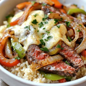 - 1 lb ribeye steak, thinly sliced - 2 medium bell peppers (1 green, 1 red), sliced - 1 cup provolone cheese, shredded - 4 cups cooked rice or quinoa The main ingredients make this dish hearty and tasty. Ribeye steak gives the bowls rich flavor. The bell peppers add sweetness and color. Provolone cheese melts nicely, bringing it all together. You can choose rice or quinoa as your base. Both options are filling and nutritious. - 2 tablespoons olive oil - 1 medium onion, sliced - 2 cloves garlic, minced - Fresh parsley for garnish (optional) - Salt and pepper to taste Seasonings bring out the best in your Philly cheesesteak bowls. Olive oil helps cook the veggies and steak. Onions add sweetness and depth. Garlic gives a punch of flavor, while salt and pepper enhance all the tastes. Fresh parsley adds a pop of color and freshness. You can skip it if you want, but it makes a nice touch. For the Full Recipe, check out the detailed steps to create this delicious dish! Start with the veggies. I heat 1 tablespoon of olive oil in a large skillet over medium-high heat. Once hot, I add the sliced onion, green bell pepper, and red bell pepper. I sauté these vegetables for about 5-7 minutes. Stir them often until they soften and caramelize a bit. Next, I stir in the minced garlic and dried oregano. I also add salt and pepper to taste. I keep cooking for another 2 minutes until the garlic smells great. After that, I remove the veggies from the skillet and set them aside in a bowl. Now it’s time for the steak. In the same skillet, I add the last tablespoon of olive oil. I then add the thinly sliced ribeye steak. I cook it for about 3-4 minutes, stirring a lot. I want the steak to brown nicely but stay tender. After browning, I return the sautéed vegetables to the skillet. I mix everything well. This blend of steak and veggies is so tasty! Next, I melt the cheese. I lower the heat to medium-low and sprinkle shredded provolone cheese over the steak and veggies. I cover the skillet with a lid. This helps the cheese melt, which takes about 2-3 minutes. To serve, I take big scoops of cooked rice or quinoa and fill bowls. I top each bowl with the cheesy steak and vegetable mix, making sure everyone gets a nice portion. If I want to add some color, I sprinkle fresh parsley on top. It makes for a great meal! For the full recipe, check out the details above. Choosing the right skillet is key. A heavy skillet, like cast iron, holds heat well. This helps sear the steak nicely. Use medium-high heat to get a good char without overcooking the meat. To maintain steak tenderness, slice the ribeye thin. This makes it cook faster and stay juicy. Don’t overcrowd the skillet, as this can steam the meat instead of browning it. Cook in batches if needed. For extra flavor, consider adding spices like paprika or cayenne pepper. These spices can give your cheesesteak bowls a nice kick. A splash of Worcestershire sauce can also boost the savory taste. Using different types of cheese can change the dish. While provolone is classic, consider using mozzarella or gooey cheddar. Each cheese brings a unique flavor and texture. Experiment to find your favorite! For the Full Recipe, check the cooking instructions to create your delicious Philly Cheesesteak Bowls. {{image_4}} You can change up the protein in your Philly Cheesesteak Bowls. One great option is chicken. You just need to swap the ribeye steak for thinly sliced chicken breast. Cook it the same way, and season it well. You’ll end up with a tasty chicken cheesesteak bowl. If you prefer a vegetarian option, try using mushrooms or tofu. Mushrooms bring a savory flavor that works well with your cheese and veggies. Tofu is another great choice. Just press it to remove excess moisture, then cube and sauté it. Both options are healthy and delicious. Switching your base makes this dish even more fun. You can use cauliflower rice instead of regular rice or quinoa. It adds a lightness to the bowl and cuts down on carbs. Just sauté it briefly to keep its texture. Quinoa is another great alternative. It packs in more protein and fiber than rice. Cook it according to the package instructions. Then, scoop it into bowls as you would with rice. Both options add a unique twist to your Philly Cheesesteak Bowls. For the full recipe, check out the earlier section. To keep your Philly Cheesesteak Bowls fresh, use airtight containers. Glass containers work great. They keep food fresh and are easy to clean. You can also use plastic containers, but make sure they seal well. Before you store your meal, cool it down first. Let it sit at room temperature for about 30 minutes. This helps prevent bacterial growth. Once cooled, cover the dish tightly before placing it in the fridge. Enjoy your leftovers within three to four days for the best taste. When you're ready to eat, reheating is simple. Use the microwave for quick meals. Place your bowl in the microwave and cover it with a lid or microwave-safe wrap. Heat in short bursts, about 30 seconds at a time. Stir between each interval until warmed through. For the best results, you can use a skillet. This method keeps the steak juicy. Heat the skillet over medium heat. Add a splash of water to create steam, then cover it. This keeps everything moist and avoids rubbery steak or soggy veggies. Cook for about 5 minutes, stirring gently until everything is hot. Enjoy your meal again just as you did the first time! Philly cheesesteaks started in Philadelphia in the 1930s. They were made with thinly sliced beef and cheese on a soft roll. Over time, people created new versions, like the Philly cheesesteak bowl. This dish uses the same flavors but places them over rice or quinoa instead of bread. It’s tasty and easy to enjoy in a bowl. Yes, you can prep Philly cheesesteak bowls ahead of time. Cook the steak and veggies earlier in the day or even the night before. Store them in the fridge. You can also cook the rice or quinoa in advance. When ready to eat, just heat everything up. This saves time and makes dinner stress-free. Some great sides to serve with Philly cheesesteak bowls include: - French fries: Crispy and perfect for dipping. - Coleslaw: Adds a nice crunch and freshness. - Steamed broccoli: A healthy green choice. - Garlic bread: Great for soaking up extra flavors. These sides will complement the rich flavors of the bowls. For the complete recipe, check out the Full Recipe for Philly cheesesteak bowls. Philly cheesesteak bowls are tasty and easy to make. We covered key ingredients like ribeye steak, peppers, and provolone. You learned how to prepare veggies, cook the steak, and assemble the bowls. Tips for cooking and flavor boosts were shared. You can try different proteins or bases too. Don’t forget to store leftovers correctly to keep the meal fresh. Now, enjoy crafting this dish at home! It’s simple, fun, and delicious.