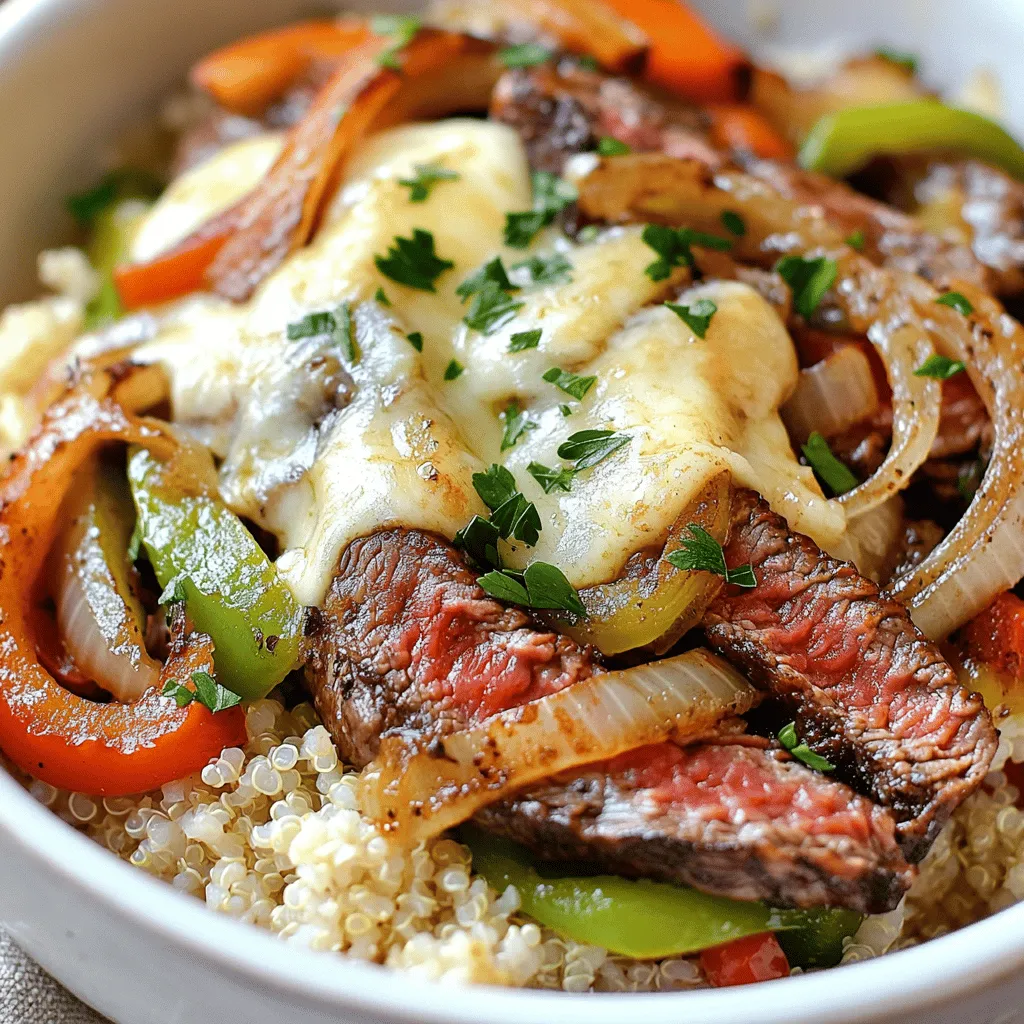 - 1 lb ribeye steak, thinly sliced - 2 medium bell peppers (1 green, 1 red), sliced - 1 cup provolone cheese, shredded - 4 cups cooked rice or quinoa The main ingredients make this dish hearty and tasty. Ribeye steak gives the bowls rich flavor. The bell peppers add sweetness and color. Provolone cheese melts nicely, bringing it all together. You can choose rice or quinoa as your base. Both options are filling and nutritious. - 2 tablespoons olive oil - 1 medium onion, sliced - 2 cloves garlic, minced - Fresh parsley for garnish (optional) - Salt and pepper to taste Seasonings bring out the best in your Philly cheesesteak bowls. Olive oil helps cook the veggies and steak. Onions add sweetness and depth. Garlic gives a punch of flavor, while salt and pepper enhance all the tastes. Fresh parsley adds a pop of color and freshness. You can skip it if you want, but it makes a nice touch. For the Full Recipe, check out the detailed steps to create this delicious dish! Start with the veggies. I heat 1 tablespoon of olive oil in a large skillet over medium-high heat. Once hot, I add the sliced onion, green bell pepper, and red bell pepper. I sauté these vegetables for about 5-7 minutes. Stir them often until they soften and caramelize a bit. Next, I stir in the minced garlic and dried oregano. I also add salt and pepper to taste. I keep cooking for another 2 minutes until the garlic smells great. After that, I remove the veggies from the skillet and set them aside in a bowl. Now it’s time for the steak. In the same skillet, I add the last tablespoon of olive oil. I then add the thinly sliced ribeye steak. I cook it for about 3-4 minutes, stirring a lot. I want the steak to brown nicely but stay tender. After browning, I return the sautéed vegetables to the skillet. I mix everything well. This blend of steak and veggies is so tasty! Next, I melt the cheese. I lower the heat to medium-low and sprinkle shredded provolone cheese over the steak and veggies. I cover the skillet with a lid. This helps the cheese melt, which takes about 2-3 minutes. To serve, I take big scoops of cooked rice or quinoa and fill bowls. I top each bowl with the cheesy steak and vegetable mix, making sure everyone gets a nice portion. If I want to add some color, I sprinkle fresh parsley on top. It makes for a great meal! For the full recipe, check out the details above. Choosing the right skillet is key. A heavy skillet, like cast iron, holds heat well. This helps sear the steak nicely. Use medium-high heat to get a good char without overcooking the meat. To maintain steak tenderness, slice the ribeye thin. This makes it cook faster and stay juicy. Don’t overcrowd the skillet, as this can steam the meat instead of browning it. Cook in batches if needed. For extra flavor, consider adding spices like paprika or cayenne pepper. These spices can give your cheesesteak bowls a nice kick. A splash of Worcestershire sauce can also boost the savory taste. Using different types of cheese can change the dish. While provolone is classic, consider using mozzarella or gooey cheddar. Each cheese brings a unique flavor and texture. Experiment to find your favorite! For the Full Recipe, check the cooking instructions to create your delicious Philly Cheesesteak Bowls. {{image_4}} You can change up the protein in your Philly Cheesesteak Bowls. One great option is chicken. You just need to swap the ribeye steak for thinly sliced chicken breast. Cook it the same way, and season it well. You’ll end up with a tasty chicken cheesesteak bowl. If you prefer a vegetarian option, try using mushrooms or tofu. Mushrooms bring a savory flavor that works well with your cheese and veggies. Tofu is another great choice. Just press it to remove excess moisture, then cube and sauté it. Both options are healthy and delicious. Switching your base makes this dish even more fun. You can use cauliflower rice instead of regular rice or quinoa. It adds a lightness to the bowl and cuts down on carbs. Just sauté it briefly to keep its texture. Quinoa is another great alternative. It packs in more protein and fiber than rice. Cook it according to the package instructions. Then, scoop it into bowls as you would with rice. Both options add a unique twist to your Philly Cheesesteak Bowls. For the full recipe, check out the earlier section. To keep your Philly Cheesesteak Bowls fresh, use airtight containers. Glass containers work great. They keep food fresh and are easy to clean. You can also use plastic containers, but make sure they seal well. Before you store your meal, cool it down first. Let it sit at room temperature for about 30 minutes. This helps prevent bacterial growth. Once cooled, cover the dish tightly before placing it in the fridge. Enjoy your leftovers within three to four days for the best taste. When you're ready to eat, reheating is simple. Use the microwave for quick meals. Place your bowl in the microwave and cover it with a lid or microwave-safe wrap. Heat in short bursts, about 30 seconds at a time. Stir between each interval until warmed through. For the best results, you can use a skillet. This method keeps the steak juicy. Heat the skillet over medium heat. Add a splash of water to create steam, then cover it. This keeps everything moist and avoids rubbery steak or soggy veggies. Cook for about 5 minutes, stirring gently until everything is hot. Enjoy your meal again just as you did the first time! Philly cheesesteaks started in Philadelphia in the 1930s. They were made with thinly sliced beef and cheese on a soft roll. Over time, people created new versions, like the Philly cheesesteak bowl. This dish uses the same flavors but places them over rice or quinoa instead of bread. It’s tasty and easy to enjoy in a bowl. Yes, you can prep Philly cheesesteak bowls ahead of time. Cook the steak and veggies earlier in the day or even the night before. Store them in the fridge. You can also cook the rice or quinoa in advance. When ready to eat, just heat everything up. This saves time and makes dinner stress-free. Some great sides to serve with Philly cheesesteak bowls include: - French fries: Crispy and perfect for dipping. - Coleslaw: Adds a nice crunch and freshness. - Steamed broccoli: A healthy green choice. - Garlic bread: Great for soaking up extra flavors. These sides will complement the rich flavors of the bowls. For the complete recipe, check out the Full Recipe for Philly cheesesteak bowls. Philly cheesesteak bowls are tasty and easy to make. We covered key ingredients like ribeye steak, peppers, and provolone. You learned how to prepare veggies, cook the steak, and assemble the bowls. Tips for cooking and flavor boosts were shared. You can try different proteins or bases too. Don’t forget to store leftovers correctly to keep the meal fresh. Now, enjoy crafting this dish at home! It’s simple, fun, and delicious.