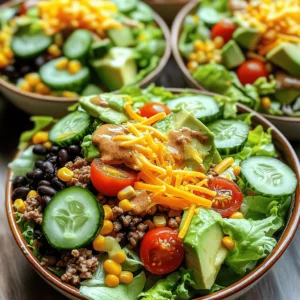 To make a tasty taco salad with chipotle ranch dressing, you need: - 1 lb ground turkey or beef - 1 tablespoon olive oil - 1 packet taco seasoning - 1 can (15 oz) black beans, rinsed and drained - 1 cup corn kernels (fresh or frozen) - 1 head of romaine lettuce, chopped - 1 cup cherry tomatoes, halved - 1 cup diced cucumber - 1 ripe avocado, diced - 1/2 cup shredded cheddar cheese - 1/2 cup sour cream - 1/4 cup mayonnaise - 1-2 tablespoons chipotle sauce (adjust to your spice preference) - 1 tablespoon fresh lime juice - Salt and pepper to taste - Tortilla chips for garnish Feel free to customize your taco salad! Here are some options: - Add sliced jalapeños for more heat. - Include black olives for a briny flavor. - Substitute Greek yogurt for sour cream for a lighter option. - Use fresh cilantro for added freshness. - Swap the cheese for a dairy-free alternative if needed. This taco salad is not only delicious, but it's also packed with nutrients. Here’s a quick look: - Calories: About 500 per serving. - Protein: Roughly 30g from the meat and beans. - Fiber: Around 10g from beans and veggies. - Fat: About 25g, depending on the meat and cheese used. - Vitamins: High in vitamins A and C from the veggies. Now you're all set with the ingredients! You can find the full recipe for step-by-step details on how to make this delightful dish. Enjoy your cooking journey! To start, heat 1 tablespoon of olive oil in a large skillet over medium heat. Once the oil is hot, add 1 pound of ground turkey or beef. Cook it for about 6-8 minutes until it turns brown. Break the meat apart with a spatula as it cooks. Be sure to drain any extra fat from the skillet when it’s done. Next, sprinkle the taco seasoning over the meat. Add water according to the packet instructions. Stir in a can of rinsed black beans and 1 cup of corn. Cook this mix for 5 more minutes. Season with salt and pepper to taste, then set it aside. Grab a small mixing bowl for the dressing. In it, whisk together 1/2 cup sour cream, 1/4 cup mayonnaise, and 1-2 tablespoons of chipotle sauce. Adjust the sauce based on how spicy you want it. Add 1 tablespoon of fresh lime juice and a pinch of salt. Taste it. If it needs more flavor, feel free to adjust the seasoning. This creamy chipotle ranch dressing will add a nice kick to your salad. Now, let’s put the salad together. In a large salad bowl, lay down a layer of chopped romaine lettuce to create the base. Spoon the cooked meat mixture over the lettuce. Then, add 1 cup of halved cherry tomatoes, 1 cup of diced cucumber, and 1 diced avocado. Top it off with 1/2 cup of shredded cheddar cheese. Drizzle the chipotle ranch dressing generously over everything. For an added crunch, crush some tortilla chips and sprinkle them on top right before serving. Enjoy your vibrant and tasty taco salad! Pick a protein that suits your taste. Ground turkey keeps it light. Ground beef adds rich flavor. You can also try shredded chicken or even meatless options like lentils. Each choice gives a unique taste to your taco salad. For extra flavor, add spices. Try cumin or smoked paprika. Fresh herbs like cilantro can brighten your dish. To boost texture, mix in crunchy veggies like bell peppers or radishes. A mix of textures makes your salad interesting and fun to eat. The chipotle ranch dressing ties everything together. To make it creamy, blend sour cream with mayonnaise. Add chipotle sauce for heat. Adjust the spice to fit your taste. A squeeze of lime juice balances the flavors. Pour it generously over your salad for a tasty finish. For the full recipe, check the details above. {{image_4}} You can easily make this taco salad vegetarian or vegan. For a vegetarian version, use a plant-based ground meat. Options like lentils or quinoa also work well. If you want a vegan taco salad, leave out the cheese and sour cream. Use avocado or a nut-based cream for a rich texture. This way, you still get a creamy, tasty salad without the animal products. Feel free to swap ingredients to fit your taste. You can use chicken or tofu instead of ground turkey or beef. Try different beans like pinto or kidney beans for variety. If you don't have romaine lettuce, use spinach or mixed greens. You can also switch cherry tomatoes for diced bell peppers or even radishes for a crunchy twist. The key is to keep it colorful and fresh! Seasonal ingredients can change your taco salad game. In summer, add fresh corn and diced zucchini. In the fall, try roasted butternut squash or sweet potatoes. Winter might call for hearty greens like kale or collard greens. Spring is perfect for fresh herbs like cilantro or dill. Each season offers new flavors and colors that keep your salad exciting and delicious. To keep your taco salad fresh, store leftovers in an airtight container. Place the salad and dressing in separate containers. This keeps the salad crunchy. The salad will stay good for about three days in the fridge. When you reheat the meat mixture, warm it in a skillet. Use medium heat and stir often. This method keeps the meat juicy. Avoid microwaving the salad. It will make the lettuce limp and sad. Instead, heat only what you need. If you want to prep meals, make the meat mixture ahead. Cook it and let it cool. Store it in the fridge for up to three days. Chop your veggies and keep them in containers. When you are ready to eat, just mix it all together. You can even use the full recipe to make enough for the week! Yes, you can prepare taco salad ahead of time. Cook the meat and make the dressing in advance. Store them in separate containers in the fridge. Keep the fresh ingredients like lettuce, tomatoes, and avocado separate. This way, they stay crisp and fresh. When you are ready to eat, assemble the salad. Enjoy a quick and tasty meal! You can use several substitutes for chipotle sauce. Try using regular hot sauce for some heat. You can also mix smoked paprika with a bit of adobo sauce. This will give you a smoky flavor. Another option is to blend roasted red peppers with some cayenne. Adjust the amount to get the spice level you like. To make taco salad gluten-free, choose gluten-free taco seasoning. Many brands offer this option. Use corn tortillas instead of regular tortilla chips for crunch. Check the labels of canned beans and sauces to ensure they are gluten-free. Fresh ingredients like veggies are naturally gluten-free. Enjoy a delicious and safe meal for everyone! In this blog post, we explored the key ingredients and steps to make a delicious taco salad. We discussed options for both meat and meat-free diets. I shared tips to enhance flavor and texture and provided ideas for seasonal swaps. You also learned the best ways to store leftovers and prep meals ahead. Taco salad is versatile and easy to make. Keep experimenting with flavors to find your favorite version. Enjoy your cooking!