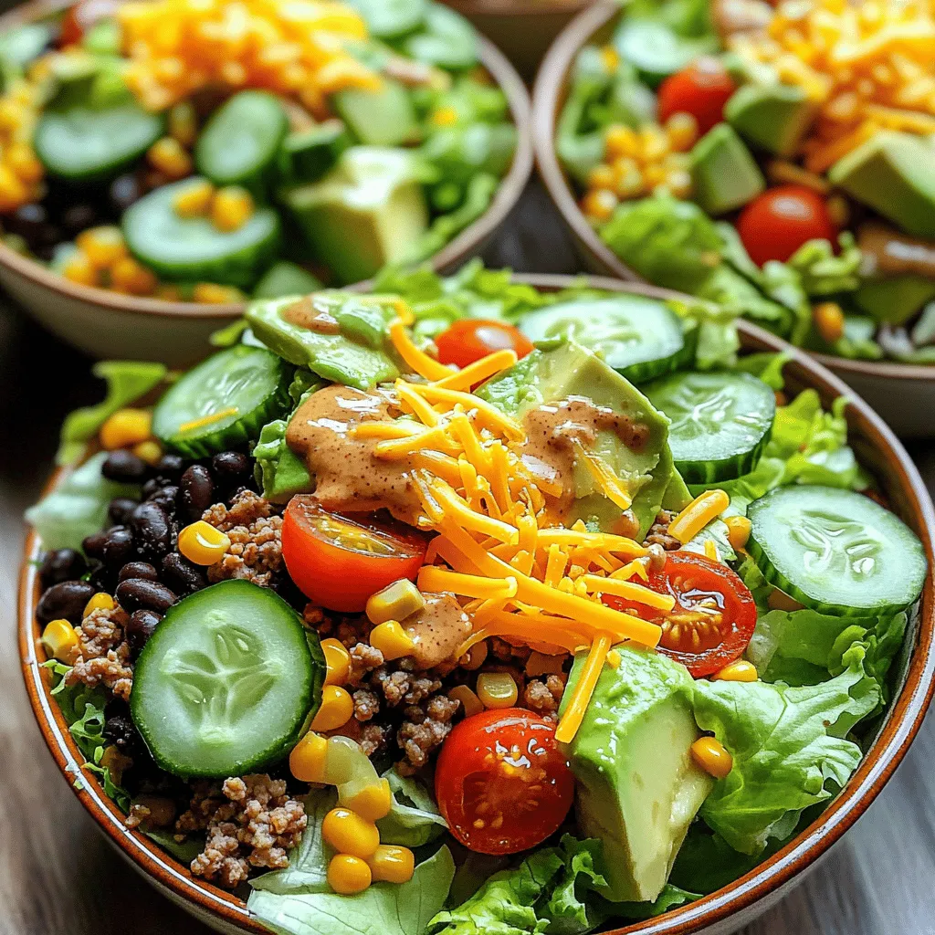 To make a tasty taco salad with chipotle ranch dressing, you need: - 1 lb ground turkey or beef - 1 tablespoon olive oil - 1 packet taco seasoning - 1 can (15 oz) black beans, rinsed and drained - 1 cup corn kernels (fresh or frozen) - 1 head of romaine lettuce, chopped - 1 cup cherry tomatoes, halved - 1 cup diced cucumber - 1 ripe avocado, diced - 1/2 cup shredded cheddar cheese - 1/2 cup sour cream - 1/4 cup mayonnaise - 1-2 tablespoons chipotle sauce (adjust to your spice preference) - 1 tablespoon fresh lime juice - Salt and pepper to taste - Tortilla chips for garnish Feel free to customize your taco salad! Here are some options: - Add sliced jalapeños for more heat. - Include black olives for a briny flavor. - Substitute Greek yogurt for sour cream for a lighter option. - Use fresh cilantro for added freshness. - Swap the cheese for a dairy-free alternative if needed. This taco salad is not only delicious, but it's also packed with nutrients. Here’s a quick look: - Calories: About 500 per serving. - Protein: Roughly 30g from the meat and beans. - Fiber: Around 10g from beans and veggies. - Fat: About 25g, depending on the meat and cheese used. - Vitamins: High in vitamins A and C from the veggies. Now you're all set with the ingredients! You can find the full recipe for step-by-step details on how to make this delightful dish. Enjoy your cooking journey! To start, heat 1 tablespoon of olive oil in a large skillet over medium heat. Once the oil is hot, add 1 pound of ground turkey or beef. Cook it for about 6-8 minutes until it turns brown. Break the meat apart with a spatula as it cooks. Be sure to drain any extra fat from the skillet when it’s done. Next, sprinkle the taco seasoning over the meat. Add water according to the packet instructions. Stir in a can of rinsed black beans and 1 cup of corn. Cook this mix for 5 more minutes. Season with salt and pepper to taste, then set it aside. Grab a small mixing bowl for the dressing. In it, whisk together 1/2 cup sour cream, 1/4 cup mayonnaise, and 1-2 tablespoons of chipotle sauce. Adjust the sauce based on how spicy you want it. Add 1 tablespoon of fresh lime juice and a pinch of salt. Taste it. If it needs more flavor, feel free to adjust the seasoning. This creamy chipotle ranch dressing will add a nice kick to your salad. Now, let’s put the salad together. In a large salad bowl, lay down a layer of chopped romaine lettuce to create the base. Spoon the cooked meat mixture over the lettuce. Then, add 1 cup of halved cherry tomatoes, 1 cup of diced cucumber, and 1 diced avocado. Top it off with 1/2 cup of shredded cheddar cheese. Drizzle the chipotle ranch dressing generously over everything. For an added crunch, crush some tortilla chips and sprinkle them on top right before serving. Enjoy your vibrant and tasty taco salad! Pick a protein that suits your taste. Ground turkey keeps it light. Ground beef adds rich flavor. You can also try shredded chicken or even meatless options like lentils. Each choice gives a unique taste to your taco salad. For extra flavor, add spices. Try cumin or smoked paprika. Fresh herbs like cilantro can brighten your dish. To boost texture, mix in crunchy veggies like bell peppers or radishes. A mix of textures makes your salad interesting and fun to eat. The chipotle ranch dressing ties everything together. To make it creamy, blend sour cream with mayonnaise. Add chipotle sauce for heat. Adjust the spice to fit your taste. A squeeze of lime juice balances the flavors. Pour it generously over your salad for a tasty finish. For the full recipe, check the details above. {{image_4}} You can easily make this taco salad vegetarian or vegan. For a vegetarian version, use a plant-based ground meat. Options like lentils or quinoa also work well. If you want a vegan taco salad, leave out the cheese and sour cream. Use avocado or a nut-based cream for a rich texture. This way, you still get a creamy, tasty salad without the animal products. Feel free to swap ingredients to fit your taste. You can use chicken or tofu instead of ground turkey or beef. Try different beans like pinto or kidney beans for variety. If you don't have romaine lettuce, use spinach or mixed greens. You can also switch cherry tomatoes for diced bell peppers or even radishes for a crunchy twist. The key is to keep it colorful and fresh! Seasonal ingredients can change your taco salad game. In summer, add fresh corn and diced zucchini. In the fall, try roasted butternut squash or sweet potatoes. Winter might call for hearty greens like kale or collard greens. Spring is perfect for fresh herbs like cilantro or dill. Each season offers new flavors and colors that keep your salad exciting and delicious. To keep your taco salad fresh, store leftovers in an airtight container. Place the salad and dressing in separate containers. This keeps the salad crunchy. The salad will stay good for about three days in the fridge. When you reheat the meat mixture, warm it in a skillet. Use medium heat and stir often. This method keeps the meat juicy. Avoid microwaving the salad. It will make the lettuce limp and sad. Instead, heat only what you need. If you want to prep meals, make the meat mixture ahead. Cook it and let it cool. Store it in the fridge for up to three days. Chop your veggies and keep them in containers. When you are ready to eat, just mix it all together. You can even use the full recipe to make enough for the week! Yes, you can prepare taco salad ahead of time. Cook the meat and make the dressing in advance. Store them in separate containers in the fridge. Keep the fresh ingredients like lettuce, tomatoes, and avocado separate. This way, they stay crisp and fresh. When you are ready to eat, assemble the salad. Enjoy a quick and tasty meal! You can use several substitutes for chipotle sauce. Try using regular hot sauce for some heat. You can also mix smoked paprika with a bit of adobo sauce. This will give you a smoky flavor. Another option is to blend roasted red peppers with some cayenne. Adjust the amount to get the spice level you like. To make taco salad gluten-free, choose gluten-free taco seasoning. Many brands offer this option. Use corn tortillas instead of regular tortilla chips for crunch. Check the labels of canned beans and sauces to ensure they are gluten-free. Fresh ingredients like veggies are naturally gluten-free. Enjoy a delicious and safe meal for everyone! In this blog post, we explored the key ingredients and steps to make a delicious taco salad. We discussed options for both meat and meat-free diets. I shared tips to enhance flavor and texture and provided ideas for seasonal swaps. You also learned the best ways to store leftovers and prep meals ahead. Taco salad is versatile and easy to make. Keep experimenting with flavors to find your favorite version. Enjoy your cooking!