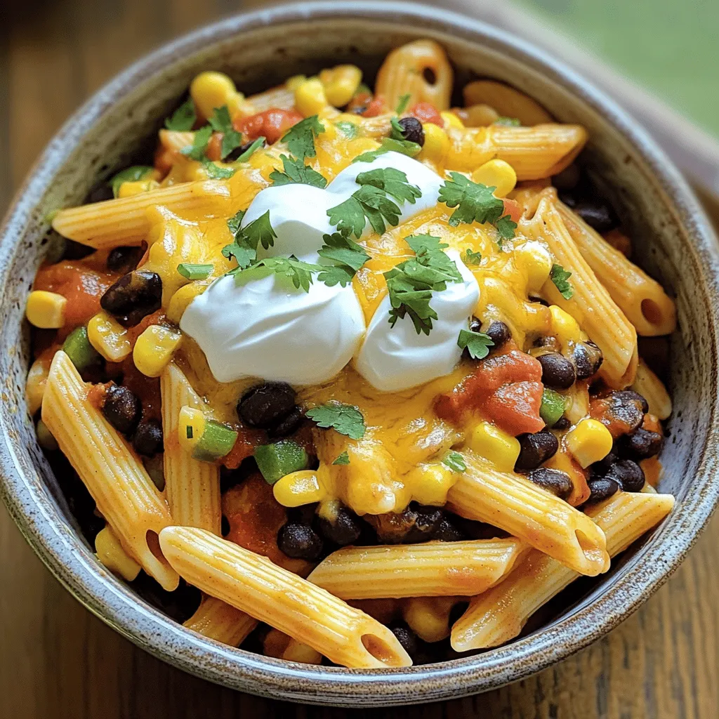 To make the perfect enchilada pasta, you need these key ingredients: - 8 oz pasta (penne or fusilli) - 1 tablespoon olive oil - 1 medium onion, diced - 2 cloves garlic, minced - 1 bell pepper (any color), chopped - 1 can (15 oz) black beans, drained and rinsed - 1 can (15 oz) diced tomatoes with green chilies - 1 cup corn kernels (fresh or frozen) - 1 tablespoon chili powder - 1 teaspoon cumin - 1 teaspoon smoked paprika - Salt and pepper to taste - 1 cup shredded cheddar cheese - 1 cup sour cream - Fresh cilantro for garnish These ingredients come together to create a dish that’s rich and satisfying. The black beans add protein, while the corn brings sweetness. The spices give it a warm kick. You can make this dish your own. Here are some optional ingredients to try: - Cooked chicken or ground beef for added protein - Avocado slices for creaminess - Jalapeños for heat - Lime juice for a zesty touch - Other cheeses like Monterey Jack or pepper jack Feel free to mix and match these options. They can change the flavor and texture of the dish. When picking your fresh ingredients, look for these tips: - Onions: Choose firm onions with dry, papery skins. Avoid any with soft spots. - Bell Peppers: Look for bright colors and a firm feel. They should be free from wrinkles. - Garlic: Pick bulbs that are plump and tight. Avoid any that feel soft or sprouted. - Corn: If using fresh corn, select ears with bright green husks. The kernels should be plump and milky when pierced. Using fresh ingredients will enhance the flavor of your enchilada pasta. Good produce makes all the difference! For the full recipe, check out the Enchilada Pasta Delight. Start by boiling water in a big pot. Add a pinch of salt to the water. Once it boils, drop in 8 ounces of pasta. I like penne or fusilli. Cook until it is al dente, about 8-10 minutes. Check the box for exact times. When done, drain the pasta and set it aside in a large bowl. In a large skillet, heat 1 tablespoon of olive oil over medium heat. Add 1 diced onion. Cook it for 3-4 minutes until it turns soft and clear. Next, add 2 minced garlic cloves and 1 chopped bell pepper. Stir and cook for another 2-3 minutes until the bell pepper is tender. Now, it’s time to mix in the fun stuff! Add 1 can of black beans, 1 can of diced tomatoes, and 1 cup of corn. Sprinkle in 1 tablespoon of chili powder, 1 teaspoon of cumin, and 1 teaspoon of smoked paprika. Season with salt and pepper. Stir well and let it simmer for 5 minutes. Then, gently fold in the cooked pasta. Sprinkle 1 cup of shredded cheddar cheese on top. Cover the skillet for 2-3 minutes to melt the cheese. Once the cheese is melted, remove from heat. Fold in half of 1 cup of sour cream for creaminess. Serve the enchilada pasta in bowls. Add a dollop of the remaining sour cream and some fresh cilantro on top. This adds color and flavor. You can even serve it in colorful bowls for a fun look. To avoid overcooking pasta, check it often. Cook it until it's al dente, which means it still has a little bite. Follow the package instructions for timing. Keep a close eye on it, especially in the last minute. Drain the pasta right away. Rinse it briefly with cool water to stop the cooking. This helps keep it perfect for your enchilada pasta. Spices are key to making enchilada pasta pop. Start with chili powder for heat and flavor. Cumin adds a warm, earthy taste. Smoked paprika gives it a nice smoky touch. You can also add garlic powder for extra depth. Feel free to adjust the spice levels to suit your taste. Mix and match spices to find your favorite blend. A dash of lime juice at the end brightens the dish even more. For a great melt, choose shredded cheddar cheese. It melts smoothly and has a rich flavor. You can also try Monterey Jack or a Mexican blend for a different taste. Grate your cheese fresh for the best melt. Avoid pre-shredded cheese if you can; it often has additives that prevent melting. Mix different cheeses for a unique flavor profile. A gooey, cheesy top will make your enchilada pasta shine. For the full recipe, check the recipe card above. {{image_4}} You can enjoy enchilada pasta in many ways. For a vegetarian dish, skip the meat. Use more beans or add lentils for protein. You can also add extra veggies like zucchini or mushrooms. If you love meat, try chicken, beef, or turkey. Cook the meat first, then mix it into the sauce. Both options are tasty and filling. If you want a kick, add spicy elements. You could use jalapeños or diced green chiles. Another great choice is to sprinkle in cayenne pepper or hot sauce. This adds heat and depth to the flavor. Adjust the spice level to fit your taste. Mix and match to find your perfect heat. If you need gluten-free options, many pastas are available. Look for pasta made from rice, quinoa, or chickpeas. These options work well in the recipe. Just make sure to cook them according to the package. You still get a delicious meal without gluten. It's all about finding what works for you. For the full recipe, check out the [Full Recipe]. To store leftover enchilada pasta, let it cool first. Place it in an airtight container. Make sure to seal it well to keep the flavor fresh. Store it in the fridge. It should last for up to three days. When you are ready to eat, just reheat it. If you want to freeze enchilada pasta, use a freezer-safe container. Portion it into smaller servings for easy meals later. You can freeze it for up to two months. When freezing, leave some space at the top. The pasta will expand as it freezes. To reheat enchilada pasta, you have a few options. You can use the microwave or stovetop. If using the microwave, cover the dish with a damp paper towel. Heat it in short bursts, stirring in between. If using the stovetop, heat over low heat and add a splash of water. This keeps the pasta from drying out. Enjoy your meal! Enchilada pasta is a fun twist on classic enchiladas. It combines pasta with enchilada flavors. You get a mix of cheese, beans, and spices. This dish is great for busy nights or gatherings. It’s colorful and packed with flavor. You can serve it warm and even top it with sour cream and cilantro. Yes, you can make enchilada pasta ahead of time. Just cook it and let it cool. Store it in the fridge for up to three days. When ready to eat, reheat it on the stove or in the oven. You may want to add a splash of water to keep it moist. This way, you save time when guests arrive. To spice up your enchilada pasta, add more chili powder or diced jalapeños. You can also use spicy diced tomatoes. Try adding a hot sauce of your choice. Adjust the heat to suit your taste. A little goes a long way, so start small. You can always add more! If you want to replace sour cream, try Greek yogurt. It gives a similar creamy texture. Cottage cheese can also work, but blend it first. For a dairy-free option, use cashew cream or avocado. These substitutes keep your dish rich and tasty without losing flavor. This article walked you through making enchilada pasta, from key ingredients to storage tips. You learned about essentials and options for custom flavors. We covered how to cook pasta just right and blend ingredients for a tasty meal. Remember, you can adjust spice levels and try new cheeses. Enjoy your delicious dish, and don’t hesitate to experiment. Each step brings you closer to a perfect plate of enchilada pasta.