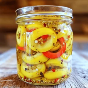 - 5-6 ripe banana peppers, sliced into rings - 1 cup distilled white vinegar - 1 cup water - 2 tablespoons granulated sugar - 1 tablespoon kosher salt - 3 cloves garlic, smashed and peeled - 1 teaspoon black peppercorns - 1 teaspoon dried oregano - 1/2 teaspoon crushed red pepper flakes (optional) When making easy pickled banana peppers, use fresh, ripe peppers for the best taste. Slice them into rings to allow the pickling liquid to soak in fully. The vinegar and water create a sharp base. Sugar adds a nice sweetness, while kosher salt enhances the flavor. Garlic gives your pickles a bold kick. The black peppercorns and oregano add depth. If you like heat, the red pepper flakes are a great choice. This recipe balances all these flavors nicely. For the full recipe, check out the details provided above. - Wash the banana peppers thoroughly. - Slice them into uniform rings. If you want a milder flavor, remove the seeds from each slice. This step helps tone down the heat and lets the tangy pickling liquid shine. - In a medium saucepan, combine 1 cup of distilled white vinegar, 1 cup of water, 2 tablespoons of granulated sugar, and 1 tablespoon of kosher salt. - Heat the mixture over medium heat. Stir it occasionally until the sugar and salt dissolve completely. This process creates a smooth pickling solution. - After the sugar and salt dissolve, add 3 smashed garlic cloves, 1 teaspoon of black peppercorns, 1 teaspoon of dried oregano, and optional 1/2 teaspoon of crushed red pepper flakes. - Mix everything well to ensure the spices spread evenly through the liquid. This infusion adds depth and richness to the pickles. - Bring the mixture to a gentle boil. - Reduce the heat slightly and allow it to simmer for about 5 minutes. This simmering blends the flavors beautifully. - Carefully add the sliced banana pepper rings into the hot pickling liquid. - Make sure they are fully immersed. This ensures that each ring absorbs the flavors well. - Use a clean glass jar to pack the banana peppers tightly. - Pour the pickling liquid over the peppers until they are submerged. This step is key for even pickling. - Let the jar cool at room temperature. - Once cooled, securely seal the jar with its lid. This keeps the freshness locked in. - For the best taste, refrigerate the pickled banana peppers for at least 24 hours. - While you can enjoy them sooner, letting them sit enhances the flavor. These easy pickled banana peppers can elevate sandwiches, salads, or serve as a tasty snack. Check out the Full Recipe for all the details! To get the best pickled banana peppers, start with fresh, firm peppers. Good quality peppers make a big difference. You can also adjust the sugar and salt in the recipe to fit your taste. If you like it sweeter, add more sugar. If you prefer saltier, increase the salt. Finding the right balance will make your pickles shine. Don’t be afraid to get creative! You can add extra spices to make your pickled peppers unique. Try including dill or mustard seeds for a new twist. Sliced onions or carrots can also add crunch and flavor. These extras make your pickles not only tasty but also interesting to eat. For the full recipe, check out the details I shared earlier. {{image_4}} To make sweet and spicy pickled banana peppers, just add more sugar. You can also increase crushed red pepper flakes for a sweeter heat. This mix of flavors adds a fun twist to your pickles. The sweetness balances the heat nicely. You can enjoy these on burgers or tacos for extra zing! If you love garlic, this version is for you. Simply increase the garlic quantity in the recipe. More garlic gives a strong, robust flavor. You can add an extra clove or two to your pickling liquid. This change creates a rich taste that pairs well with many dishes. Use these peppers in salads or sandwiches for a bold kick! For a unique taste, try adding fresh herbs. Incorporate thyme or basil to your pickling mix. These herbs enhance the overall flavor and make your pickles special. Simply toss in a few sprigs when you add the peppers. The fresh herbs give a delightful aroma and taste. They work wonders on cheese boards or in pasta salads. For the full recipe, check out the detailed instructions above! To keep your pickled banana peppers fresh, use airtight glass jars. Glass jars seal tightly and prevent air from spoiling your pickles. After packing the peppers, store the jars in the refrigerator. This method helps your pickled banana peppers last longer and stay crisp. Pickled banana peppers can last about 2 to 3 months in the fridge. They may taste best within the first month. Keep an eye out for signs of spoilage. If you see mold, off smells, or the color changes, it's time to toss them. Enjoy the zesty crunch while they are fresh! For the full recipe, check the provided link. Pickled banana peppers can last up to two months in the fridge. Their flavor may change over time, but they usually stay safe to eat. Always check for signs of spoilage, like a bad smell or discoloration. Store them in an airtight jar to keep them fresh. Yes, you can use other types of peppers! Jalapeños, serranos, or even bell peppers work well. Each type brings its own flavor and heat. Experimenting with different peppers can help you find your favorite combination. Pickled banana peppers are great in many dishes. You can add them to sandwiches, salads, or tacos for a zesty kick. They also make a fun snack on their own. For a nice touch, serve them in a bowl with cheese and crackers. Yes, you can easily change the spice level! If you want less heat, remove the seeds before pickling. For more spice, add extra crushed red pepper flakes or use spicier peppers. Taste as you go to find the right balance for you. This recipe is not meant for long-term canning. It is best for quick pickling and refrigeration. If you want to can them, follow proper canning guidelines. Make sure to use sterilized jars and process them in a boiling water bath to ensure safety. For the full recipe, check out the easy pickled banana peppers recipe. You have learned how to make pickled banana peppers step by step. We covered the needed ingredients, from ripe banana peppers to spices. The process is simple, and you can adjust flavors to fit your taste. Remember to store them properly in airtight jars and refrigerate. Pickled banana peppers enhance meals and can last for weeks. Enjoy your crunchy, tangy snack and feel free to experiment with flavors. Happy pickling!
