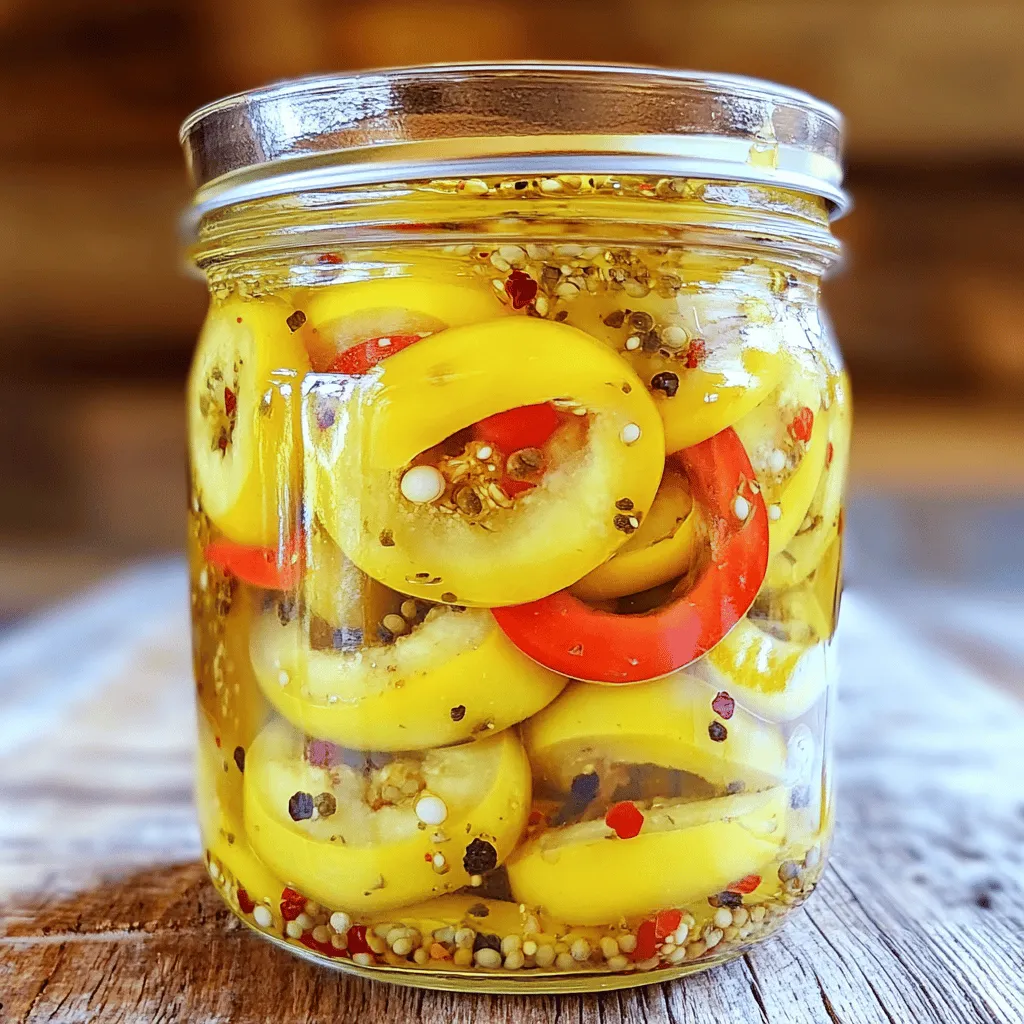 - 5-6 ripe banana peppers, sliced into rings - 1 cup distilled white vinegar - 1 cup water - 2 tablespoons granulated sugar - 1 tablespoon kosher salt - 3 cloves garlic, smashed and peeled - 1 teaspoon black peppercorns - 1 teaspoon dried oregano - 1/2 teaspoon crushed red pepper flakes (optional) When making easy pickled banana peppers, use fresh, ripe peppers for the best taste. Slice them into rings to allow the pickling liquid to soak in fully. The vinegar and water create a sharp base. Sugar adds a nice sweetness, while kosher salt enhances the flavor. Garlic gives your pickles a bold kick. The black peppercorns and oregano add depth. If you like heat, the red pepper flakes are a great choice. This recipe balances all these flavors nicely. For the full recipe, check out the details provided above. - Wash the banana peppers thoroughly. - Slice them into uniform rings. If you want a milder flavor, remove the seeds from each slice. This step helps tone down the heat and lets the tangy pickling liquid shine. - In a medium saucepan, combine 1 cup of distilled white vinegar, 1 cup of water, 2 tablespoons of granulated sugar, and 1 tablespoon of kosher salt. - Heat the mixture over medium heat. Stir it occasionally until the sugar and salt dissolve completely. This process creates a smooth pickling solution. - After the sugar and salt dissolve, add 3 smashed garlic cloves, 1 teaspoon of black peppercorns, 1 teaspoon of dried oregano, and optional 1/2 teaspoon of crushed red pepper flakes. - Mix everything well to ensure the spices spread evenly through the liquid. This infusion adds depth and richness to the pickles. - Bring the mixture to a gentle boil. - Reduce the heat slightly and allow it to simmer for about 5 minutes. This simmering blends the flavors beautifully. - Carefully add the sliced banana pepper rings into the hot pickling liquid. - Make sure they are fully immersed. This ensures that each ring absorbs the flavors well. - Use a clean glass jar to pack the banana peppers tightly. - Pour the pickling liquid over the peppers until they are submerged. This step is key for even pickling. - Let the jar cool at room temperature. - Once cooled, securely seal the jar with its lid. This keeps the freshness locked in. - For the best taste, refrigerate the pickled banana peppers for at least 24 hours. - While you can enjoy them sooner, letting them sit enhances the flavor. These easy pickled banana peppers can elevate sandwiches, salads, or serve as a tasty snack. Check out the Full Recipe for all the details! To get the best pickled banana peppers, start with fresh, firm peppers. Good quality peppers make a big difference. You can also adjust the sugar and salt in the recipe to fit your taste. If you like it sweeter, add more sugar. If you prefer saltier, increase the salt. Finding the right balance will make your pickles shine. Don’t be afraid to get creative! You can add extra spices to make your pickled peppers unique. Try including dill or mustard seeds for a new twist. Sliced onions or carrots can also add crunch and flavor. These extras make your pickles not only tasty but also interesting to eat. For the full recipe, check out the details I shared earlier. {{image_4}} To make sweet and spicy pickled banana peppers, just add more sugar. You can also increase crushed red pepper flakes for a sweeter heat. This mix of flavors adds a fun twist to your pickles. The sweetness balances the heat nicely. You can enjoy these on burgers or tacos for extra zing! If you love garlic, this version is for you. Simply increase the garlic quantity in the recipe. More garlic gives a strong, robust flavor. You can add an extra clove or two to your pickling liquid. This change creates a rich taste that pairs well with many dishes. Use these peppers in salads or sandwiches for a bold kick! For a unique taste, try adding fresh herbs. Incorporate thyme or basil to your pickling mix. These herbs enhance the overall flavor and make your pickles special. Simply toss in a few sprigs when you add the peppers. The fresh herbs give a delightful aroma and taste. They work wonders on cheese boards or in pasta salads. For the full recipe, check out the detailed instructions above! To keep your pickled banana peppers fresh, use airtight glass jars. Glass jars seal tightly and prevent air from spoiling your pickles. After packing the peppers, store the jars in the refrigerator. This method helps your pickled banana peppers last longer and stay crisp. Pickled banana peppers can last about 2 to 3 months in the fridge. They may taste best within the first month. Keep an eye out for signs of spoilage. If you see mold, off smells, or the color changes, it's time to toss them. Enjoy the zesty crunch while they are fresh! For the full recipe, check the provided link. Pickled banana peppers can last up to two months in the fridge. Their flavor may change over time, but they usually stay safe to eat. Always check for signs of spoilage, like a bad smell or discoloration. Store them in an airtight jar to keep them fresh. Yes, you can use other types of peppers! Jalapeños, serranos, or even bell peppers work well. Each type brings its own flavor and heat. Experimenting with different peppers can help you find your favorite combination. Pickled banana peppers are great in many dishes. You can add them to sandwiches, salads, or tacos for a zesty kick. They also make a fun snack on their own. For a nice touch, serve them in a bowl with cheese and crackers. Yes, you can easily change the spice level! If you want less heat, remove the seeds before pickling. For more spice, add extra crushed red pepper flakes or use spicier peppers. Taste as you go to find the right balance for you. This recipe is not meant for long-term canning. It is best for quick pickling and refrigeration. If you want to can them, follow proper canning guidelines. Make sure to use sterilized jars and process them in a boiling water bath to ensure safety. For the full recipe, check out the easy pickled banana peppers recipe. You have learned how to make pickled banana peppers step by step. We covered the needed ingredients, from ripe banana peppers to spices. The process is simple, and you can adjust flavors to fit your taste. Remember to store them properly in airtight jars and refrigerate. Pickled banana peppers enhance meals and can last for weeks. Enjoy your crunchy, tangy snack and feel free to experiment with flavors. Happy pickling!