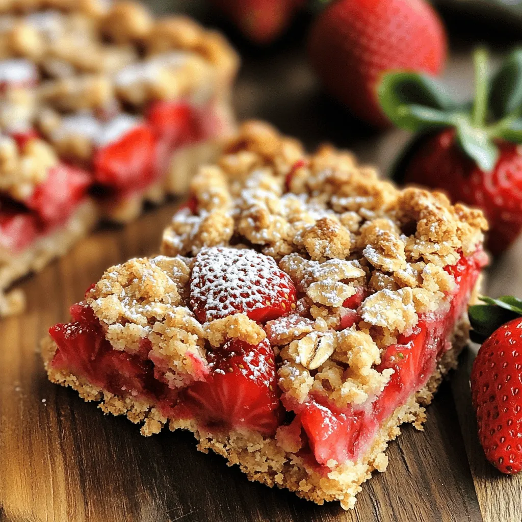 - 2 cups rolled oats - 1 cup almond flour - 1/4 cup honey or maple syrup - 1/2 cup coconut oil, melted - 1 1/2 cups fresh strawberries, hulled and diced These main ingredients create a solid base for your bars. The rolled oats add fiber and help keep you full. Almond flour brings healthy fats and protein to the mix. Honey or maple syrup provides a natural sweetness, while melted coconut oil keeps everything moist and flavorful. Fresh strawberries give a burst of sweetness and a lovely color. - 1/4 cup chia seeds - 1 teaspoon vanilla extract - 1/4 teaspoon salt - 1/2 teaspoon ground cinnamon - 1 tablespoon lemon juice Optional ingredients add fun twists to your bars. Chia seeds boost fiber and omega-3s. Vanilla extract enhances the flavor, while salt balances sweetness. Ground cinnamon adds warmth, and lemon juice brightens the overall taste. You can mix and match these to suit your taste. Oats and almond flour are powerhouses of nutrition. Oats are rich in fiber, which helps digestion and keeps your heart healthy. They may also help lower cholesterol levels. Almond flour is low in carbs and high in protein, making it a great choice for energy. Strawberries are packed with vitamins and antioxidants. They support your immune system and promote healthy skin. Plus, they taste amazing! When it comes to sweeteners, honey and maple syrup are healthier options compared to refined sugar. They provide quick energy and contain beneficial nutrients. Together, these ingredients make your strawberry oatmeal bars not just tasty but also nutritious. For the full recipe, check out the section that gives you step-by-step instructions on how to prepare these delicious treats! First, preheat your oven to 350°F (175°C). Grab a 9x9-inch baking pan and line it with parchment paper. Let the paper hang over the sides. This helps you lift the bars out later. In a large bowl, mix 2 cups of rolled oats, 1 cup of almond flour, 1/4 teaspoon of salt, and 1/2 teaspoon of ground cinnamon. Use a spatula or whisk to combine these dry ingredients well. Now, take another bowl and whisk together 1/2 cup of melted coconut oil, 1/4 cup of honey or maple syrup, and 1 teaspoon of vanilla extract. Make sure this mixture is smooth. Pour the wet mix into the dry ingredients. Stir until everything is well combined. Save about 1/2 cup of this mixture for later as a topping. Next, in a different bowl, mix 1 1/2 cups of diced strawberries with 1 tablespoon of lemon juice and 1/4 cup of chia seeds. Gently fold this strawberry mix into the oat mixture. Be careful not to squish the strawberries. Press the combined mixture into your lined baking pan, making it flat and even. Crumble the reserved oat mixture over the top. This creates a nice texture. Bake your bars for 25-30 minutes. Look for golden edges and a firm center. After baking, let the pan cool completely. Once cool, use the parchment paper to lift the bars out and cut them into squares for serving. For the full recipe, refer back to the ingredients and instructions above. To stop your bars from sticking, use parchment paper. Line your baking pan with it, leaving some overhang. This makes removing the bars easy after baking. If you find the bars too sweet, adjust the honey or maple syrup. You can add less than the recipe calls for. Taste the mixture before baking to find your perfect balance. Serving your strawberry oatmeal bars can be fun! Place them on a rustic wooden board. This looks great and adds a homey touch. A light dusting of powdered sugar on top makes them even more appealing. You can also serve them with fresh strawberries on the side for extra color and flavor. If your bars are too crumbly, try adding a bit more melted coconut oil. This can help bind the ingredients better. If the bars turn out too moist, bake them a little longer. Check them often to avoid burning. This will help get that perfect texture you want for your healthy strawberry oatmeal bars. {{image_4}} You can easily adapt this recipe to fit your diet. For gluten-free options, switch the almond flour with a gluten-free blend. Use certified gluten-free oats to ensure you avoid any cross-contamination. This way, everyone can enjoy these healthy strawberry oatmeal bars. If you're looking for vegan alternatives, replace honey or maple syrup with agave syrup. Use a flax egg instead of any eggs. Just mix one tablespoon of ground flaxseed with three tablespoons of water and let it sit for a few minutes. This simple swap keeps the bars plant-based. To make these bars even more exciting, you can add nuts or seeds. Chopped almonds or walnuts can give a nice crunch. Pumpkin seeds or sunflower seeds also add great flavor and nutrition. Mix about half a cup of your choice into the oat mixture before baking. You can also change the fruit flavor. Instead of strawberries, try blueberries or raspberries. Even diced apples or peaches work well. Just keep the same amount of fruit. This way, you can enjoy a new taste each time you make these bars. These bars are perfect for any season. In summer, use fresh berries like blackberries or blueberries. Fall is great for diced apples or pears with a sprinkle of cinnamon. In winter, you might enjoy dried fruits like cranberries or apricots. Each fruit brings a different flavor, making the bars unique and delicious. Feel free to explore different fruits throughout the year. The Full Recipe allows for creativity. Enjoy your healthy strawberry oatmeal bars in many exciting ways! To keep your healthy strawberry oatmeal bars fresh, store them in an airtight container. You can place them in your pantry for easy access. Make sure to keep them away from heat and moisture. If you want them to last longer, refrigerate them. This extra chill helps maintain their taste and texture. These bars can last up to a week in the pantry. If stored in the fridge, they can stay fresh for about two weeks. Always check for signs of spoilage. Look for any mold or an off smell. If you notice these, it's best to toss them. Freezing is a great way to save these bars for later. To freeze, wrap them individually in plastic wrap. Then, place them in a freezer-safe bag or container. This helps prevent freezer burn. When you're ready to enjoy, take one out and thaw it in the fridge overnight. You can also warm it in the microwave for a few seconds. This will bring back its soft texture. For the full recipe, check out the earlier section. Yes, you can make these bars ahead of time. I often prepare a batch on Sunday. Store them in an airtight container. This keeps them fresh for the week. You can grab one for breakfast or a snack. For best results, let them cool completely before storing. If you want to freeze them, wrap each bar in plastic wrap. Place them in a freezer bag. They will last up to three months this way. Absolutely! These bars are great for kids. They are tasty and packed with good nutrition. Oats provide fiber, which helps keep kids full. Strawberries add vitamins, especially vitamin C. The sweetness from honey or syrup makes them appealing too. Kids love the chewy texture. You can even let them help make the bars. This makes for a fun family activity. Yes, you can switch out strawberries for other fruits. Blueberries, raspberries, or diced apples work great. Each fruit adds a unique taste. I love using mixed berries for a fun twist. Just remember to adjust the sweetness based on the fruit you choose. Some fruits are sweeter than others. Experiment and find your favorite flavor combinations! Each bar has about 150 calories. They contain 7 grams of fat, mostly from coconut oil. You also get around 3 grams of protein per bar. The fiber from oats and chia seeds is about 3 grams. These bars are a healthy snack option. They provide energy without excess sugar. For the complete recipe, check out the Full Recipe for more details. This blog post covered how to make delicious and healthy bars. We discussed key ingredients like oats, almond flour, and strawberries. I also shared tips for storing and serving them. You now have ways to customize your bars and fix common problems. Remember, making these bars is fun and easy. They are perfect for snacks or meals. Enjoy creating various flavors and share them with others. Your homemade bars can be a tasty treat everyone will love!