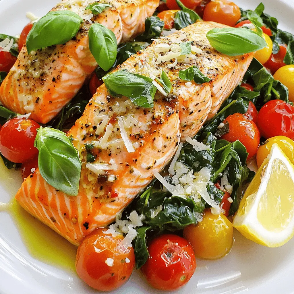 To make Tuscan Garlic Salmon, gather these fresh ingredients. Each one adds flavor and color to the dish. - Salmon Fillets: Use four fillets, about 6 ounces each. This fish is rich and tasty. - Garlic: You will need four cloves, finely minced. Garlic gives a strong, aromatic flavor. - Olive Oil: Three tablespoons of extra virgin olive oil add healthy fat and moisture. - Cherry Tomatoes: One cup of halved cherry tomatoes brings sweetness and juiciness. - Baby Spinach: One cup of fresh baby spinach adds color and nutrients. - Italian Seasoning: One teaspoon of this blend enhances the dish's flavor profile. - Lemon Juice: Use the juice of one fresh lemon for brightness and zest. - Additional Seasonings: Don’t forget sea salt and freshly cracked black pepper to taste. For the complete recipe, see the Full Recipe above. Start by preheating your oven to 400°F (200°C). This step is key for even cooking. A hot oven ensures that the salmon cooks perfectly. Next, take a large, oven-safe skillet. Pour in 2 tablespoons of olive oil and heat it over medium. Once the oil is shimmering, add the minced garlic. Sauté the garlic for about 30 seconds. The garlic should smell great but not brown. If it browns, it can taste bitter. Then, add the halved cherry tomatoes. Cook them for 3 to 4 minutes. They should soften and release their juices. After that, stir in fresh baby spinach. Cook for an additional 2 minutes until the spinach wilts. Season the mixture with Italian seasoning, salt, and pepper. This will boost the flavor. Now, create a space in the skillet for the salmon fillets. Push the tomato and spinach mix to the edges. Drizzle the last tablespoon of olive oil into the center. Place the salmon fillets skin-side down. Season each fillet with salt and pepper. Squeeze the fresh lemon juice over the salmon. Spoon some of the tomato-spinach mix on top of each fillet. This adds more flavor. Now, move the skillet to the preheated oven. Bake for 12 to 15 minutes. The salmon is ready when it flakes easily with a fork. Once cooked, take the skillet out of the oven. If you want, sprinkle freshly grated Parmesan cheese on top. This adds a rich creaminess. Finish by garnishing with fresh basil leaves for a bright touch. Serve the salmon on a white plate, and add a lemon wedge on the side. This not only looks nice but gives an extra zing. Enjoy your Tuscan Garlic Salmon! For the full recipe, check out the earlier section. To get the best Tuscan Garlic Salmon, timing is key. You want to cook the salmon until it flakes easily. Aim for 12 to 15 minutes in the oven at 400°F (200°C). If you cook it too long, it can dry out. Always check it a few minutes early. Salmon should be opaque and tender. Fresh ingredients make a big difference. Choose salmon that looks bright and fresh, not dull. Look for firm fillets with no brown spots. For tomatoes, pick ones that are vibrant and smell sweet. Fresh spinach should be crisp and green. Use good quality olive oil for the best flavor. To boost flavor, try these quick tips. Add a splash of white wine to the skillet after sautéing garlic. It adds depth and richness. You can also sprinkle some red pepper flakes for a mild kick. Fresh herbs like thyme or parsley can brighten the dish. For a twist, try a different cheese like feta instead of Parmesan. You can find the full recipe [here](#). {{image_4}} You can use other fish instead of salmon. Trout works well and has a mild flavor. Cod is another great choice, and it cooks quickly. These fish can soak up the Tuscan flavors just like salmon. Simply adjust your cooking time based on the thickness of the fillets. If you want to change up your veggies, try zucchini or bell peppers. Both add nice color and taste. You can also use kale instead of spinach. It gives a heartier texture and pairs well with garlic. Just make sure to cook them until they're tender but not mushy. Baking is an easy way to cook Tuscan Garlic Salmon. If you want a crispy outside, try pan-searing the fish first. Start in a hot skillet, then finish in the oven. You can also grill the salmon for a smoky flavor. Just be sure to watch it closely so it doesn’t overcook. Feel free to explore these variations to make the dish your own. For the full recipe, check out the detailed instructions above. Store your Tuscan Garlic Salmon in an airtight container. It stays fresh for up to three days. Let the salmon cool down before sealing it in. This helps prevent moisture buildup. If you want fresh flavors, eat it within this time. You can freeze Tuscan Garlic Salmon, but it’s best without the sauce. Wrap each fillet tightly in plastic wrap. Then, place them in a freezer bag. This method prevents freezer burn. The salmon can last up to three months in the freezer. When ready to eat, thaw it overnight in the fridge. To reheat, preheat your oven to 350°F (175°C). Place the salmon in a baking dish. Cover it with foil to keep it moist. Heat for about 15 minutes, or until warmed through. You can also use a microwave. Heat in short bursts of 30 seconds. Check to avoid overcooking. Enjoy your meal again with those rich Tuscan flavors! For the full recipe, visit the recipe section. Tuscan Garlic Salmon cooks in about 25 minutes. You need 10 minutes to prep and 15 minutes to bake. This quick time makes it perfect for a weeknight dinner. You can prep some parts of this dish ahead of time. Chop the garlic and tomatoes and wash the spinach. However, I recommend cooking the salmon fresh for the best taste. This dish pairs well with many sides. Try serving it with: - Steamed rice - Quinoa - Roasted vegetables - A fresh salad These sides enhance the meal and add variety. Yes, Tuscan Garlic Salmon is healthy. Salmon is rich in omega-3 fatty acids, which are good for your heart. The fresh veggies add vitamins and minerals. Plus, the dish uses olive oil, a healthy fat. It's a balanced meal you can feel good about! This blog post covered all you need for Tuscan Garlic Salmon. You learned about the key ingredients, easy steps to cook, and helpful tips. We also shared variations and storage info for your leftovers. Cooking can be fun and healthy, and this dish proves it. Experiment with fresh ingredients and try different fish. Meal prep can save you time and keep things tasty. Remember, cooking simple dishes can make you feel great. Enjoy your meal and share it with others!