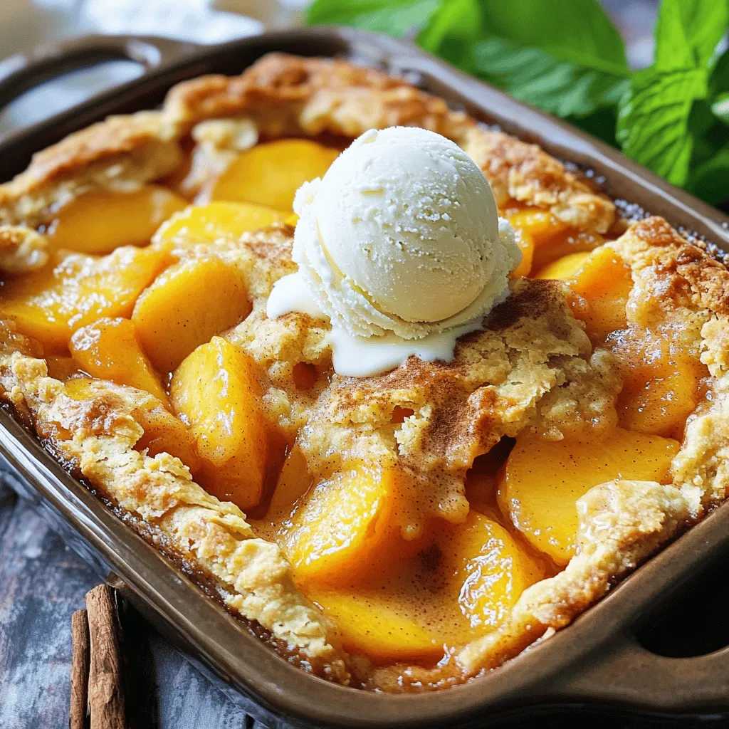 To make this easy homemade peach cobbler, gather these key ingredients: - 4 cups fresh peaches, peeled, pitted, and sliced - 1 cup granulated sugar, divided into two 1/2 cup portions - 1 teaspoon ground cinnamon - 1 teaspoon fresh lemon juice - 1 cup all-purpose flour - 1 teaspoon baking powder - 1/2 teaspoon salt - 1 cup whole milk - 1/2 cup unsalted butter, melted and slightly cooled - 1 teaspoon pure vanilla extract These ingredients work together to create a sweet, juicy filling and a fluffy, golden topping. The sugar and lemon juice bring out the peach flavor. The butter and milk help form a tender batter. When choosing fresh peaches, look for these signs of ripeness: - A sweet aroma that fills the air. - A slight give when you gently press the skin. - A rich, golden color, especially near the stem. Avoid peaches that feel too hard or have blemishes. Ripe peaches create a delicious cobbler with a vibrant, juicy taste. If they are not in season, you can use frozen peaches as a substitute. If you need to make changes, here are some easy swaps: - For granulated sugar, use brown sugar for a deeper flavor. - Instead of whole milk, almond milk or oat milk works well. - You can replace all-purpose flour with gluten-free flour for a gluten-free option. These substitutions keep the essence of peach cobbler while allowing for dietary needs. You can still enjoy a delightful treat with these options. Check the [Full Recipe] for more details on making this dessert your own! Start with fresh peaches. Use four cups of ripe peaches. Peel, pit, and slice them. In a medium bowl, mix the peaches with 1/2 cup of sugar, cinnamon, and lemon juice. Stir gently to coat the peaches. Let them sit for about ten minutes. This helps the peaches release their juices. It also boosts their flavor. In a large bowl, whisk together flour, baking powder, salt, and the other 1/2 cup of sugar. Mix well until combined. Pour in the milk, melted butter, and vanilla extract. Stir gently until the batter comes together. It’s fine if it looks a bit lumpy. Just don’t overmix; this keeps the cobbler light. Grease a 9x13-inch baking dish with butter. Pour the batter into the dish and smooth it out. Spoon the peach mixture on top, including all the juices. Spread the peaches evenly but don’t stir the layers. Bake in a preheated oven at 350°F for 35-40 minutes. The cobbler should be golden brown and bubbly. Check with a toothpick; it should come out clean. Let it cool for a few minutes before serving. For the full recipe, refer to the earlier section. To make your cobbler fluffy, be sure to mix the batter gently. Overmixing can lead to a dense texture. When you add the milk and butter, stir until just combined. It’s okay if the batter looks lumpy. This helps keep it light and airy. Ovens can vary, so keep an eye on your cobbler. Check it after 35 minutes. If it's not golden brown yet, let it bake a few more minutes. If the edges brown too fast, you can cover them with foil. Baking at 350°F (175°C) is key for even cooking. Peach cobbler shines when served warm. A scoop of vanilla ice cream on top makes it even better. The cold ice cream melts into the warm cobbler, creating a creamy delight. For a fun twist, try adding a sprinkle of cinnamon or a drizzle of caramel sauce on top. For the full recipe, refer back to the earlier section. Enjoy your baking! {{image_4}} You can switch out peaches for other fruits. Try using apples, berries, or cherries. Each fruit brings its own flavor. Apples add a crunch, while berries give a sweet-tart taste. If you want a tropical twist, use pineapple or mango. Adjust the sugar based on fruit sweetness. This way, your cobbler stays tasty and balanced. Making this recipe gluten-free is easy. Use almond flour or coconut flour instead of all-purpose flour. For a dairy-free option, swap whole milk with almond or oat milk. You can also use coconut oil instead of butter. These changes keep the texture nice. You’ll still get that warm, gooey goodness without the gluten or dairy. Spice up your cobbler with cinnamon or nutmeg for warmth. If you love zest, add lemon or orange zest to the fruit mixture. This makes the flavors pop. For a unique touch, mix in a splash of bourbon or rum. It adds depth to the taste. You can also try adding vanilla bean seeds for a richer flavor. These small changes make a big difference in each bite. For the full recipe, check out the delightful peach cobbler section above! To keep your peach cobbler fresh, let it cool down to room temperature. Then, cover it tightly with plastic wrap or foil. You can also place it in an airtight container. Store it in the fridge for up to three days. This way, you can enjoy this delicious dessert later. When you’re ready to enjoy the cobbler again, preheat your oven to 350°F (175°C). Place the cobbler in an oven-safe dish. Heat it for about 15-20 minutes until it’s warm and bubbly. This will bring back its lovely texture and flavor. You can also use the microwave, but be careful. Heat it in short bursts of 30 seconds to avoid sogginess. If you want to save some cobbler for later, freezing is a great option. Cut the cobbler into individual portions. Wrap each piece in plastic wrap and then place them in a freezer bag. Be sure to remove as much air as possible. You can freeze it for up to three months. When you want some, thaw it overnight in the fridge and reheat as mentioned above. Enjoy your homemade peach cobbler whenever you like! Cobbler has a soft, biscuit-like topping. Crisp features a crunchy topping, often made with oats. Both are fruity desserts, but their textures set them apart. Cobbler’s topping is thicker and cakier, while crisp is crumbly and light. You can enjoy both, but know the texture you prefer. Yes, you can use canned peaches. Just remember to drain them well. Canned peaches are sweet and soft, which makes them a good choice. They will work great in the recipe. You may want to reduce the sugar a bit due to their sweetness. Keep in mind that fresh peaches add a brighter flavor. Peach cobbler lasts about 3 to 5 days in the fridge. Make sure to cover it well to keep it fresh. If you want to enjoy it later, consider freezing it. When you reheat it, the cobbler will still taste great. I suggest warming it in the oven for the best results. You learned how to make a delicious peach cobbler from scratch. We covered ingredient choices, baking steps, and tips to make it great. You can even try fun variations or store leftovers. Remember, fresh peaches and a few key tricks will help you shine in the kitchen. Enjoy your homemade treat, and get creative with flavors. Your perfect peach cobbler awaits!