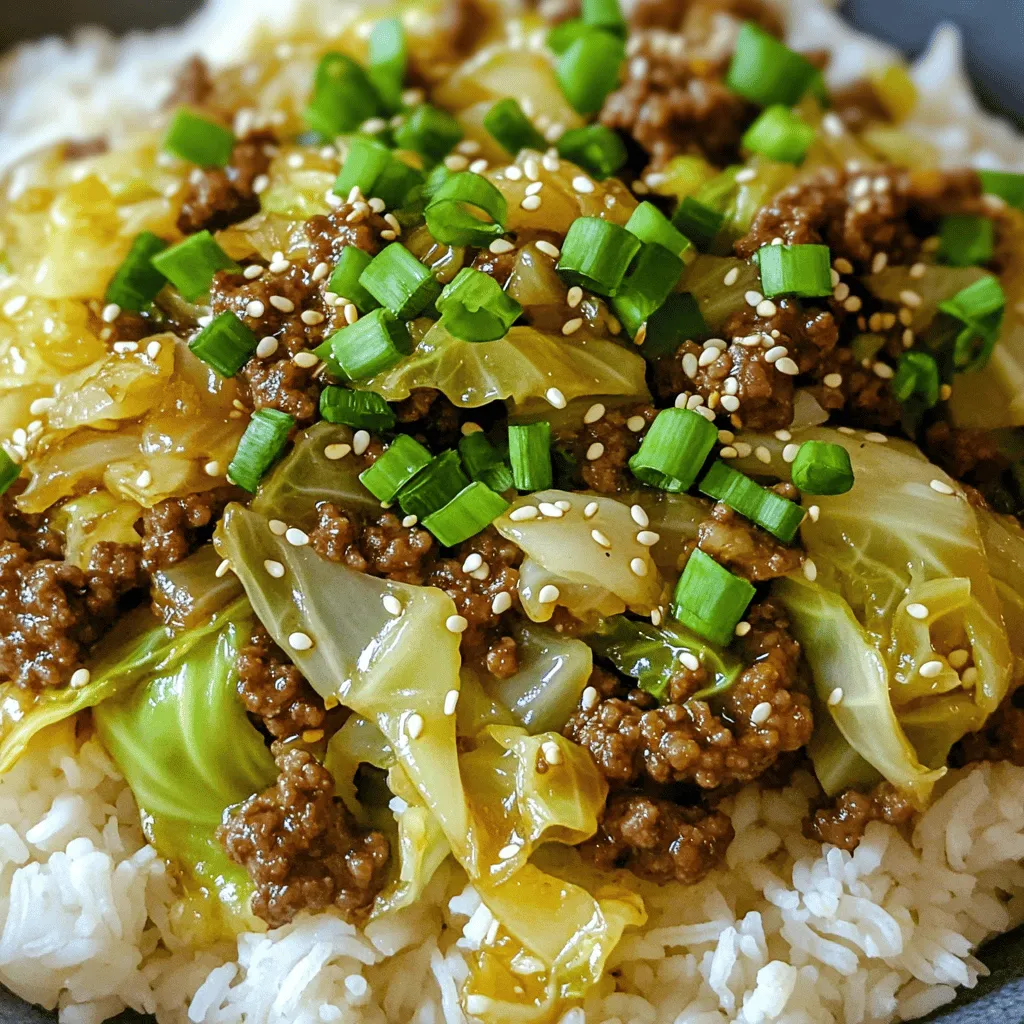 For my Quick Chinese Ground Beef & Cabbage Stir Fry, I use fresh and simple ingredients. Here’s what you need to gather for a delightful meal: - 1 pound ground beef - 4 cups green cabbage, finely shredded - 1 medium onion, thinly sliced - 2 cloves garlic, minced - 1 tablespoon fresh ginger, finely grated - 2 tablespoons low-sodium soy sauce - 1 tablespoon sesame oil - 1 tablespoon oyster sauce (optional for added depth) - 1 teaspoon cornstarch mixed with 2 tablespoons cold water - 2 green onions, finely chopped (for garnish) - Sesame seeds (for garnish) - Salt and pepper to taste - Cooked rice or noodles for serving Using quality ingredients makes all the difference. The beef gives flavor and protein. Cabbage adds crunch and nutrition. The aromatics like garlic and ginger bring warmth and zest. The soy and oyster sauces blend to create a savory sauce that ties the dish together. You can find the full recipe in the provided link. 1. Heating oil and sautéing onion: Start by heating the sesame oil in a large skillet over medium-high heat. You want the oil to shimmer but not smoke. Next, add the thinly sliced onion. Cook it for about 2-3 minutes until it turns soft and see-through. 2. Adding garlic and ginger: After the onion is ready, toss in the minced garlic and grated ginger. Stir them into the onion for about a minute. This will fill your kitchen with a wonderful aroma. 3. Cooking ground beef: Now, raise the heat to high and add the ground beef. Break it apart with a spatula as it cooks. Keep stirring until it is fully browned, which should take about 5-7 minutes. You want to make sure the beef cooks well and is no longer pink. 1. Incorporating cabbage: Once the beef is cooked, add the finely shredded cabbage to the mix. Stir everything together well. Cook for another 3-4 minutes, letting the cabbage wilt a bit but still stay crunchy. 2. Adding sauces and thickening: Pour in the low-sodium soy sauce and the oyster sauce if you’re using it. Stir to coat the beef and cabbage evenly. Then, add the cornstarch mixed with cold water to the skillet. This will help thicken the sauce. Stir quickly and cook for another minute until everything is nicely mixed. 1. Garnishing and serving recommendations: Once you take the stir fry off the heat, it’s time to garnish. Sprinkle the chopped green onions and sesame seeds on top for a nice finish. Serve this savory dish over fluffy rice or noodles, making it a perfect meal. Enjoy! To cook ground beef well, use a hot pan. This helps the beef brown nicely. Break the meat into small pieces as it cooks. This gives you a good texture. Aim for a nice brown color. This adds flavor to your dish. Cabbage needs care to keep its crunch. Add it near the end of cooking. This way, it wilts but stays crisp. Stir the cabbage gently. This helps it cook evenly without turning mushy. You can boost the flavor with more sauces. Try adding hoisin sauce for sweetness. A splash of rice vinegar gives a nice tang. If you like a kick, add sriracha or chili paste. Start with a small amount. You can always add more if needed. Adjust the spice to your taste. If you want more heat, add crushed red pepper. Mix it in while cooking for a nice kick. Always taste as you go. This ensures your stir fry is just right for you. For the full recipe, check out the section above. {{image_4}} You can switch things up for a vegetarian dish. Use plant-based ground meat instead of beef. Tofu is another great choice. Just drain it well and crumble it before adding. Instead of cabbage, try using bok choy or broccoli slaw for a different crunch. You can also swap out the soy sauce with tamari for a gluten-free option. If you want more flavor, add some hoisin sauce instead of oyster sauce. For extra spice, toss in a few red pepper flakes or some sliced chili peppers. This dish pairs well with a variety of grains. You can serve it over fluffy white rice or brown rice for a healthier option. Noodles are also a great fit. Try using udon or rice noodles for a fun twist. For a creative presentation, use a bowl to layer the rice or noodles first. Then, top it with the beef and cabbage stir fry. Add a sprinkle of sesame seeds and green onions for color. You can also serve it in lettuce cups for a fresh and crunchy bite. For the full recipe, check out the recipe section above. To store leftovers, let your stir fry cool first. Place it in an airtight container. You can keep it in the fridge for up to three days. When reheating, make sure it’s hot all the way through. This helps kill any bacteria. If you want to freeze your stir fry, do it within two hours of cooking. Divide it into smaller portions. Use freezer-safe bags or containers. Remove as much air as you can to prevent freezer burn. You can keep it frozen for about three months. When ready to eat, thaw it in the fridge overnight. Reheat it in a pan or microwave until hot. This dish stays tasty even after freezing! For the full recipe, click here. To make Quick Chinese Ground Beef & Cabbage Stir Fry, follow these steps: 1. Heat sesame oil in a skillet over medium-high heat. 2. Sauté sliced onion until soft. 3. Add minced garlic and grated ginger. Cook for one minute. 4. Increase heat, then add ground beef. Cook until browned. 5. Stir in shredded cabbage. Cook until slightly wilted. 6. Mix in soy sauce and optional oyster sauce. Stir well. 7. Add cornstarch-water mixture to thicken the sauce. 8. Season with salt and pepper. Garnish with green onions and sesame seeds. This dish takes about 20 minutes from start to finish. You can find the Full Recipe above for all details. Yes, you can use other vegetables! Bell peppers, carrots, or snap peas work well. Just chop them small so they cook quickly. You can also add broccoli or bok choy for extra greens. Feel free to mix and match based on what you like or have on hand. You can serve the stir fry over fluffy cooked rice or noodles. Both options complement the flavors nicely. Adding a side of steamed vegetables or a simple salad can make a great meal. If you want something crunchy, sprinkle extra sesame seeds on top! This blog post covered how to make a tasty Quick Chinese Ground Beef and Cabbage Stir Fry. You learned the key ingredients, preparation steps, and how to enhance flavors. I shared tips for better cooking and various ways to serve this dish. In your kitchen, you can mix it up with different veggies or spices. Enjoy making this dish your own. With these simple steps, you can create a meal that is both quick and delicious. Happy cooking!