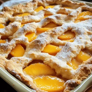 To make this delicious cobbler, you need the following main ingredients: - 4 cups fresh peaches, peeled and sliced - 1 cup granulated sugar - 1 tablespoon freshly squeezed lemon juice - 1 teaspoon pure vanilla extract - 1 teaspoon ground cinnamon - 1/4 teaspoon ground nutmeg - 2 tablespoons cornstarch - 1/2 cup unsalted butter, melted - 2 cups all-purpose flour - 1 tablespoon baking powder - 1 teaspoon salt - 3/4 cup milk - 1/4 cup packed brown sugar - 1 teaspoon powdered sugar, for dusting These ingredients create a sweet, juicy filling and a lovely, crisp topping. When measuring ingredients, use dry measuring cups for flour and sugar. For liquids, use a clear measuring cup. Make sure to level off dry ingredients for accuracy. For the peaches, choose ripe ones for the best flavor. Peel them easily by blanching in boiling water for 30 seconds, then transferring them to ice water. This makes the skin come off quickly. Mix the peach filling gently to keep the slices intact. Let it rest for about 10 minutes. This allows the juices to mix with the sugar and spices, creating a tasty syrup. You can add a few ingredients for extra flavor: - 1/2 teaspoon almond extract for a nutty taste - 1 tablespoon fresh herbs like thyme for a twist - A splash of bourbon or rum for depth These optional ingredients can elevate your cobbler to new heights. Don't be afraid to experiment! For the full recipe, check out the complete instructions. To make the peach filling, start by peeling and slicing 4 cups of fresh peaches. Place the peaches in a large bowl. Add 1 cup of granulated sugar, 1 tablespoon of lemon juice, 1 teaspoon of vanilla extract, 1 teaspoon of ground cinnamon, 1/4 teaspoon of nutmeg, and 2 tablespoons of cornstarch. Mix everything well. This helps to coat the peaches and bring out their sweet flavor. Let it sit for about 10 minutes. This resting time lets the juices blend and makes the filling juicy. In another bowl, whisk together 2 cups of flour, 1 tablespoon of baking powder, and 1 teaspoon of salt. Make a well in the center. Pour in 1/2 cup of melted butter and 3/4 cup of milk. Mix gently with a spatula until just combined. Don't worry if the batter is a bit lumpy; this adds to the cobbler's charm. Grease a 9x13-inch baking dish. Pour half of the batter into the dish, spreading it evenly. Next, layer the peach filling on top of the batter. Be sure to distribute the peaches evenly for great flavor. Drizzle the rest of the batter over the peaches. It's okay if the peaches peek through; it looks rustic. Finally, sprinkle 1/4 cup of brown sugar on top. This will create a nice, crispy crust. Bake in a preheated oven at 375°F (190°C) for 40-45 minutes. The cobbler is ready when it's golden brown and bubbly. Let it cool for about 10 minutes before serving. For an extra touch, dust the top with powdered sugar. Enjoy this delightful dessert warm! To get a great triple crust, start with ripe peaches. The peaches should be juicy and sweet. Use a mix of butter and milk to make the batter rich. This makes the crust flaky and tender. Be careful not to overmix the batter. A few lumps are okay! They add texture. Use a 9x13-inch dish for even baking. This size helps the cobbler cook well and gives it a nice shape. One common mistake is using unripe peaches. They won’t give you the sweet taste you want. Another mistake is not letting the peach mixture sit. This step helps the flavors mix and the juices to flow. Don't skip the cornstarch. It thickens the filling and keeps it from being runny. Also, avoid opening the oven door too often while baking. This can change the temperature and affect how the cobbler cooks. Serve your cobbler warm for the best taste. It pairs well with vanilla ice cream. The cold ice cream melts into the warm cobbler, creating a delicious mix. You can also add whipped cream for a lighter touch. For a fun twist, sprinkle nuts or granola on top. Fresh mint leaves add a pop of color and flavor. Enjoy your dessert with friends or family; it makes a great treat for gatherings! For the complete recipe, check the Full Recipe link. {{image_4}} You can switch up the fruit in this cobbler. For summer, try berries. Blueberries and raspberries work well. In fall, use apples or pears. Their flavors blend nicely with spices. Each season brings a new taste, making your cobbler unique. If you need gluten-free options, use almond flour or a gluten-free blend. Both work well in place of all-purpose flour. For a dairy-free version, replace butter with coconut oil. Use almond or oat milk instead of regular milk. These swaps keep the dessert tasty without dairy or gluten. Get creative with toppings! Add a scoop of ice cream or whipped cream. For a crunchy twist, sprinkle some granola on top. You can also drizzle honey or chocolate sauce. Each addition brings a new layer of flavor and texture to your cobbler. For the full recipe, check out the link provided. After you have enjoyed your delicious cobbler, store any leftovers in an airtight container. Keep it at room temperature for up to two days. If it is warm, allow it to cool first. This keeps the crust from getting too soggy. For longer storage, put it in the fridge. It can last up to five days there. If you want to save your cobbler for later, freezing is a great option. First, let the cobbler cool completely. Then, wrap it tightly in plastic wrap or aluminum foil. Place it in a freezer-safe container or bag. This will protect it from freezer burn. You can freeze it for up to three months. When you’re ready to eat, just thaw it in the fridge overnight. To bring back that fresh-baked taste, reheat your cobbler in the oven. Preheat your oven to 350°F (175°C). Place the cobbler in an oven-safe dish. Cover it with aluminum foil to keep it from drying out. Heat for about 15-20 minutes, or until it is warm throughout. For extra crispiness, remove the foil for the last few minutes. Enjoy it warm, perhaps with a scoop of ice cream! To peel peaches easily, start by boiling water in a large pot. Next, score an "X" shape on the bottom of each peach. Once the water boils, drop the peaches in for about 30 seconds. Remove them and place them in an ice bath. The skins will slip off with little effort. This method saves time and keeps your hands clean. Yes, you can use canned peaches if fresh ones are not available. Just make sure to drain them well. Canned peaches may have added sugar, so you might want to adjust the sugar in the recipe. They can make a tasty cobbler, but fresh peaches give a better flavor and texture. You can tell your peach cobbler is done when the top is golden brown. A toothpick should come out clean from the crust. Look for bubbling around the edges too. This means the filling is hot and ready. Let it cool for about 10 minutes before serving. Enjoy your delicious dessert! In this blog post, we explored how to make a delicious triple crust peach cobbler. We covered key ingredients, step-by-step instructions, and helpful tips for perfect results. Remember, using fresh peaches can make a big difference. Don’t shy away from trying variations to suit your taste. Whether you choose to freeze leftovers or heat them later, enjoy this treat whenever you can. Follow these steps, and you’ll create a dessert that brings joy to all. Happy baking!