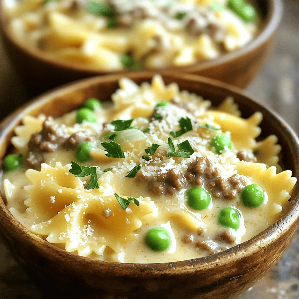 Here’s what you need for this creamy beef and bowtie pasta dish: - 8 oz bowtie pasta - 1 lb ground beef - 1 medium onion, finely chopped - 3 cloves garlic, minced - 1 cup heavy cream - 1 cup beef broth - 1 cup frozen peas - 1 cup grated Parmesan cheese - 2 tablespoons olive oil - 1 teaspoon Italian seasoning - Salt and black pepper to taste - Fresh parsley, chopped (for garnish) These ingredients create a rich and creamy sauce that coats every bowtie perfectly. Each item plays a key role in the final taste. The ground beef adds protein and heartiness. The heavy cream creates that velvety texture we love. The peas add a pop of color and sweetness. Feel free to adjust the seasoning to fit your taste. Fresh parsley gives a nice finish. This recipe makes a comforting meal that feels special. You can find the full recipe to guide you through the cooking process. - Bring a large pot of salted water to a boil. - Cook bowtie pasta until al dente and drain. To cook the pasta, you need a large pot. Fill it with water and add salt. This helps flavor the pasta. Once the water boils, add the bowtie pasta. Follow the package instructions for timing. You want the pasta firm but not hard. This is called al dente. When it's done, drain the pasta in a colander and set it aside. - Sauté onion and garlic in olive oil. - Brown the ground beef with seasoning. Next, let’s prepare the beef mixture. In a large skillet, pour in olive oil and heat it over medium heat. Add finely chopped onions first. Stir them for about 3-4 minutes. You want them soft and clear. After that, add minced garlic. Cook it for one more minute until it smells good. Now, increase the heat to medium-high. Add ground beef to the skillet. Use a spatula to break it up as it cooks. Brown the beef for about 5-7 minutes. Sprinkle in salt, black pepper, and Italian seasoning to boost the flavor. - Add beef broth and simmer. - Stir in heavy cream until thickened. Now, it's time to make the cream sauce. Lower the heat back to medium. Carefully pour in the beef broth. Let it simmer for a few minutes. This helps all the flavors mix well. After that, slowly stir in heavy cream. Keep cooking for about 2-3 minutes. You want the sauce to thicken and become creamy. - Toss cooked pasta and peas with cream sauce. - Heat through for even coating. Now, we’ll bring everything together. Add the cooked bowtie pasta and frozen peas to the skillet. Toss them gently in the cream sauce. Make sure the pasta and peas are fully coated. Allow the dish to warm through for another 2-3 minutes. This ensures everything is hot and mixed well. - Incorporate grated Parmesan cheese. - Adjust seasoning to taste. Finally, remove the skillet from heat. Sprinkle grated Parmesan cheese over the pasta mixture. Stir it well until the cheese melts into the sauce. Taste the dish, and add more salt or pepper if needed. This step makes sure your creamy beef and bowtie pasta is just right. For the full recipe, refer to the section above. To get that perfect al dente texture, cook your bowtie pasta just right. Start by boiling a large pot of water. Add a generous amount of salt; this helps flavor the pasta. Follow the package instructions for cooking time. Typically, that means cooking it for about 8 to 10 minutes. Test the pasta a minute or two before the time is up. It should be firm but not hard. Drain it carefully in a colander and set it aside. To boost the flavor of your creamy beef and bowtie pasta, consider adding more spices or herbs. A pinch of red pepper flakes can add a nice kick. Fresh herbs like basil or thyme can brighten the dish. For the best creamy consistency, make sure to stir the heavy cream in slowly. This helps it blend smoothly with the beef broth. Cook it until it thickens slightly, which should take about 2 to 3 minutes. When serving this dish, think about pairing it with a light salad. A simple green salad with a vinaigrette works well. You can also add garlic bread for a tasty side. For garnishing, sprinkle freshly chopped parsley on top. This adds color and fresh flavor. If you love cheese, feel free to add more grated Parmesan on each serving. This makes it look extra special! For the full recipe, check out the complete instructions above. {{image_4}} If you want to switch things up, try different meats. Ground turkey or chicken works well. For a vegetarian option, use lentils or mushrooms. These swaps make the dish lighter and still tasty. You can also change the pasta. Shells or penne can add a fun twist. As for sauces, try Alfredo or a garlic cream sauce instead for new flavors. Adding veggies boosts the nutrition in your creamy beef and bowtie pasta. Think about tossing in spinach, broccoli, or bell peppers. You can even sneak in some zucchini or carrots for extra color. Sauté these veggies with the onion and garlic. Use seasonal ingredients like asparagus in spring or butternut squash in fall. This keeps the dish fresh and vibrant. If you like heat, consider adding red pepper flakes or fresh jalapeños. Sprinkle some flakes in the cream sauce for a mild kick. For more heat, chop up jalapeños and mix them in with the beef. You can also use a spicy sauce like arrabbiata. Just remember to adjust the creaminess to balance the heat. Add a bit more cream for a rich texture that cools the spice. For the full recipe, check out the Creamy Beef Bowtie Delight. To store creamy beef and bowtie pasta, let it cool down first. Place the leftovers in an airtight container. Make sure to close it tightly. This helps keep the dish fresh for about 3 to 4 days in the fridge. To keep the dish tasting great, cover it well. If you can, use plastic wrap before sealing the container. This extra layer keeps moisture in and air out. When you’re ready to eat, simply reheat the portion you want. If you want to save some for later, freezing works well. Transfer the cooled pasta to a freezer-safe container. Leave some space at the top, as the dish will expand when it freezes. You can also use freezer bags for easy storage. Just lay them flat for compact stacking. To thaw, move the container to the fridge for several hours or overnight. For a quick method, place the bag under cold water. Once thawed, reheat the pasta gently on the stove. Add a splash of cream or broth to keep it creamy. This will help it regain its delightful texture. For the full recipe, check the complete instructions. Yes, you can prepare this dish in advance. Cook the pasta and sauce separately. Store them in airtight containers. Refrigerate for up to three days. When ready to eat, combine them and heat on the stove. To keep the pasta creamy, add a splash of milk or broth when reheating. Heat gently over low heat. Stir often to prevent sticking. This method helps maintain the sauce's smooth texture. Absolutely! You can swap Parmesan for mozzarella or cheddar. Each cheese brings a unique flavor. Experiment with your favorite cheeses to find the best match for your taste. Pair this dish with a fresh salad or garlic bread. Steamed vegetables also work well. These sides add color and balance to your meal. They enhance the overall dining experience. Yes, this recipe is great for meal prep. You can easily double the ingredients for more servings. Portion out meals in containers for quick lunches or dinners. Enjoy your creamy beef and bowtie pasta throughout the week! This blog post covered how to make creamy beef and bowtie pasta. We explored key ingredients like bowtie pasta, ground beef, and Parmesan cheese. You learned step-by-step instructions, tips for enhancing flavor, and variations to try. Remember to store your leftovers properly for the best taste. With this guide, you can cook a dish that's not only delicious but also easy to prepare. Enjoy making it your own and share it with family or friends!
