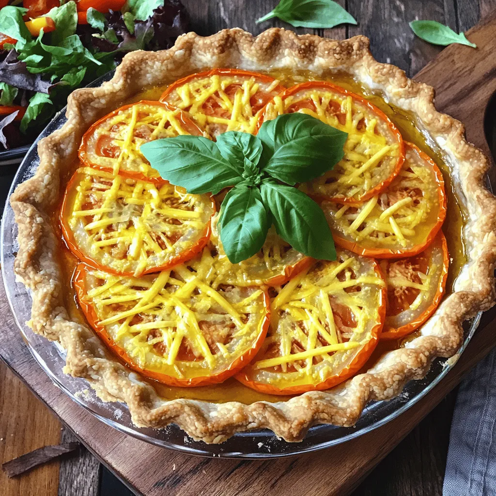 To make a great Southern tomato pie, you need simple yet fresh ingredients. Here’s what you should gather: - 2 cups fresh ripe tomatoes, thinly sliced - 1 cup shredded mozzarella cheese - 1 cup shredded sharp cheddar cheese - 1/2 cup mayonnaise - 1/4 cup fresh basil, finely chopped - 1/4 cup green onions, finely chopped - 1 teaspoon Dijon mustard - Salt and freshly ground pepper to taste - 1 pre-made pie crust (store-bought or homemade) - 1 tablespoon extra virgin olive oil - 1 tablespoon cornmeal (optional, for crust texture) These ingredients combine for a rich and creamy flavor. The tomatoes bring a juicy freshness, while the cheeses add a melty goodness. For the best taste, choose tomatoes that are ripe and flavorful. I recommend: - Heirloom tomatoes for their sweet and complex flavor - Beefsteak tomatoes for their large size and meaty texture - Roma tomatoes for their firmness and low moisture Using a mix of these varieties can elevate your dish. Each type adds its unique taste and texture to the pie. Seasoning is key to enhance the flavors in your pie. Besides salt and pepper, consider adding: - Garlic powder for a hint of depth - Crushed red pepper flakes for a bit of heat - Grated Parmesan cheese for a salty finish For toppings, you might want to sprinkle some extra cheese or fresh herbs like parsley or more basil. These small touches can make your Southern tomato pie even more special. You can find the Full Recipe for more details on preparation and baking! Start by preheating your oven to 375°F (190°C). This makes sure the oven is hot when you bake. Next, take your pie crust. If you bought it, place it in a 9-inch pie dish. Press it into the edges to fit well. If you made your own, roll out the dough to fit the dish. For a better crust, you can sprinkle cornmeal on the bottom. This helps the crust stay crisp and adds a nice texture. Now, let’s prep the tomatoes. Slice your fresh tomatoes thinly. This helps them cook evenly. Sprinkle a bit of salt on the slices and let them sit in a colander for 10-15 minutes. This step is key. It helps draw out extra moisture. With less water, your pie won’t get soggy. In a large bowl, combine the filling. Add 1 cup of shredded mozzarella cheese and 1 cup of sharp cheddar cheese. Then, mix in 1/2 cup of mayonnaise, 1/4 cup of chopped basil, and 1/4 cup of green onions. Don’t forget to add 1 teaspoon of Dijon mustard. Season with salt and pepper. Stir until everything is creamy and well mixed. This mix will bring a rich flavor to your pie. For the full recipe, check out the details above. Enjoy making your Southern Tomato Pie! Choose ripe tomatoes for the best flavor. Look for firm, slightly soft tomatoes with deep color. Varieties like heirloom, vine-ripened, or beefsteak work well. They bring sweetness and tang to your pie. Avoid tomatoes that feel mushy or have dark spots. Fresh, local tomatoes often taste best. To keep your pie from getting soggy, it’s key to remove excess moisture. After slicing your tomatoes, sprinkle them with salt and let them drain in a colander. This step helps draw out water. You can also sprinkle cornmeal in the pie crust. This adds texture and absorbs moisture. Serve your Southern Tomato Pie warm or at room temperature. A fresh green salad pairs nicely with the pie. You can also add a drizzle of balsamic reduction for extra flavor. For a festive touch, garnish with fresh basil leaves. This makes each slice pop with color and taste. For the full recipe, check out the Southern Tomato Pie Delight section. {{image_4}} You can easily add protein to your Southern tomato pie. Try cooked bacon or diced ham for a smoky flavor. Cooked chicken or shrimp also works well. Simply layer the protein between the tomatoes and cheese. This makes the dish heartier and even more satisfying. If you want a vegetarian pie, skip the meat and focus on fresh veggies. Add spinach, zucchini, or bell peppers for extra nutrition. For a vegan twist, use vegan cheese and mayo. You can also replace regular pie crust with a plant-based one. This keeps the dish light while still being tasty. Get creative with toppings to make your pie shine. Try adding a sprinkle of breadcrumbs for a crunchy top. You can also use sliced olives or jalapeños for some heat. Fresh herbs like thyme or oregano can brighten up the flavor. Finally, a drizzle of balsamic glaze before serving adds a touch of sweetness. For the full recipe, check out the Southern Tomato Pie Delight! After enjoying your Southern Tomato Pie, store any leftovers in the fridge. Place slices in an airtight container. This keeps the pie fresh for up to three days. If you notice excess moisture, place a paper towel in the container to absorb it. To reheat, preheat your oven to 350°F (175°C). Place a slice of pie on a baking sheet. Heat for about 15-20 minutes. This method keeps the crust crispy. If you’re in a hurry, you can use the microwave. Heat on medium power for 1-2 minutes. This method is quick but may make the crust softer. You can freeze Southern Tomato Pie for longer storage. Wrap the whole pie or slices tightly in plastic wrap. Then, place them in a freezer bag or container. This keeps the pie fresh for up to three months. To enjoy, thaw in the fridge overnight. Reheat in the oven for best results. Yes, you can use canned tomatoes in a pinch. Look for whole, peeled tomatoes. Drain them well to avoid excess moisture. Fresh tomatoes give better flavor, but canned can work fine if necessary. Just remember to season them to enhance their taste. Southern Tomato Pie pairs well with a fresh side salad. A crisp green salad with a light vinaigrette complements the pie's richness. You can also serve it with grilled vegetables or a simple pasta dish. These sides balance the flavors and add variety to your meal. To make this recipe gluten-free, choose a gluten-free pie crust. Many stores sell ready-made gluten-free options. You can also make a crust using almond flour or gluten-free oats. Just ensure all your other ingredients, like cheese and spices, are gluten-free as well. Enjoy your pie without worry! Southern Tomato Pie is a delicious dish full of ripe tomatoes and savory flavor. You learned how to choose the best ingredients, prepare the pie, and avoid sogginess. The tips for variations and storage help you enjoy it longer. Feel free to be creative! This pie can fit many diets and tastes. Whether you share it with friends or enjoy it solo, it’s sure to impress. With this recipe in hand, you’re ready to whip up your own Southern Tomato Pie masterpiece!
