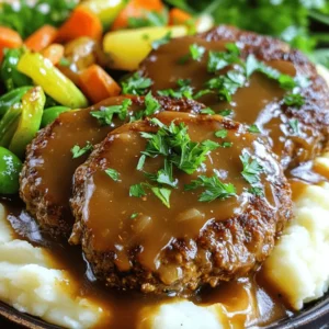 - 1 pound ground beef - 1/2 cup plain breadcrumbs - 1/4 cup freshly grated Parmesan cheese - 2 cloves minced garlic - 1 teaspoon Worcestershire sauce - Salt and pepper to taste - 2 cups beef broth - 1 tablespoon cornstarch (optional) - Fresh parsley for garnish When making the best Salisbury steak, the ingredients matter. Ground beef is the star. Choose lean beef for the best taste. It gives a great flavor and texture. Plain breadcrumbs help bind the meat. They keep the patties from falling apart. Parmesan cheese adds a rich taste. It makes the dish tasty and unique. Next, we have the seasonings. Minced garlic gives a lovely aroma. It adds depth to the meat. Worcestershire sauce brings umami. It makes the flavors pop. Salt and pepper are simple but essential. They enhance all the other tastes. For the gravy, beef broth is key. It creates a rich sauce. If you like a thicker gravy, use cornstarch. Mix it with cold water first. This keeps it smooth. Don't forget fresh parsley! It adds color and flavor. It makes your dish look and taste great. With these ingredients, you are set to make a delicious Salisbury steak. Follow the Full Recipe for the complete process! To start, combine all the meat mixture ingredients in a bowl. You need: - 1 pound ground beef - 1/2 cup plain breadcrumbs - 1/4 cup grated Parmesan cheese - 1 small onion, finely chopped - 2 cloves garlic, minced - 1 large egg, beaten - 1 teaspoon Worcestershire sauce - Salt and black pepper Mix these together well. It is key to blend everything until smooth. This ensures the flavors meld together nicely. If you skip this, your patties may not taste as good. Next, divide the mixture into four equal parts. Shape each part into an oval patty. Aim for about 1 inch thick. When shaping, press firmly to make the patties compact. This helps them hold their shape while cooking. A well-formed patty cooks better and stays juicy. Heat 2 tablespoons of olive oil in a skillet over medium heat. The oil should shimmer before you add the patties. Place them in the skillet carefully. Cook for 4-5 minutes on each side. You want a nice brown crust. This crust adds flavor and texture to your dish. After cooking the patties, it's time for the gravy. Pour in 2 cups of beef broth into the same skillet. Use a spatula to scrape the bottom of the pan. This lifts all those tasty browned bits. Bring it to a simmer. Let the flavors combine for the best results. If you like thicker gravy, you can use cornstarch. Mix 1 tablespoon of cornstarch with cold water to make a smooth slurry. Add this to the simmering broth while stirring. Keep mixing until the gravy thickens to your liking. Now, return the cooked patties to the skillet. Spoon some gravy over them. Cover the skillet and let it simmer for another 5-7 minutes. This allows the patties to soak up the rich flavors of the gravy. Your dish is almost ready to serve! To make your Salisbury steak shine, use fresh herbs. I love thyme and parsley. They add bright notes to the dish. For spices, try garlic powder or onion powder. They boost the taste without overpowering it. When you season the meat, be bold with salt and pepper. Mix them in well. You want every bite to be tasty. If you make thicker patties, increase the cooking time. Aim for about six to seven minutes per side. This ensures the center cooks through. For ground beef alternatives, like turkey, adjust to about five minutes per side. Ground turkey cooks faster, so keep an eye on it. Serve your Salisbury steak on warm plates. This keeps the dish hot longer. A rich gravy on top makes it look inviting. Add a sprinkle of parsley for color. For sides, creamy mashed potatoes work great. Steamed green beans add a nice crunch. They also bring a fresh touch to the plate. Enjoy your meal! {{image_4}} You can make Salisbury steak with different meats. Turkey or chicken can replace beef. These options create a lighter dish with great flavor. Ground turkey has a mild taste, and it absorbs seasonings well. Chicken adds a unique twist. Use the same method as the beef recipe. For a vegetarian version, mushrooms work great. Chop mushrooms finely and mix them with breadcrumbs. This gives you a hearty, meat-like texture. If you want a twist on the gravy, try mushroom gravy. Start by sautéing chopped mushrooms in butter. Add flour, and stir to create a roux. Gradually whisk in vegetable broth. This will give you a rich, earthy flavor that pairs well with the patties. Onion gravy is another option. Sauté sliced onions until they are golden. Add broth and let it simmer. This adds a sweet and savory taste to your dish. Salisbury steak pairs well with many sides. Creamy mashed potatoes are a classic choice. They soak up the gravy perfectly. Steamed vegetables like green beans or carrots add color and crunch. For a fun twist, serve it on a bun as a hearty sandwich. You can also add a fresh salad to balance the meal. These choices make your dinner complete and satisfying. Store your Salisbury steak in an airtight container. This keeps it fresh and tasty. You can put it in the fridge for up to three days. If you want to keep it longer, consider freezing it. Always check if it smells or looks off before eating. To freeze your Salisbury steaks, let them cool first. Wrap each patty in plastic wrap. Then, place them in a freezer-safe bag. Squeeze out the air to prevent freezer burn. You can freeze them for up to three months. When ready to eat, take them out. Thaw the steaks overnight in the fridge. For reheating, you can use a skillet or the microwave. If you use the microwave, cover the dish to keep moisture in. Heat until hot throughout. Enjoy your meal! Salisbury steak is a dish made from ground beef. It is mixed with breadcrumbs, onions, and seasonings. The name comes from Dr. James Salisbury, who promoted a meat-based diet in the 1800s. It is often served with gravy and mashed potatoes. Traditionally, you find it in diners and family homes across America. It's comfort food at its best. Yes, you can prepare Salisbury steak in advance. Make the patties and store them in the fridge. They will stay fresh for up to a day. You can also freeze them for later. Just thaw them in the fridge before cooking. This helps save time on busy days. To check if the patties are cooked, use a meat thermometer. The inside should reach 160°F. If you don’t have a thermometer, cut a patty in half. The meat should be brown all the way through, with no pink showing. Let them rest for a few minutes after cooking. This helps keep them juicy. I recommend creamy mashed potatoes or buttery egg noodles. They balance the rich gravy well. You can also serve it with steamed vegetables like green beans or peas. For drinks, try a light red wine or a cold iced tea. They enhance the meal's flavor without overpowering it. Here are the ingredients for the Best Salisbury Steak and Gravy Recipe: - 1 pound ground beef - 1/2 cup plain breadcrumbs - 1/4 cup freshly grated Parmesan cheese - 1 small onion, finely chopped - 2 cloves garlic, minced - 1 large egg, beaten - 1 teaspoon Worcestershire sauce - Salt and freshly ground black pepper to taste - 2 tablespoons extra virgin olive oil - 2 cups beef broth - 1 tablespoon cornstarch (optional, for a thicker gravy) - Fresh parsley, finely chopped (for garnish) This recipe brings together all the flavors you need for a satisfying meal. In this blog post, we explored making Salisbury steak from scratch. We covered the key ingredients, including ground beef and seasonings, and shared step-by-step instructions for the perfect patties and rich gravy. Remember to experiment with flavors and cooking times for your taste. This dish serves well with various sides and makes for great leftovers. Enjoy discovering the variations and tips we discussed. You now have all the tools to create a delicious meal!