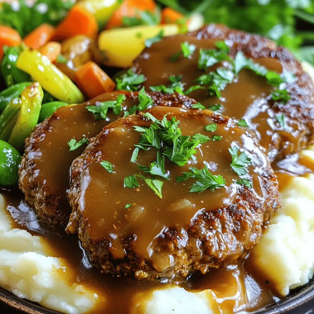 - 1 pound ground beef - 1/2 cup plain breadcrumbs - 1/4 cup freshly grated Parmesan cheese - 2 cloves minced garlic - 1 teaspoon Worcestershire sauce - Salt and pepper to taste - 2 cups beef broth - 1 tablespoon cornstarch (optional) - Fresh parsley for garnish When making the best Salisbury steak, the ingredients matter. Ground beef is the star. Choose lean beef for the best taste. It gives a great flavor and texture. Plain breadcrumbs help bind the meat. They keep the patties from falling apart. Parmesan cheese adds a rich taste. It makes the dish tasty and unique. Next, we have the seasonings. Minced garlic gives a lovely aroma. It adds depth to the meat. Worcestershire sauce brings umami. It makes the flavors pop. Salt and pepper are simple but essential. They enhance all the other tastes. For the gravy, beef broth is key. It creates a rich sauce. If you like a thicker gravy, use cornstarch. Mix it with cold water first. This keeps it smooth. Don't forget fresh parsley! It adds color and flavor. It makes your dish look and taste great. With these ingredients, you are set to make a delicious Salisbury steak. Follow the Full Recipe for the complete process! To start, combine all the meat mixture ingredients in a bowl. You need: - 1 pound ground beef - 1/2 cup plain breadcrumbs - 1/4 cup grated Parmesan cheese - 1 small onion, finely chopped - 2 cloves garlic, minced - 1 large egg, beaten - 1 teaspoon Worcestershire sauce - Salt and black pepper Mix these together well. It is key to blend everything until smooth. This ensures the flavors meld together nicely. If you skip this, your patties may not taste as good. Next, divide the mixture into four equal parts. Shape each part into an oval patty. Aim for about 1 inch thick. When shaping, press firmly to make the patties compact. This helps them hold their shape while cooking. A well-formed patty cooks better and stays juicy. Heat 2 tablespoons of olive oil in a skillet over medium heat. The oil should shimmer before you add the patties. Place them in the skillet carefully. Cook for 4-5 minutes on each side. You want a nice brown crust. This crust adds flavor and texture to your dish. After cooking the patties, it's time for the gravy. Pour in 2 cups of beef broth into the same skillet. Use a spatula to scrape the bottom of the pan. This lifts all those tasty browned bits. Bring it to a simmer. Let the flavors combine for the best results. If you like thicker gravy, you can use cornstarch. Mix 1 tablespoon of cornstarch with cold water to make a smooth slurry. Add this to the simmering broth while stirring. Keep mixing until the gravy thickens to your liking. Now, return the cooked patties to the skillet. Spoon some gravy over them. Cover the skillet and let it simmer for another 5-7 minutes. This allows the patties to soak up the rich flavors of the gravy. Your dish is almost ready to serve! To make your Salisbury steak shine, use fresh herbs. I love thyme and parsley. They add bright notes to the dish. For spices, try garlic powder or onion powder. They boost the taste without overpowering it. When you season the meat, be bold with salt and pepper. Mix them in well. You want every bite to be tasty. If you make thicker patties, increase the cooking time. Aim for about six to seven minutes per side. This ensures the center cooks through. For ground beef alternatives, like turkey, adjust to about five minutes per side. Ground turkey cooks faster, so keep an eye on it. Serve your Salisbury steak on warm plates. This keeps the dish hot longer. A rich gravy on top makes it look inviting. Add a sprinkle of parsley for color. For sides, creamy mashed potatoes work great. Steamed green beans add a nice crunch. They also bring a fresh touch to the plate. Enjoy your meal! {{image_4}} You can make Salisbury steak with different meats. Turkey or chicken can replace beef. These options create a lighter dish with great flavor. Ground turkey has a mild taste, and it absorbs seasonings well. Chicken adds a unique twist. Use the same method as the beef recipe. For a vegetarian version, mushrooms work great. Chop mushrooms finely and mix them with breadcrumbs. This gives you a hearty, meat-like texture. If you want a twist on the gravy, try mushroom gravy. Start by sautéing chopped mushrooms in butter. Add flour, and stir to create a roux. Gradually whisk in vegetable broth. This will give you a rich, earthy flavor that pairs well with the patties. Onion gravy is another option. Sauté sliced onions until they are golden. Add broth and let it simmer. This adds a sweet and savory taste to your dish. Salisbury steak pairs well with many sides. Creamy mashed potatoes are a classic choice. They soak up the gravy perfectly. Steamed vegetables like green beans or carrots add color and crunch. For a fun twist, serve it on a bun as a hearty sandwich. You can also add a fresh salad to balance the meal. These choices make your dinner complete and satisfying. Store your Salisbury steak in an airtight container. This keeps it fresh and tasty. You can put it in the fridge for up to three days. If you want to keep it longer, consider freezing it. Always check if it smells or looks off before eating. To freeze your Salisbury steaks, let them cool first. Wrap each patty in plastic wrap. Then, place them in a freezer-safe bag. Squeeze out the air to prevent freezer burn. You can freeze them for up to three months. When ready to eat, take them out. Thaw the steaks overnight in the fridge. For reheating, you can use a skillet or the microwave. If you use the microwave, cover the dish to keep moisture in. Heat until hot throughout. Enjoy your meal! Salisbury steak is a dish made from ground beef. It is mixed with breadcrumbs, onions, and seasonings. The name comes from Dr. James Salisbury, who promoted a meat-based diet in the 1800s. It is often served with gravy and mashed potatoes. Traditionally, you find it in diners and family homes across America. It's comfort food at its best. Yes, you can prepare Salisbury steak in advance. Make the patties and store them in the fridge. They will stay fresh for up to a day. You can also freeze them for later. Just thaw them in the fridge before cooking. This helps save time on busy days. To check if the patties are cooked, use a meat thermometer. The inside should reach 160°F. If you don’t have a thermometer, cut a patty in half. The meat should be brown all the way through, with no pink showing. Let them rest for a few minutes after cooking. This helps keep them juicy. I recommend creamy mashed potatoes or buttery egg noodles. They balance the rich gravy well. You can also serve it with steamed vegetables like green beans or peas. For drinks, try a light red wine or a cold iced tea. They enhance the meal's flavor without overpowering it. Here are the ingredients for the Best Salisbury Steak and Gravy Recipe: - 1 pound ground beef - 1/2 cup plain breadcrumbs - 1/4 cup freshly grated Parmesan cheese - 1 small onion, finely chopped - 2 cloves garlic, minced - 1 large egg, beaten - 1 teaspoon Worcestershire sauce - Salt and freshly ground black pepper to taste - 2 tablespoons extra virgin olive oil - 2 cups beef broth - 1 tablespoon cornstarch (optional, for a thicker gravy) - Fresh parsley, finely chopped (for garnish) This recipe brings together all the flavors you need for a satisfying meal. In this blog post, we explored making Salisbury steak from scratch. We covered the key ingredients, including ground beef and seasonings, and shared step-by-step instructions for the perfect patties and rich gravy. Remember to experiment with flavors and cooking times for your taste. This dish serves well with various sides and makes for great leftovers. Enjoy discovering the variations and tips we discussed. You now have all the tools to create a delicious meal!